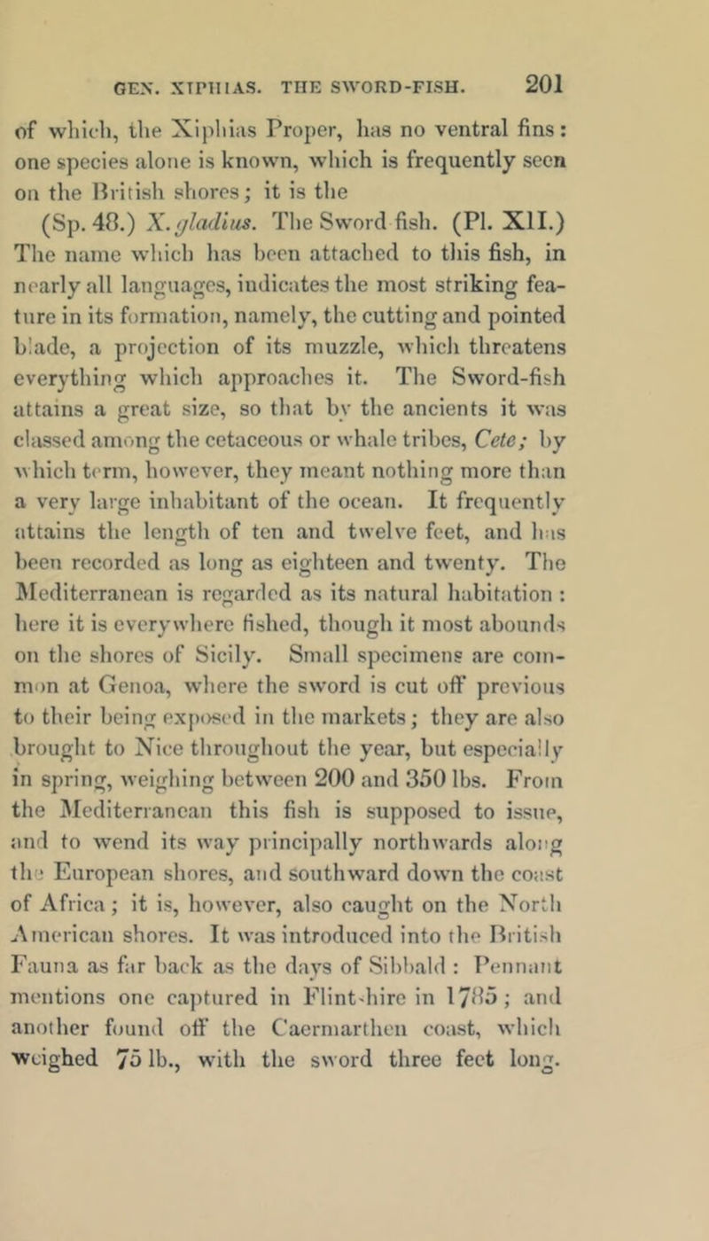 of which, the Xiplihis Proper, has no ventral fins: one species alone is known, which is frequently seen on the British shores; it is tlie (Sp. 48.) The Sword fish. (PI. XII.) Tlie name which has been attached to tliis fish, in nearly all languages, indicates the most striking fea- ture in its formation, namely, the cutting and pointed blade, a projection of its muzzle, wliicli threatens everything which approaches it. Tlie Sword-fish attains a great size, so that bv the ancients it was classed among the cetaceous or whale tribes, Cete; by which t('rm, however, they meant nothing more than a very large inhabitant of the ocean. It frequently attains the length of ten and twelve feet, and has been recorded as long as eighteen and twenty. The Mediterranean is regarded as its natural habitation : here it is everywhere fished, though it most abounds on the shores of Sicily. Small specimens are com- mon at Genoa, where the sw'ord is cut off previous to their being exposed in the markets; they are also .brought to Nice throughout the year, but especially in spring, weighing between 200 and 350 lbs. From the jMediterrancan this fish is supposed to issue, and to wend its way principally northwards along the European shores, and southward down the coast of Africa ; it is, however, also caught on the North American shores. It was introduced into the Briti.sh Fauna as far back as the days of Sibbald : Pennant mentions one captured in Flint-hire in 1785; and another found off the Caerniarthen coast, which Weighed 75 lb., with the sword three feet long.