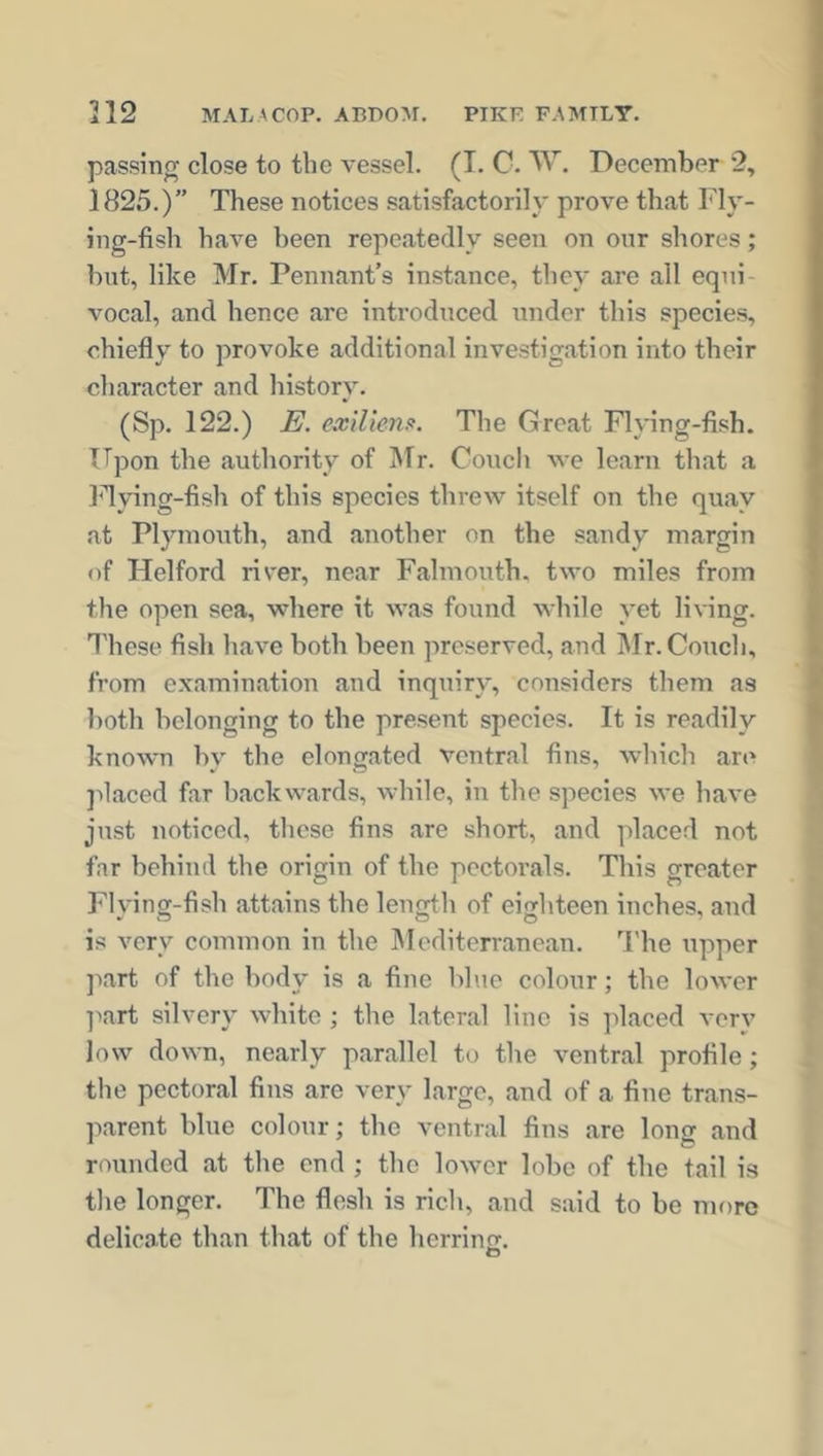 passing close to the vessel. (I. C. W. December 2, 1825.)” These notices satisfactorily prove that Fly- ing-fish have been repeatedly seen on our shores; but, like Mr. Pennant’s instance, they are all equi- vocal, and hence arc introduced under this species, chiefly to provoke additional investigation into their character and history. (Sp. 122.) E. exiliem. The Great Flying-fish. Upon the authority of Mr. Couch we learn that a Flying-fish of this species threw itself on the quay at Plymouth, and another on the sandy margin of Helford river, near Falmouth, two miles from the open sea, where it was found while yet living. These fish have both been preserved, and Mr. Couch, from examination and inquiry, considers them as both belonging to the present species. It is readily known bv the elongated ventral fins, which are placed far backwards, while, in the species we have just noticed, these fins are short, and placed not far behind the origin of the pectorals. This greater Flying-fish attains the length of eighteen inches, and is very common in the Mediterranean. The upper part of the body is a fine blue colour; the lower part silvery white ; the lateral line is placed very low down, nearly parallel to the ventral profile; the pectoral fins are very large, and of a fine trans- parent blue colour; the ventral fins are long and rounded at the end ; the lower lobe of the tail is the longer. The flesh is rich, and said to be more delicate than that of the herrinrr.