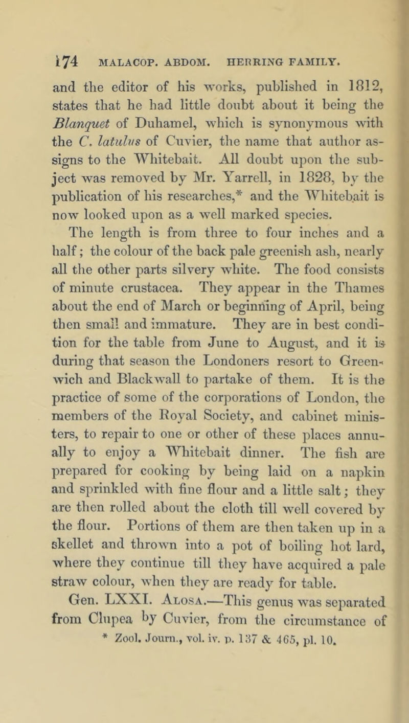 and the editor of his works, published in 1812, states that he had little doubt about it being the Blanquet of Duhamel, which is synonymous with the C. latulus of Cuvier, the name that author as- signs to the Whitebait. All doubt upon the sub- ject was removed by Mr. Yarrell, in 1828, by the publication of his researches,* and the Whitebait is now looked upon as a well marked species. The length is from three to four inches and a half; the colour of the back pale greenish ash, nearly all the other parts silvery white. The food consists of minute Crustacea. They appear in the Thames about the end of March or beginning of April, being then small and immature. They are in best condi- tion for the table from June to August, and it is during that season the Londoners resort to Green- wich and Blackwall to partake of them. It is the practice of some of the corporations of London, the members of the Royal Society, and cabinet minis- ters, to repair to one or other of these places annu- ally to enjoy a Whitebait dinner. The fish are prepared for cooking by being laid on a napkin and sprinkled with fine flour and a little salt; they are then rolled about the cloth till well covered by the flour. Portions of them are then taken up in a skellet and thrown into a pot of boiling hot lard, where they continue till they have acquired a pale straw colour, when they are ready for table. Gen. LXXI. Alosa.—This genus was separated from Clupea hy Cuvier, from the circumstance of * Zool. Journ., vol. iv. p. 137 & 465, pi. 10.