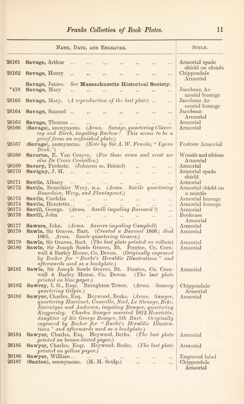 Name, Date, and Engeaver. Style. 26161 Savage, Arthur 26162 Savage, Henry Savage, James. See Massachusetts Historical Society. *418 Savage, Mary 26163 Savage, Mary. {A reproduction of the last plate) .. 26164 Savage, Samuel .. 26165 Savage, Thomas .. 26166 (Savage), anonymous. {Arms. Savage., quartering Claver- ing and Birch, impaling Barloio ? This seems to he a gwoof from an unfinished plate.) 26167 (Savage), anonymous. {Note hy Sir A. W. Franks, Lyons Booh.') 26168 Saverne, E. Van Cruj^ce. {For these arms and crest see also Be Croix Croisilles.) 26169 Savery, Frederic. (Johnson sc. Bristol) 26170 Savigny, J. H. 26171 Savile, Albany 26172 Savile, Bourchier Wrey, m.a. {Arms. Savile quartering B our elder, Wrey, and Plantagenet.) 26173 Savile, Cordelia .. 26174 Savile, Henrietta .. 26175 Savill, George. (Arms. Savill imqmling Bajmard ?) 26176 Savill, John 26177 Sawers, John. {Arms. Saiuers impaling Camphell) 26178 Sawle, Sir Graves, Bart. {Created a Baronet 1836; died 1865. Arms. Saivle quartering Graves.) 26179 Sawle, Sir Graves, Bart. {The last plate printed on vellum) 26180 Sawle, Sir Joseph Sawle Graves, Bt. Penrice, Co. Corn- wall & Barley House, Co. Devon. {Originally engraved hy Becker for ^‘■Burke’s Heraldic Illustrations'''’ and afterwards used as a bookplate.) 26181 Sawle, Sir Joseph Sawle Graves, Bt. Penrice, Co. Corn- wall & Barley House, Co. Devon. {The last plate printed on hlue paper.) 26182 Sawrey, I. G., Esqr. Broughton Tower. {Arms. Sawrey quartering Gilpin.) 26183 Sawyer, Charles, Esq. Heywood, Berks. {Arms. Sawyer, quartering Harcourt, Ca^nville, Noel, Le Strange, Beke, Barentyne and Anderson, impaling Boimyer, quartering Knypersley. Charles Sawyer married 1812 Henrietta, daughter of Sir George Bowyer, 5th Bart. Originally engraved hy Becker for “ Burke’s Heraldic Illustra- tiojis ” and afterwards used as a bookplatei) 26184 Sawyer, Charles, Esq. Heywood, Berks. {The last plate printed on brown-tinted paper.) 26185 Sawyer, Charles, Esqr. Heywood, Berks. {The last plate printed on yellow paper.) 26186 Sawyer, William.. 26187 (Saxton), anonymous. (M. M. Sculp.) Armorial spade shield on clouds Chippendale Armorial Jacobean Ar- morial lozenge Jacobean Ar- morial lozenge Jacobean Armorial Armorial Armorial Festoon Armorial Wreath and ribbon Armorial Armorial Armorial spade shield Armorial Armorial shield on a mantle Armorial lozenge Armorial lozenge Armorial Bookcase Armorial Armorial Armorial Armorial Armorial Armorial Chippendale Armorial Armorial Armorial Armorial Engraved label Chippendale