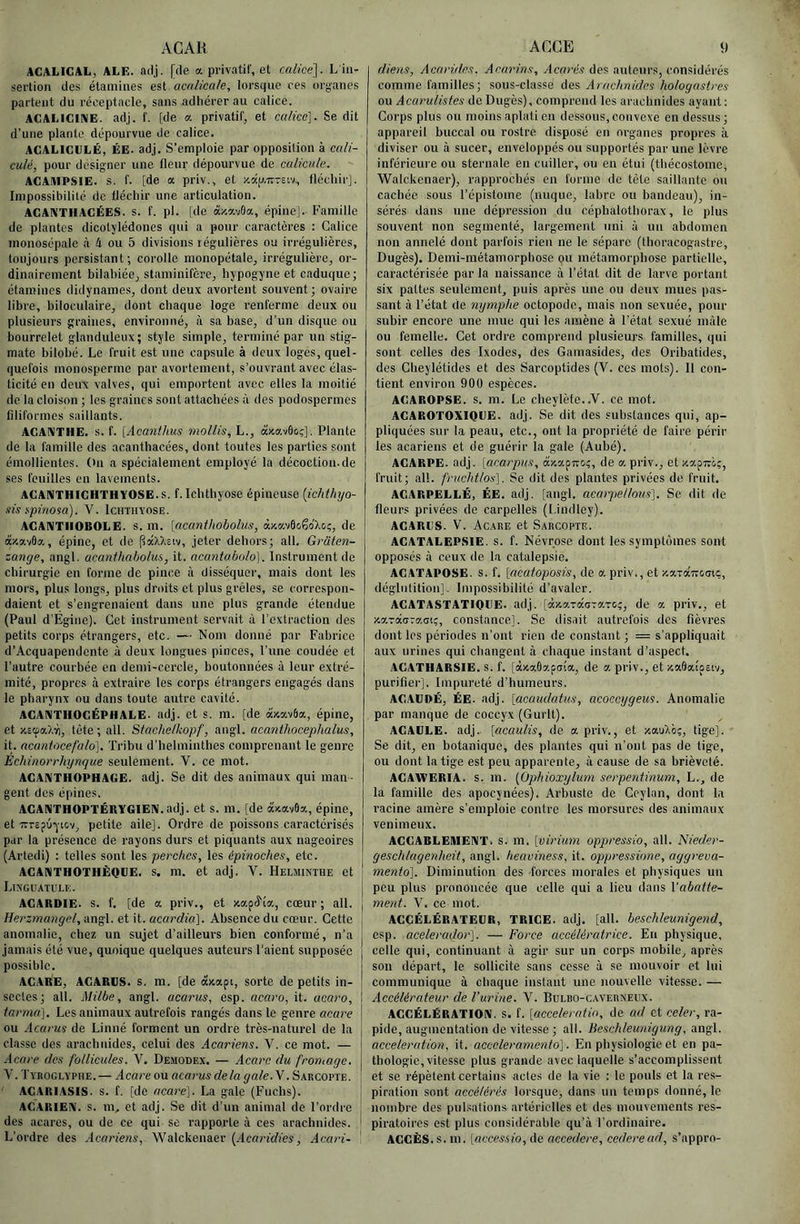 ACAK ACALICAL, ALE. adj. [de a priv.iti!', et mlicè\. L'in- sertion des étamines est acnlicale, lorsque ces oi'ganes partent du réceptacle, sans adhérer au calice. AGALiCINE. adj. f. [de a privatif, et calice]. Se dit d’une plante dépourvue de calice. AGALIGGLÉ, ÉE. adj. S’emploie par opposition à cali- cuU, pour désigner une fleur dépourvue de calicule. ACAIUPSIE. s. f. [de a priv., et xap.Tr-Eiv, fléchirj. Impossibilité de fléchir une articulation. ACAIX'TIIAGÉES. S. f. pl. [de àxavOa, épine]. Famille de plantes dicotylédones qui a pour caractères : Calice monosépale à 4 ou 5 divisions régulières ou irrégulières, toujours persistant; corolle monopétale, irrégulière, or- dinairement bilahiée, slaminifère, hypogyne et caduque; étamines didynames, dont deux avortent souvent ; ovaire libre, biloculaire, dont chaque loge renferme deux ou plusieurs graines, environné, à sa base, d’un disque ou bourrelet glanduleux; style simple, terminé par un stig- mate bilobé. Le fruit est une capsule à deux loges, quel- quefois monosperme par avortement, s’ouvrant avec élas- ticité en deux valves, qui emportent avec elles la moitié de la cloison ; les graines sont attachées à des podospermcs filiformes saillants. ACANTHE, s. f. [Acanthus mollis, h., àxavôo;]. Plante de la famille des acanthacées, dont toutes les parties sont émollientes, (hi a spécialement employé la décoction.de ses feuilles en lavements. ACANTHICHTHYOSE.s, f. Ichthyose épineuse {ichthyo- sis spinosa). V. Ichthïose. ACANTIIOBOLE. S. m. [acanthobolus, àicavôoêo'Xoç, de àxavôa, épine, et de pâXXciv, jeter dehors; ail. Grciten- zange, angl. acanthabolm, it. acuiitubolo]. Instrument de chirurgie en forme de pince à disséquer, mais dont les mors, plus longs, plus droits et plus grêles, se correspon- daient et s’engrenaient dans une plus grande étendue (Paul d’Egine). Cet instrument servait à l’extraction des petits corps étrangers, etc. — Nom donné par Fabrice d’Acquapendcnte à deux longues pinces, l’une coudée et l’autre courbée en demi-cei’cle, boutonnées à leur extré- mité, propres à extraire les corps étrangers engagés dans le pharynx ou dans toute autre cavité. AGANTHOGÉPHALE. adj. et s. m. [de àxavôa, épine, et ;cEcpaXïi, tète ; ail. Stachelkopf, angl. acanihocephalus, it. ncantocefalo]. 'fribu d’helminthes comprenant le genre Echinorrhynque seulement. V. ce mot. AGANTHOPHAGE. adj. Se dit des animaux qui man- gent des épines. ACANTHOPTÉRYGIEN.adj. et s. m. [de àxavôa, épine, et •TVTEpûyicv, petite aile]. Ordre de poissons caractérisés par la présence de rayons durs et piquants aux nageoires (Artedi) : telles sont les perches, les épinoches, etc. AGANTHOTHÈQGE. s. m. et adj. V. Helminthe et Lixguatl'le. AGARDIE. s. f. [de a priv., et xapiî'ia, cœur ; ail. Herzmangel, angl. et it. acardia]. Absence du cœur. Cette anomalie, chez un sujet d’ailleurs bien conformé, n’a jamais été vue, quoique quelques auteurs l'aient supposée possible. AGARE, AGARUS. s. m. [de âxapi, sorte de petits in- sectes; ait. Milbe, angl. acarus, esp. acaro, it. acaro, tarma]. Les animaux autrefois rangés dans le genre acare ou Acavus de Linné forment un ordre très-naturel de la classe des arachnides, celui des Acariens. V. ce mot. — Acare des follicules. V. Demodex. — Acare du fromage. V. Tvroglyphe.— Acare ou acarus delà gale.Y. Sarcopte. AGARIASIS. s. f. [de acare]. La gale (Fuchs). AGARIEN. s. m, et adj. Se dit d’un animal de l’ordre des acares, ou de ce qui se rapporte à ces arachnides. L’ordre des Acariens, Walekenaer {Acaridies, Acari- ACCE y fliens, Acarides. Acarins, Acarés des auteurs, considérés comme familles; sous-classe des Arachnides hologasires ou Acarulistes de Dugès), comprend les arachnides ayant: Corps plus ou moins aplati en dessous, convexe en dessus; appareil buccal ou rostre disposé en organes propres à diviser ou à sucer, enveloppés ou supportés par une lèvre inférieure ou sternale en cuiller, ou en étui (thécostome, Walekenaer), rapprochés en forme de tète saillante ou cachée sous l’épistome (nuque, labre ou bandeau), in- sérés dans une dépression du céphalothorax, le plus souvent non segmenté, largement uni à un abdomen non annelé dont parfois rien ne le sépare (thoracogastre, Dugès). Demi-métamorphose ou métamorphose partielle, caractérisée par la naissance à l’état dit de larve portant six pattes seulement, puis après une ou deux mues pas- sant à l’état de nymphe octopode, mais non sexuée, pour subir encore une mue qui les amène à l’état sexué mâle ou femelle. Cet ordre comprend plusieurs familles, qui sont celles des Ixodes, des Gamasides, des Oribatides, des Cheylétides et des Sarcoptides (V. ces mots). Il con- tient environ 900 espèces. AGAROPSE. s. m. Le cheylète..V. ce mot. AGAROTOXIQGE. adj. Se dit des substances qui, ap- pliquées sur la peau, etc., ont la propriété de faire périr les acariens et de guérir la gale (Aubé). AGARPE. adj. [acarpns, ar.ap-iroç, de a. priv., et xapircç, fruit; ail. fnichttos]. Se dit des plantes privées de fruit. AGARPELLÉ, ÉE. adj. [angl. aearjiellous]. Se dit de fleurs privées de carpelles (Lindley). AGARGS. V. Acare et Sarcopte. AGATALEPSIE. S. f. Névrose dont les symptômes sont opposés .à ceux de la catalepsie. AGATAPOSE. S. f. [acatoposis, de a priv., et xaTairouic, déglutition]. Impossibilité d’avaler. AGATASTATIOGE. adj. [aJcaTaorarc;, de a priv., et xaTaoraoi;, constance]. Se disait autrefois des fièvres dont les périodes n’ont rien de constant ; = s’appliquait aux urines qui changent à chaque instant d’aspect. AGATHARSIE. S. f. [àxaôapaîa, de a priv., et xaâKÎpEW, purifier]. Impureté d’humeurs. AGAUDÉ, ÉE. adj. [acoudedus, acoccygeus. Anomalie par manque de coccyx (Gurlt). AGAULE. adj. [acaulis, de a priv., et x;auXo;, tige]. Se dit, en botanique, des plantes qui n’ont pas de tige, ou dont la tige est peu apparente, à cause de sa brièveté. AGAWERIA. s. m. {Üphioxylum serpeniinum, L., de la famille des apocynées). Arbuste de Ceylan, dont la racine amère s’emploie contre les morsures des animaux venimeux. AGGABLEMENT. S. m. [virium oppressio, ail. Nieder- geschlugenheit, angl. heaviness, it. oppressions, aggreua- mento]. Diminution des forces morales et physiques un peu plus prononcée que celle qui a lieu dans l'abatte- ment. V. ce mot. AGGÉLÉRAXEGR, TRIGE. adj. [ail. beschleunigend, esp. acelerador]. — Force accélératrice. En physique, celle qui, continuant à agir sur un corps mobile, après son départ, le sollicite sans cesse à se mouvoir et lui communique à chaque instant une nouvelle vitesse. — Accélérateur de l’urine. V. Bulbo-caverxeux. AGGÉLÉRATION. s. f. [acceleratio, de ad et celer, ra- pide, augmentation de vitesse ; ail. Ueschleunigung, angl. accelerrdion, it. acceleramento]. En physiologie et en pa- thologie, vitesse plus grande avec laquelle s’accomplissent et se répètent certains actes de la vie : le pouls et la res- piration sont accélérés lorsque, dans un temps donné, le nombre des pulsations artérielles et des mouvements res- piratoires est plus considérable qu’à l’ordinaire. AGGÈS. s. in. [aceessio, de accedere, cedereud, s’appro-