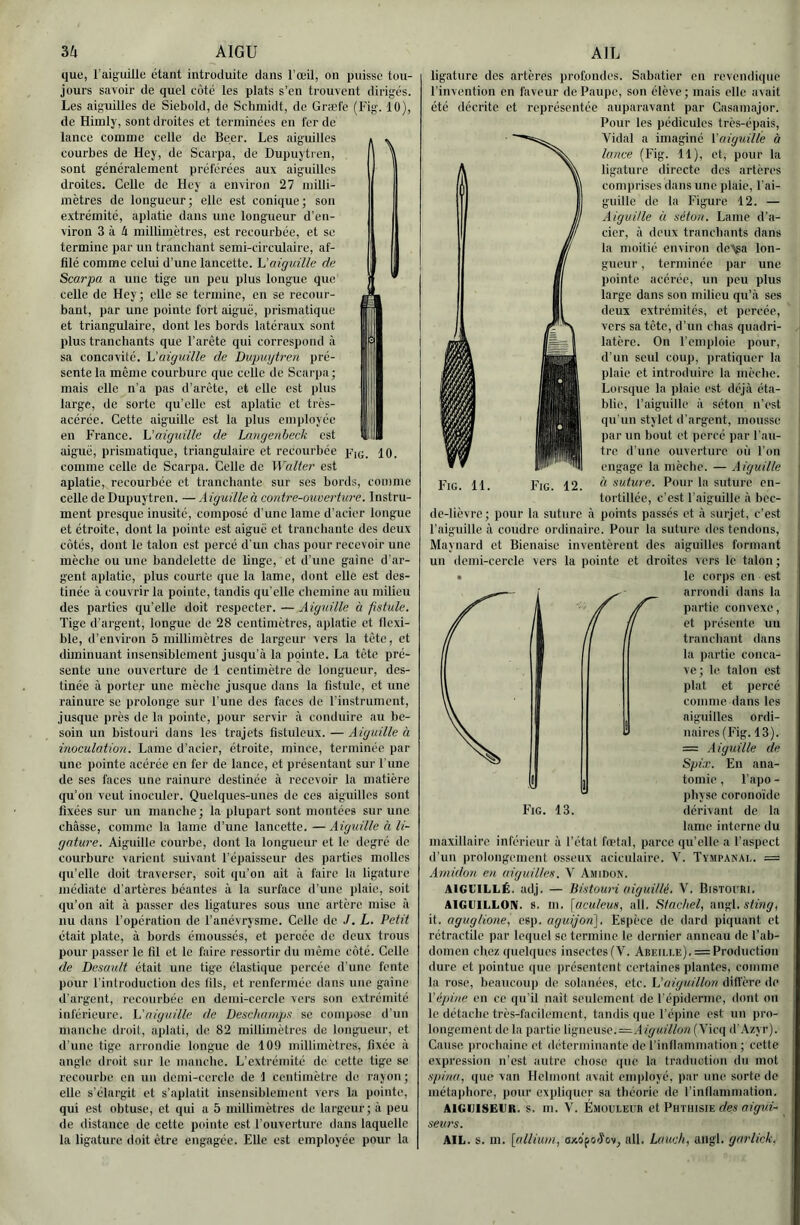 que, l’aiguille étant introduite dans l’œil, on puisse tou- jours savoir de quel côté les plats s’en trouvent dirigés. Les aiguilles de Siebold, de Schmidt, de Græfe (Fig. 10), de Hinüy, sont droites et terminées en fer de lance comme celle de Beer. Les aiguilles courbes de Hey, de Scarpa, de Dupuytren, sont généralement préférées aux aiguilles droites. Celle de Hey a environ 27 milli- mètres de longueur; elle est conique; son extrémité, aplatie dans une longueur d’en- viron 3 à H millimètres, est recourbée, et se termine par un tranchant semi-circulaire, af- filé comme celui d’une lancette. aiguille de Scarpa a une tige un peu plus longue que celle de Hey; elle se termine, en se recour- bant, par une pointe fort aiguë, prismatique et triangulaire, dont les bords latéraux sont plus tranchants que l’arête qui correspond à sa concavité. L'aiguille de Dupuytren pré- sente la même courbure que celle de Scarpa; mais elle n’a pas d’arête, et elle est plus large, de sorte qu’elle est aplatie et très- acérée. Cette aiguille est la plus employée en France. L’aiguille de Langenheck est aiguë, prismatique, triangulaire et recourbée p’jg_ lo. comme celle de Scarpa. Celle de Walter est aplatie, recourbée et tranchante sur ses bords, comme celle de Dupuytren. — Aigudleà contre-ouverture. Instru- ment presque inusité, composé d’une lame d’acier longue et étroite, dont la pointe est aiguë et tranchante des deux côtés, dont le talon est percé d’un chas pour recevoir une mèche ou une bandelette de linge, et d’une gaine d'ar- gent aplatie, plus courte que la lame, dont elle est des- tinée à couvrir la pointe, tandis qu’elle chemine au milieu des parties qu’elle doit respecter. — Aiguille à fistule. Tige d’argent, longue do 28 centimètres, aplatie et llexi- ble, d’environ 5 millimètres de largeur vers la tête, et diminuant insensiblement Jusqu’à la pointe. La tête pré- sente une ouverture de 1 centimètre do longueur, des- tinée à porter une mèche jusque dans la fistule, et une rainure se prolonge sur l’une des faces de l’instrument, jusque près de la pointe, pour servir à conduire au be- soin un bistouri dans les trajets fistulcux. — Aiguille à inoculation. Lame d’acier, étroite, mince, terminée par une pointe acérée en fer de lance, et présentant sur l'une de ses faces une rainure destinée à recevoir la matière qu’on veut inoculer. Quelques-unes de eos aiguilles sont fixées sur un manche; la plupart sont montées sur une châsse, comme la lame d’une lancette. —Aiguille h li- gature. Aiguille courbe, dont la longueur et le degré de courbure varient suivant l’épaisseur des parties molles qu’elle doit traverser, soit <ju’on ait à faire la ligature niédiate d’artères béantes à la surface d’une plaie, soit qu’on ait à passer des ligatures sous une artère, mise à nu dans l’opération de l’anévrysme. Celle de J. L. Petit était plate, à bords émoussés, et percée de deux trous pour passer le fil et le faire ressortir du même côté. Celle de Desaidt était une tige élastique percée d'une fente pour l’introduction des fils, et renfermée dans une gaine d’argent, recourbée en demi-cercle vers son extrémité inférieure. L'aiguille de Ueschampjs se compose d’un manche droit, aplati, de 82 millimètres de longueur, et d’une tige arrondie longue de 109 millimètres, fixée à angle droit sur le manche. L’extrémité de cette tige se recourbe en un demi-cercle de 1 centimètre de rayon; elle s’élargit et s’aplatit insensiblement vers la pointe, qui est obtuse, et qui a 5 millimètres de largeur; à peu de distance de cette pointe est l’ouverture dans laquelle la ligature doit être engagée. Elle est employée pour la ligature des artères profondes. Sabatier en revendique l’invention en faveur dePaupe, son élève; mais elle avait été décrite et représentée auparavant par Casamajor. Pour les pédicules très-épais. Vidal a imaginé Vaiguille à lance (Fig. 11), et, pour la ligature directe des artères comprises dans une plaie, l'ai- guille de la Figure 12. — Aiguille à séton. Lame d'a- cier, à deux tranchants dans la moitié environ deva lon- gueur , terminée par une pointe acérée, un peu plus large dans son milieu qu’à ses deux extrémités, et percée, vers sa tête, d’un chas quadri- latère. On l’emploie pour, d’un seul coup, pratiquer la plaie et introduire la mèche. Lorsque la plaie est déjà éta- blie, l’aiguille à séton n’est qu'un stylet d’argent, mousse par un bout et percé par l’au- tre d'une ouverture où l'on engage la mèche. — Aiguille Fig. 11. Fig. 12. ® suture. Pour la suture en- tortillée, c’est l'aiguille à bec- de-lièvre; pour la suture à points passés et à surjet, c’est l’aiguille à coudre ordinaire. Pour la suture, des tendons, Maynard et Bienaise inventèrent des aiguilles formant un demi-cercle vers la pointe et droites vers le talon ; • le corps en est arrondi dans la partie convexe, et présente uu tranchant dans la partie conca- ve; le talon est plat et percé comme dans les aiguilles ordi- naires(Fig. 13). = Aiguille de Spix. En ana- tomie , l’apo - physe corono'ide Fig. 13. dérivant de la lame interne du maxillaire inférieur à l’état fœtal, parce qu’elle a l’aspect d’un prolongement osseux aciculaire. V. Tympanai,. = Amidon en uigu,illes. V Amidon. AIGL’ILLÉ. adj. — Bistouri aiguillé. \. Bistouiii. AIGUILLON, s. m. [aculeuH, ail. Stachel, ^w^X.sting, it. aguglione, esp. aguijon'\. Espèce de dard piquant et rétractile par lequel se termine, le dernier anneau de l’ab- domen chez quelques insectes(V. Abeille). = Production dure et pointue que présentent certaines plantes, eomme la rose, beaucoup de solanées, etc. \daiguillon diffère de \épine en ce qu’il liait seulement de l’épiderme, dont on le détache très-facilement, tandis que l’épine est un pro- longement de la partie ligneuse.(Vicq d'Azyr). Cause prochaine et déterminante de l’inflammation ; cette expression ii’cst autre chose que la traduction du mot spina, que van Helmnnt avait employé, par une sorte de métaphore, pour expliquer sa théorie de rinllammation. AIGUISEUR, s. m. V. Émüüleub et Phthisie </e.? ofg'Mî- seurs. AIL. s. m. axopo^ov, ail. Louch, aiigl. garlick.