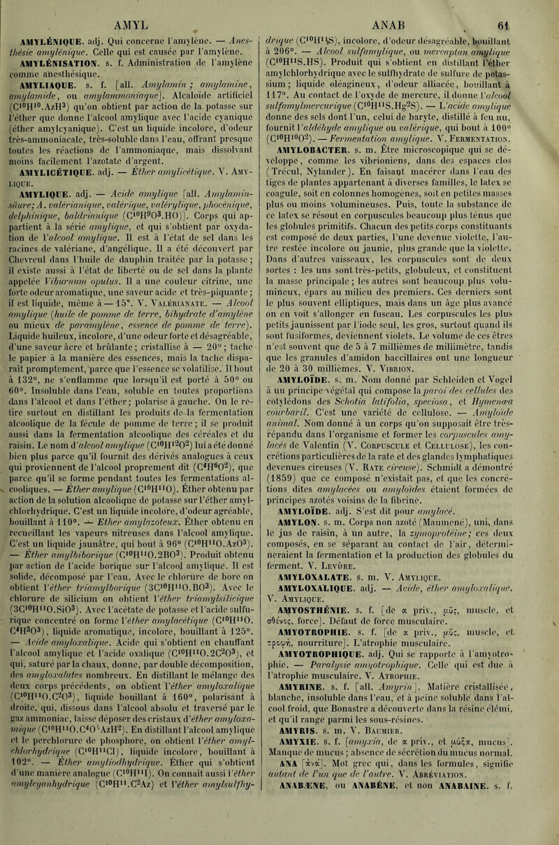 AMYL AIUVLÉNIQIIE. atij. Qui concerne rainylène. — Anes- thésie amyUnique. Celle qui est causée par l’amylène. AMYLÉNISATIOIV. S. f. Administration de l’amylène comme anesthésique. AMYLIAQUE. S. f. [ail. Amylamin ; amylamine, amylamide, ou amylammoniaque]. Alcaloïde artificiel (CI0h«>.AzH3) qu’on obtient par action de la potasse sur rétlier que donne l’alcool amylique avec l’acide cyanique (éther amylcyanique). C’est un liquide incolore, d’odeur très-ammoniacale, très-soluble dans l’eau, offrant presque toutes les réactions de l’ammoniaque, mais dissolvant moins facilement Tazotate d’argent. AIHYLICÉTIQIJE. adj. — Éther omylieétique. V. Asiv- I.IQUE. AMYLIQUE. adj. — Acide mnylique [ali. Amylamm- süure;A. vnlérianique, valérique, imlérylique, yhocénique, delphinique, boldrianique (C'^H^O^.HO)]. Corps qui ap- partient à la série amylique, et qui s’obtient par oxyda- tion de Xulcool amylique. 11 est à l’état de set dans les racines de valériane, d’angélique. 11 a été découvert par Chevreul dans l’huile de dauphin traitée par ia potasse ; il existe aussi à l’état de liberté ou de sol dans la plante appelée Viburnum opulus. Il a une couleur citrine, une forte odeur aromatique, une saveur acide et très-piquante ; il est liquide, même à—15. V. Valérianaïe. — Alcool amylique [huile de pomme de terre, bihydrate d’amylène nu mieux de poromylène, essence de pomme de terre). Liquide huileux, incolore, d'une odeur forte et désagréable, d’une saveur âcre et brûlante; cristallise à — 20°; tache le papier à la manière des essences, mais la tache dispa- raît promptement, parce que l’essence se volatilise. Il bout à 132°, ne s’enflamme qxie lorsqu’il est porté à 50° ou 60°. Insoluble dans l’eau, soluble en toutes proportions dans l’alcool et dans l’éther; polarise à gauche. On le re- tire surtout en distillant les produits de la fermentation alcoolique de la fécule de pomme de terre ; il se produit aussi dans la fermentation alcoolique des céréales et du raisin. Le nom A'alcool amylique (C'^H^^O^) luiaété donné bien plus parce qu’il fournit des dérivés analogues ù ceux qui proviennent de l’alcool proprement dit (C^H®02), que parce qu'il se forme pondant toutes les fermentations al- cooliques. — Éther amylique (C*®H'*0). Éther obtenu par action de la solution alcoolique de potasse sur l’éther amyl- cblorbydriquo. C’est un liquide incolore, d’odeur agréable, bouillant à 110°. Ether aniylnzoteux. Éther obtenu en recueillant les vapeurs nitreuses dans l’alcool amylique. C’est un liquide jaunâtre, qui bout à 96° (C>®H**O.AzO®). — Éther amylbiborique (C'®H>>0.2B03). Produit obtenu par action de l’acide Imrique sur l’alcool amylique. Il est solide, décomposé par l’eau. Avec le chlorure de bore on obtient Véther triamylborique (3C'®II“0.B03). Avec le chlorure de silicium on obtient Véther triomylsilicique (3C'®H**O.SiO®). Avec l’acétate de potasse et l’acide sulfu- rique concentré on forme Véther amylncétique (C'®H^'0. C^H^O®), liquide aromatique, incolore, bouillant à 125°. — .icide amyloxalique. Acide qui s’obtient en chauffant l’alcool amylique et l’acide oxalique (C*®H‘*0.2C20®), et qui. saturé par la chaux, donne, par double décomposition, des amylo.r.alates nombreux. En distillant le mélange des deux corps précédents, on obtient î’eï/ie;’ amyloxalique (C‘®H*'0.C‘^0®), liquide bouillant à 160°, polarisant à droite, qui, dissous dans l’.ilcool absolu et traverse par le gaz ammoniac, laisse déposer des cristaux A'éther amyloxa- mique (C'®H'iO.C^O’'AzH’^). En distillant l’alcool amylique et le percblorure de phosphore, on obtient Véther arnyl- rhlorhydrique (C'®H'>C1), liquide incolore, bouillant à 102°. — Éther amyliodhydrique. Éther qui s’obtient il’une manière analogue (C*®H**I). On connaît aussi Véther amylcyanhydrique (C*®H**.C^Az) et Véther amylsulfhy- ANAB . 61 drique (G*®H‘V6), incolore, d’odeur désagréable, bouillant à 206°. — Alcool sulfamylique, ou mercaptan amylique (C*®H**S.HS). Produit qui s’obtient en distillant l’éther amylchlorhydrique avec le sulfhydrate de sidlurc de potas- sium; liquide oléagineux, d’odeur alliacée, bouillant à 117°. Au contact de l’oxyde de mercure, il donne Volcool sidfamylmercurique (C*®H<*S.Hg2S). — Vacide amylique donne des sels dont l’un, celui de baryte, distille à feu nu, fournit Valdéhyde amylique ou valérique, qui bout à 100° (QiOHiOQ’^). — Fermentation amylique. V. Fermentation. AMYLOBAGTER. s. m. Être microscopique qui se dé- veloppe , comme les vibrioniens, dans des espaces clos ( Trécul, Nylander). En faisant macérer dans l’eau des tiges de plantes appartenant à diverses familles, le latex se coagule, soit en colonnes homogènes, soit en petites masses plus ou moins volumineuses. Puis, toute la substance de ce latex se résout en corpuscules beaucoup plus ténus ([uc les globules primitifs. Chacun des petits corps constituants est composé de deux parties, l’une devenue violette, l’au- tre restée incolore ou jaunie, plus grande que la violette. Dans d’autres vaisseaux, les corpuscules sont de deux sortes : les uns sont très-petits, globuleux, et constituent la masse principale ; les autres sont beaucoup plus volu- mineux, épars au milieu des premiers. Ces derniers sont le plus souvent elliptiques, mais dans un âge plus avancé on en voit s’allonger en fuseau. Les corpuscules les plus petits jaunissent par l’iode seul, les gros, surtout quand ils sont fusiformes, deviennent violets. Le volume de ces êtres n’est souvent que de 5 à 7 millièmes de millimètre, tandis que les granules d’amidon baccillaires ont une. longueur de 20 à 30 millièmes. V. Vibrion. AMYLOÏDE, s. m. Nom donne par Scbleiden et Vogcl à un principe végétal qui compose \o. paroi des cellides des cotylédons des Schotia latifolia, speciosa, et Hymenœa courbarü. C’est une variété do cellulose. — Amyloïde animal. Nom donné à un corps qu’on supposait être très- répandu dans l’organisme et former les corpuscules amy- lacés de Valentin (V. Corpuscule et Cellulose), les con- crétions particulières de la rate et des glandes lymphatiques devenues cireuses (V. Rate cireuse). Schmidt a démontré (1859) que ce composé n’existait pas, et que les concré- tions dites amylacées ou amyloïdes étaient formées de principes azotés voisins de la fibrine. AMYLOÏDE, adj. S’est dit pour amylacé. AMYLOIV. s. m. Corps non azoté (Maumené), uni, dans le jus de raisin, cà un autre, la zyrnoproléine ; ces deux composés, en se séparant au contact de l’air, détermi- neraient la fermentation et la production des globules du forment. V. Levure. AMYLOXALATE. s. m. V. Amylique. amyloxalique. adj. — Acide, éther amyloxaliqiW. V. Amylique. AMYOSTHÉIVIE. s. f. [de a priv., fù;, muscle, et o^ê'vo;, force]. Défaut de force musculaire. AMYOTROPHIE. S. f. [de k priv., p.ùc, muscle, et TpoçT!, nourriture]. L’atrophie musculaire. AMYOTROPHIQUE, adj. Qui se rapporte à l'amyotro' pbie. — Paralysie amyotrophique. Celle qui est due à l’atrophie musculaire. V. Atrophie. AMYRINE. s. f. [ail. Amyrin'\. Matière cristallisée, blanche, insoluble dans l’eau, et à peine soluble dans l’al- cool froid, que Bonastre a découverte dans la résine élémi, et qu’il range parmi les sous-résines. AMYRIS. s. m. V. Baumier. AMYXIE. s. f. [amyxio, do a pri\., et mucus]. Manque de mucus ; absence do sécrétion du mucus normal. AXA [avà]. Mot grec qui, dans les formules, signifie autant de l’un que de l’outre. V. Abréviation. AXARÆXE, ou AXABÈXE, et non AXABAIXE. s. f.