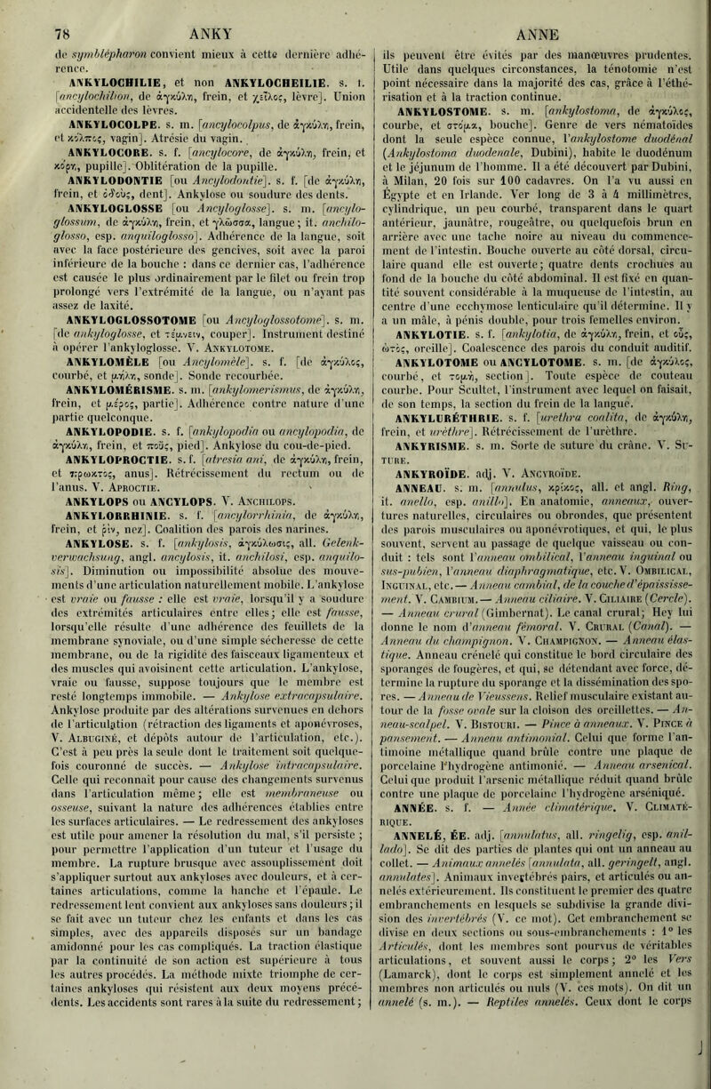 (lo symblépharon consent mieux à cette dornièro adlié- rcncc. ANKYLOGHILIE, et non AlVKYLOGHEILlE. s. I. Ifincylochiliou, de â-^x'jXYi, frein, et xsTXoç, lèvre]. Union accidentelle des lèvres. ANKYLOGOLPE. s. m. [rincylocolpus, ûc dt-jJtûXYi, frein, et )coÀ77c.î, vagin]. Atrésie dn vagin. ANKYLOGORE. s. f. [ancylocore, de à-yjiéXï), frein, et xo'pr,, pupille]. Oblitération de la pupille. AKKYLODONTIE [ou Ancylodontie], s. f. [de à-yx.OXï), frein, et ô'I'c.ù;, dent]. Ankylosé ou soudure des dents. ANKYLOGLOSSE [ou Ancyloglosse]. s. ni. [uncylo- glossum, de frein, et *jXû(j(îa, langue; it. anchilo- glosso, esp. anquüoglosso]. Adhérence de la langue, soit avec la face postérieure des gencives, soit avec la paroi inférieure de la bouche ; dans ce dernier cas, l’adhérence est causée le plus ordinairement par le filet ou frein trop prolongé vers l’extrémité de la langue, ou n’ayant pas assez de laxité. ANKYLOGLOSSOTOME fou Ancijloglossotùme\. s. m. [de nnkyloglo.t.ie, et ts'u.vsiv, couper]. Instrument destiné à opérer l’ankyloglossc. V. Ankvlotü.me. AAIKYLOMÈLE [ou Ancylomèle]. s. f. [de courbé, et p.rfXïi, sonde]. Sonde recourbée. ANKYLOlUÉRISAlE. s. m. [ankylomermnuft, de à-;'z.ûX'fl, frein, et p.s'po;, partie]. Adhérence contre nature d'une partie quelconque. ANKYGOPODIE. S. f. [finkylopoclin ou uncylopodia, de à-jTcûXvi, frein, et toüç, pied]. Ankylosé du cou-de-pied. ANKYLOPROGTIE. s. f. [(dresia ani, de à-ynuXTi, frein, et TipujcTo;, anus]. Rétrécissement du rectum ou de l’anus. V. Aproctie. ABIKYLOPS ou AIVGYLOPS. V. Anchilops. AKKYLORRHIBilE. S. f. [nncylorrhinin, de àyJiKt,, frein, et piv, nez]. Coalition des parois des narines. ANKYLOSE, s. f. [ankylosis, à-j-icijXtuai;, ail. Gelenk- verwaehsung, angl. ancylosis, it. rmchilosi, esp. anquüo- xèv]. Diminution ou impossibilité absolue des mouve- ments d’une articulation naturellement mobile. L’ankylosc est vraie ou fausse : elle est vraie, lorsqu’il y a soudure des extrémités articulaires entre elles; elle est fausse, lorsqu’elle résulte d'une adhérence des feuillets de la membrane synoviale, ou d’une simple sécheresse de cette membrane, ou de la rigidité des faisceaux ligamenteux et des muscles qui avoisinent cette articulation. L’ankylose, vraie ou fausse, suppose toujours que le membre est resté longtemps immobile. — Ankylosé extranapisulaire. Ankylosé produite par des altérations survenues en dehors de l’articulstion (rétraction des ligaments et aponévroses, V. Albuginé, et dépôts autour de l’articulation, etc.). C’est à peu près la seule dont le traitement soit quelque- fois couronné de succès. — Ankylosé intracapsulaire. Celle qui reconnaît pour cause des changements survenus dans l'articulation même ; elle est membraneuse ou osseuse, suivant la nature des adhérences établies entre les surfaces articulaires. — Le redressement des ankylosés est utile pour amener la résolution du mal, s’il persiste ; pour permettre l’application d’un tuteur et l'usage du membre. La rupture brusque avec assouplissement doit s’appliquer surtout aux ankylosés avec douleurs, et <à cer- taines articulations, comme la hanche et l’épaule. Le redressement lent convient aux ankylosés sans douleurs ; il se fait avec un tuteur chez les enfants et dans les cas simples, avec des appareils disposés sur un bandage amidonné pour les cas compliqués. La traction élastique par la continuité de son action est supérieure à tous les autres procédés. La méthode mixte triomphe de cer- taines ankylosés qui résistent aux deux moyens précé- dents. Les accidents sont rares à la suite du redressement ; ils peuvent être évités par des manœuvres prudentes. Utile dans quelques circonstances, la ténotomie n’est point nécessaire dans la majorité des cas, grâce à l’éthé- risation et à la traction continue. ANKYLOSTOAIE. s. m. [ankylostoma, de à-^iciXc?, courbe, et <rrop.a, bouche]. Genre de vers némato'ides dont la seule espèce connue, Vankylostome duodénnl {Ankylostoma dmdenale, Dubini), habite le duodénum et le jéjunum de l’homme. Il a été découvert par Dubini, là Milan, 20 fois sur 100 cadavres. On l’a vu aussi en Égypte et en Irlande. Ver long de 3 à 4 millimètres, cylindrique, un peu courbé, transparent dans le quart antérieur, jaunâtre, rougeâtre, ou quelquefois brun en arrière avec une tache noire au niveau du commence- ment de l’intestin. Bouche ouverte au côté dorsal, circu- laire quand elle est miverte ; quatre dents crochues au fond de la bouche du côté abdominal. Il estlixé en quan- tité souvent considérable à la muqueuse de l'intestin, au centre d'une ecchymose lenticulaire qu'il détermine. Il y a un mâle, à pénis double, pour trois femelles environ. ANKYLOTIE. S. f. [ankylotia, de iywXr,, frein, et ou;, wTo;, oreille]. Coalescence des parois du conduit auditif. ANKYLOTOME ou ANGYLOTOIUE. S. m. [de à-jicuXo;, courbé, et Top.Y), section]. Toute espèce de couteau courbe. Pour Scultet, l'instrument avec lequel on faisait, de son temps, la section du frein de la langue. ANKYLURÉTHRIE. s. f. [urethra coalita, de à-j’joôXïi, frein, et urèthre']. Rétrécissement de l’urèthre. ANKYRISAIË. s. m. Sorte de suture du crâne. V. Sr- TITRE. ANKYROÏDE. adj. V. Ancyro'ide. ANNEAU, s. m. [annulus, xpino;, ail. et angl. Ring, it. anello, esp. anüla]. En anatomie, anneaux, ouver- tures naturelles, circulaires ou obrondes, que présentent des parois musculaires ou apnnévroliques, et qui, le plus souvent, servent au passage de quelque vaisseau ou con- duit ; tels sont Vanneau ombilical, Vanneau inguinal ou sus-pubien. Vanneau diaphragmatique, etc. V. Ombilical, Inguinal, etc.— Anneau cambial, de la couche d’’épaississe- ment. V. Cambium.— Anneau ciliaire. V. Ciliaire [Cercle). — Anneau crural (Gimbernat). Le canal crural; Hcy lui donne le nom d'anneau fémoral. V. Crural [Canal). — Anneau du champignon. V, Champignon. — Anneau élas- tique. Anneau crénelé qui constitue le bord circulaire des sporanges de fougères, et qui, se détendant avec force, dé- termine la rupture du sporange et la dissémination des spo- res. — Anneau de Vieussens. Relief musculaire existant au- tour de la fosse omde sur la cloison des oreillettes. — An- neau-scalpel. V. Bistouri. — Pince à anneaux. V. Pince h parisement. — Anneau antimonial. Celui que forme l’an- timoine métallique quand bride contre une plaque de porcelaine Pbydrogène antimonié. — Anneau arsenical. Celui que produit l’arsenic métallique réduit quand brûle contre une plaque de porcelaine l'hydrogène arséniqué. ANNÉE, s. f. — Année climatérique, V. Climaté- rique. ANNELÊ, ÉE. adj. [nnnvhdus, ail. ringelig, esp. nnil- lado]. Se dit des parties de plantes qui ont un anneau au collet. — Ardmaux annelés [anmdata, ail. geringelt, angl. annulâtes]. Animaux investébrés pairs, et articulés ou an- nelés extérieurement. Ils constituent le premier des quatre embranchements en lesquels se subdivise la grande divi- sion dos invertébrés (V. ce mot). Cet embranchement se divise en deux sections nu sous-embranebements ; 1® les Artictdés, dont les membres sont pourvus do véritables articulations, et souvent aussi le corps ; 2“ les Vers (Lamarck), dont le corps est simplement annelé et les membres non articulés ou nuis (V. ces mots). On dit un aimelé (s. m.). — Reptiles annelés. Ceux dont le corps J