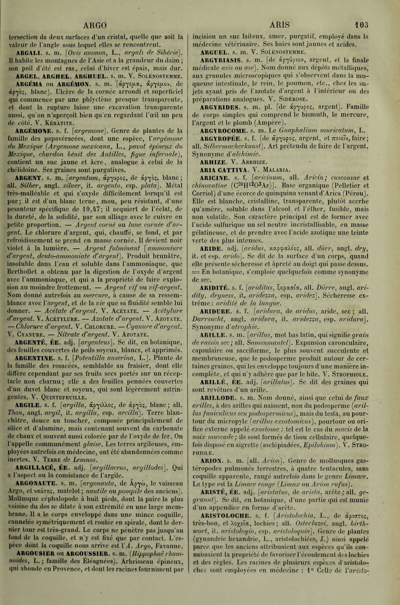 ARGO tersection de deux surfaces d’un cristal, quelle que soit la valeur de l’angle sous lequel elles se rencontrent. ARGALI. s. m. [Ovis ammon, L., argnli de Sibérie^. 11 habite les montagnes de l’Asie et a la grandeur du daim -, son poil d’été est ras, celui d’hiver est épais, mais dur. ARGEL, ARGHEL, ARGHUEL. s. m, V. SOLÉNOSTEMME. ARGEMA OU ARGÉMOni. s. m. [àp-^ep-a, âp*fêp.cv, de «p-yo;, blanc]. Ulcère de la cornée arrondi et superliciel qui commence par une phlyctène presque transparente, et dont la rupture laisse une excavation transparente aussi, qu’on n’aperçoit bien qu’en regardant l’œil un peu de côté. V. Kékatite. ARGÉIHOAE. s. f. [argemoné\. Genre de plantes de la famille des papavéracées, dont une espèce, X'argémone du Mexique {Argemone mexicana, L., pavot épineux du Mexique, chardon bénit des Antilles, figue infernale), contient un suc jaune et âcre, analogue à celui de la cliélidoine. Ses graines sont purgatives. ARGENT, s. m. [argentum, âp-yupo;, de àpfciçi, blanc; ail. Silber, angl. silver, it. argento, esp. plata]. Métal très-malléable et qui s’oxyde difficilement lorsqu’il est pur; il est d’un, blanc terne, mou, peu résistant, d’une pesanteur spécifique de 10,47; il acquiert de l’éclat, de la dureté, de la solidité, par son alliage avec le cuivre en petite proportion. — Argent corné ou lune cornée d’ar- gent. Le chlorure d’argent, qui, chauffé, se fond, et par refroidissement se prend en masse cornée. Il devient noir violet à la lumière. — Argent fulminant [ammoniure d’argent, deuto-ammoniate d’argent]. Produit brunâtre, insoluble dans l’eau et soluble dans l’ammoniaque, que Bertbollet a obtenu par la digestion de l’oxyde d’argent avec l’ammoniaque, et qui a la propriété de faire explo- sion au moindre frottement. — Argent vif ou vif-argent. Nom donné autrefois au mercure, à cause de sa ressem- blance avec y argent, et de la vie que sa fluidité semble lui donner. — Acétate d’argent. V. Acétate. — Acétylure d’argent. V. Acétylure. — Azotate d’argent. V. Azotate. — Chlorure d’argent. V. Chlorure. — Cyanure d’argent, y. Cyanure. — Nitrate d’argent. V. Azotate. ARGENTÉ, ÉE. adj. [argenteus]. Se dit, en botanique, des feuilles couvertes de poils soyeux, blancs, et opprimés. ARGENTINE, s. f. [Potentilla anserina, L.]. Plante de la famille des rosacées, semblable au fraisier, dont elle diffère cependant par ses fruits secs portés sur un récep- tacle non charnu; elle a des feuilles pennées couvertes d’un duvet blanc et soyeux, qui sont légèrement astrin- gentes. V. Quintefeuille. ARGILE, s. f. [argilla, àpfiXXoç, de affà;, blanc; ail. Thon, angl. argil, it. argilla, esp. arcilld]. Terre blan- châtre, douce au toucher, composée principalement de silice et d’alumine, mais contenant souvent du carbonate de chaux et souvent aussi colorée par de l’oxyde de fer. On l’appelle communément glaise. Les terres argileuses, em- ployées autrefois en médecine, ont été abandonnées comme inertes. V. Terre de Lemnos. ARGILLAGÉ, ÉE. adj. [argillaceus, argillodes]. Qui a l’aspect ou la consistance de l’argile. ARGONAUTE, s. m. \argonauta, de Ap-yù, le vaisseau Argo, etvaÛTïii;, matelot; nautile ou.pompile Ae%VMcie.ni\. Mollusque céphalopode à huit pieds, dont la paire la plus voisine du dos se dilate à son extrémité en une large mem- brane. 11 a le corps enveloppé dans une mince coquille, cannelée symétriquement et roulée en spirale, dont le der- nier tour est très-grand. Le corps ne pénètre pas jusqu’au fond de la coquille, et n’y est fixé que par contact. L’es- pèce dont la coquille nous arrive est 1’^^. Argo, Favanne. ARGOUSIER ou ARGOVSSIER. s. m. (Hippophaërham- noides, L. ; famille des Éléagnées). Arbrisseau épineux, qui abonde en Provence, et dont les racines fournissent par ARIS 103 incision un suc laiteux, amer, purgatif, employé dans la médecine vétérinaire. Ses baies sont jaunes et acides. ARGUEE, s. m. V. SOLÉNOSTEMME. ARGYRIASIS. S. m. fde àp^upiov, argent, et la finale médicale asis ou o.se]. Nom donné aux dépôts métalliques, aux granides ,microscopiques qui s’observent dans la mu- queuse intestinale, le rein, le poumon, etc., chez les su- jets ayant pris de l’azotate d’argent â l’intérieur ou des préparations analogues. V. Sidérose. ARGYRIDES. S. m. pl. [de àpppc;, argent]. Famille de corps simples qui comprend le bismuth, le mercure, l’argent et le plomb (Ampère). ARGYROGOME. S. m. Le Gnaphalium muricatum, L. ARGYROPÉE. S. f. [de âpyupo;, argent, et TrotsTv, faire; ail. Silbermacherkunst]. Art prétendu de faire de l’argent. Synonyme A’alchimie. ARHIZE. V. Arrhize. ARIA CATTIVA. V. MALARIA. ARIGINE. s. f. \aricinum, ail. Aricin; cusconine et chinovatine (G-^Hi^O^Az)]. Base organique (Pelletier et Corriol) d’une écorce de quinquina venant d’Arica (Pérou). Elle est blanche, cristalline, transparente, plutôt acerbe qu’amère, soluble dans l’alcool et l’éther, fusible, mais non volatile. Son caractère principal est de former avec l’acide sulfurique un sel neutre incristallisable, en masse gélatineuse, et de prendre avec l’acide azotique une teinte verte des plus intenses. ARIDE, adj. \aridus, xap'paXEcç, ail. dûrr, angl. dry, it. et esp. arido]. Se dit de la surface d’un corps, quand elle, présente sécheresse et âpreté au doigt qui passe dessus. = En botanique, s’emploie quelquefois comme synonyme de sec. ARIDITÉ, s. f. [(iriditas, ^r.paai'a, ail. Bürre, angl. ari- dity, dryness, it. aridezza, esp. aridez]. Sécheresse ex- trême; aridité de la langue. ARIDURE. s. f. [aridura, de aridus, aride, sec; ail. Darrsucht, angl. aridura, it. aridezza, esp. aridura]. Synonyme A'atrophie. ARILLE. s. in. [arillus, mot bas latin, qui signifieÿram de raisin sec; ail. Samenmantel]. Expansion caronculaire, capsulaire ou sacciforme, le plus souvent succulente et membraneuse, que le podosperme produit autour de cer- taines graines, qui les enveloppe toujours d’une manière in- complète, et qui n’y adhère que par le hile. V. Strophiole. ARILLÉ, ÉE. adj. \arillatus]. Se dit des graines qui sont revêtues d’un arille. ARILLODE. s. m. Nom donné, ainsi que celui de faux arilles, à des arilles qui naissent, non du podosperme {aril- lus funiculicus seu podospermicus), mais du testa, au pour- tour du micropyle {arillus exostomicus), pourtour ou ori- fice externe appelé exoslome : tel est le cas du macis de la noix muscade ; ils sont formés de tissu cellulaire, quelque- fois disposé en aigrette (asclépiadées, Epilobium). V. Stro- phiole. ARION. s. m. [ail. Arion]. Genre de mollusques gas- téropodes pulmonés terrestres, â quatre tentacules, sans coquille apparente, rangé autrefois dans le genre Limace. Le type est la Limace rouge {Limax ou Ai'ion rufus). ARISTÉ, ÉE. adj. [aristatus, Aoarista, arête; ail. ge- grannt]. Se dit, en botanique, d’une partie qui est munie d’un appendice en forme d’arête. ARISTOLOGHE. s. f. [Aristolochia, L., de àpioToç, très-bon, et Xo)'_eïa, lochies; ail. Osterluzei, angl. birth- wort, it. aristologio, esp. aristoloquin]. Genre de plantes (gynandrie hexandrie, L., aristolochiées, J.) ainsi appelé parce que les anciens attribuaient aux espèces qu’ils con- naissaient la propriété de favoriser l’écoulement des lochies et des règles. Les racines de plusieurs espèces d’aristolo- ches sont employées en médecine : 1° Celle de Varisto-