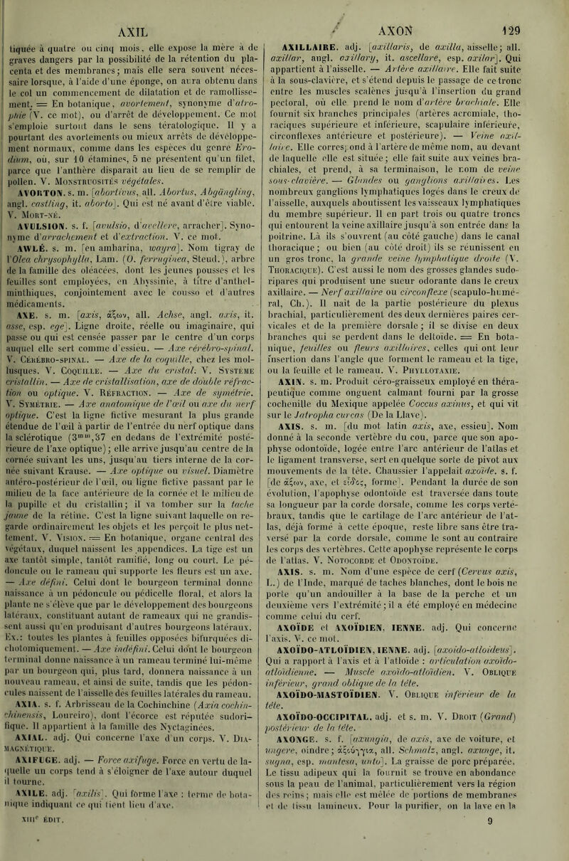 AXIL tiquée à quatre uu cinq mois. elle expose la mère à de graves dangers par la possibilité de la rétention du pla- centa et des membranes ; mais elle sera souvent neces- saire lorsque, à l’aide d’une éponge, on «aura obtenu dans le col un commencement de dilatation et de ramollisse- ment = En botanique, ovoriemetit, synonyme d'alro- p/iie '(Y. ce mot), ou d’arrêt de développement. Ce mot s’emploie surtout dans le sens tératologique. 11 y a pourtant des avortements ou mieux arrêts de développe- ment normaux, comme dans les espèces du genre AVo- (liiim, où, sur 10 étamines, 5 ne présentent qu’un lilet, parce que l’antbèrc disparait au lieu de se remplir de pollen. V. Moksibuosités végétales. AVOIïTON.s. m. [abortivus, ail. Abovtus, Abgüngling, angl. cnstUng, it. nhortu]. Qui est né avant d’être viable. V. Mürt-.vé. AVULSION, s. 1'. [avulsio, à'avelleye, arracher]. Syno- nyme arrachement et à'extraction. V. ce mot. AVVLÉ. s. m. [en ambarina, wayra]. Nom tigray de XOlea chrgsophglla, Lam. (0. ferriiginea, Steud.), arbre de la famille dos oléacées. dont les jeunes pousses cl les feuilles sont employées, en Abyssinie, à titre d'antbel- niintbiques, conjointement avec le cousso et d'autres médicaments. AXE. s. m. [axis, à^cov, ail. Achse, angl. axis, it. asse, esp. ege]. Ligne droite, réelle ou imaginaire, qui passe ou qui est censée passer par le centre d’un corps auquel elle sert comme d’essieu. — Axe rérébj'O-s/jmal. Y. Céhlbro-spinal. — Axe de la coquille, chez les mol- lusques. V. Coquille. — Axe du cristal. Y. Système cristallin. — Axe de cristallisation, axe de double réfrac- tion ou optique. Y. Réfraction. — Axe de symétrie. Y. Symétrie. — Axe anatomique de l’œil ou axe du nerf optique. C’est la ligne liclive mesurant la plus grande étendue de l’œil à partir de l’entrée du nerf optique dans la sclérotique (3“'“',37 en dedans de l’extrémité posté- rieure de l’axe optique); elle arrive jusqu’au centre de la cornée suivant les uns, jusqu'au tiers interne de la cor- née suivant Krause. — Ai re optique ou visuel. Diamètre antéro-postérieur de l'œil, ou ligne fictive passant par le milieu de la face antérieure de la cornée et le milieu de la pupille et du cristallin; il va tomber sur la tache jaune do la rétine. C'est la ligne suivant laquelle on re- garde ordinairement les objets et les perçoit le plus net- tement. V. Vision. = En botanique, organe central des végétaux, diu|uel naissent les appendices. La tige est un axe tantôt simple, tantôt ramifié, long ou eourt. Le pé- doncule ou le rameau qui supporte les fleurs est un axe. — -las défini. Celui dont le bourgeon terminal donne naissance à un pédoncule ou pédicelle floral, et alors la plante ne s'élève que par le développement des bourgeons latéraux, constituant autant de rameaux qui ne grandis- sent aussi qu'en produisant d’autres bourgeons latéraux. Ex.: toutes les plantes <à feuilles opposées bifurqiiées di- ebotomiquement. —Axe indéfini. Celui dont le bourgeon terminal donne naissance <à un rameau terminé lui-même par un bourgeon qui, plus tard, donnera naissance à un nouveau rameau, et ainsi de suite, tandis que les pédon- cules naissent de l'aissoUc des feuilles latérales du rameau. AXIA. s. f. Arbrisseau de la Coebinebine [Axin cochin- -hinensis, Lonreiro). dont l’écorce est réputée sudori- fique. 11 appartient à la famille des Nyctaginées. AXIAL, adj. Qui concerne l’axe d’un corps. V. Dû- magnétique. AXIFLGE. adj. — Force axifuge. Force en vertu de la- quelle un corps tend à s’éloigner de l’axe autour duquel il tourne. AXILE. adj. [axAUs]. Qui forme l'axe ; terme de bota- nique indiquant ce qui fient lieu d'axe. I XIlC ÉDIT. AXON 129 AXILLAIRE, adj. [axillaris, de oa;î'//a, aisselle; ail. axil/or, angl. oxitlary, it. ascellare, esp. oœf/or]. Qui appartient à l’aisselle. — Artère axillaire. Elle fait suite à la sous-clavière, et s'étend depuis le passage de ce tronc entre les muscles scalènes jusqu’à l’insertion du grand pectoral, où elle prend le nom lYartère brarhiate. Elle fournit six branches principales (artères acremiale, tho- raciques supérieure et inférieure, scapulaire inférieure, circonflexes antérieure et postérieure). — Veine axil- laire. Elle corresj ond à l’artère de même nom, au devant de laquelle elle est située; elle fait suite aux veines bra- chiales, et prend, à sa terminaison, le r.om de veine sous-clavière. — Glandes ou ganglions axiUabes. Les nombreux ganglions lymphatiques logés dans le creux de l’aisselle, auxquels aboutissent les vaisseaux lymphatiques du membre supérieur. 11 en part trois ou quatre troncs qui entourent la veine axillaire jusqu’à son entrée dans la poitrine. Là ils s’ouvrent (au côté gauche) dans le canal thoracique; ou bien (au côté droit) ils se réunissent en un gros tronc, la grande veine lymphatique droite (V. Thoracique). C’est aussi le nom des grosses glandes sudo- ripares qui produisent une sueur odorante dans le creux axillaire. — Nerf axiHcdre ou circonflexe (scapulo-humé- ral, Cb.). Il naît de la partie postérieure du plexus brachial, particulièrement des deux dernières paires cer- vicales et de la première dorsale; il se divise en deux branches qui se perdent dans le delto’ide. = En bota- nique, feuilles ou fleurs axillaires, celles qui ont leur insertion dans l’angle que forment le rameau et la tige, ou la feuille et le rameau. V. Phïllotaxie. AXIN. s. m. Produit céro-graisseux employé en théra- peutiq'uc comme onguent calmant fourni par la grosse cocbenille du Mexique appelée Coccus axinus, et qui vit sur le Jatropha curcas (De la Llave). AXIS. s. m. [du mot latin axis, axe, essieu]. Nom donné à la seconde vertèbre du cou, parce que son apo- physe odonto’ide, logée entre l’arc antérieur de l’atlas et le ligament transverse, sert en quelque sorte de pivot aux mouvements de la tète. Chaussier l’appelait axo'ide. s. f. [de à;(i)v, axe, et sîô'o;, forme]. Pendant la durée de son évolution, l’apophyse odonto'ide est traversée dans toute sa longueur par la corde dorsale, comme les corps verté- braux, tandis que le cartilage de l'arc antérieur de l’at- las, déjà formé à cette époque, reste libre sans être tra- versé par la corde dorsale, comme le sont au contraire les corps des vertèbres. Cette apophyse représente le corps de l’atlas. V. Notocorde et Odontoïde. AXIS. s. m. Nom d’une espèce de cerf (Ceri’M'i'OÆM', L.) de l’Inde, marqué de taches blanches, dont le bois ne porte qu’un andouiller à la base de la perche cl un deuxième vers l’extrémité; il a été employé en médecine comme celui du cerf. AXOÏDE et AXOÏDIEN, lENNE. adj. Qui concerne Taxis. V. ce mot. AXOÏDO-ATLOÏDIEN, lENNE. adj. [axoido-alloideus]. Qui a rapport à Taxis et à Tatlo’ide : articulation axdido- atldidienne. — Muscle axdido-atldidien. Y. Oblique inférieur, grand oblique de la tète. AXOÏDO-IUASTOÏDIEN. V. Oblique inférieur de la tète. AXOÏDO-OCCIPITAL. adj. et S. m. Y. Droit (Grand) postérieur de la tète. AXONGE. S. f. [uxungin, de axis, axe de voiture, et ungere, oindre; àçc.û'i'yta, ail. Schmalz, angl. axunge, it. sugna, esp. muntesa, unto]. La graisse de porc préparée. Le tissu adipeux qui la fournit se trouve en abondance sous la peau de l’animal, particulièrement vers la région des reins; mais elle est mêlée de portions de membranes et <lc lissu laniincnx. Pour la purifier, on la lave en la