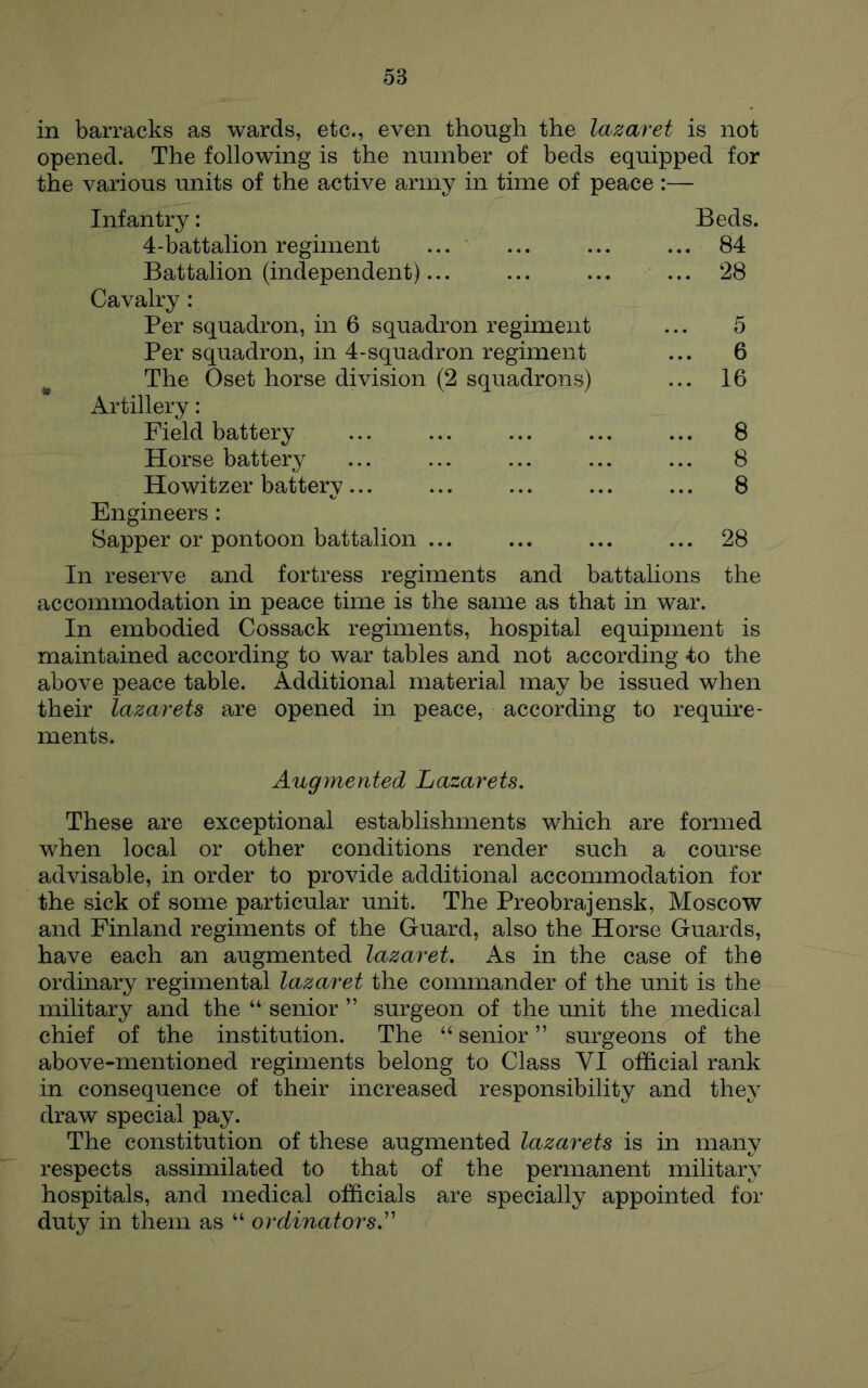 in barracks as wards, etc., even though the lazaret is not opened. The following is the number of beds equipped for the various units of the active army in time of peace :— Infantry: Beds. 4-battalion regiment ... ... ... ... 84 Battalion (independent)... ... ... ... 28 Cavalry: Per squadron, in 6 squadron regiment ... 5 Per squadron, in 4-squadron regiment ... 6 The Oset horse division (2 squadrons) ... 16 Artillery: Field battery ... ... ... ... ... 8 Horse battery ... ... ... ... ... 8 Howitzer battery... ... ... ... ... 8 Engineers : Sapper or pontoon battalion ... ... ... ... 28 In reserve and fortress regiments and battalions the accommodation in peace time is the same as that in war. In embodied Cossack regiments, hospital equipment is maintained according to war tables and not according tio the above peace table. Additional material may be issued when their lazarets are opened in peace, according to require- ments. Augmented Lazarets. These are exceptional establishments which are formed when local or other conditions render such a course advisable, in order to provide additional accommodation for the sick of some particular unit. The Preobrajensk, Moscow and Finland regiments of the Guard, also the Horse Guards, have each an augmented lazaret. As in the case of the ordinary regimental lazaret the commander of the unit is the military and the “ senior ” surgeon of the rmit the medical chief of the institution. The “ senior ” surgeons of the above-mentioned regiments belong to Class VI official rank in consequence of their increased responsibility and they draw special pay. The constitution of these augmented lazarets is in many respects assimilated to that of the permanent military hospitals, and medical officials are specially appointed for duty in them as “ ordinators.''