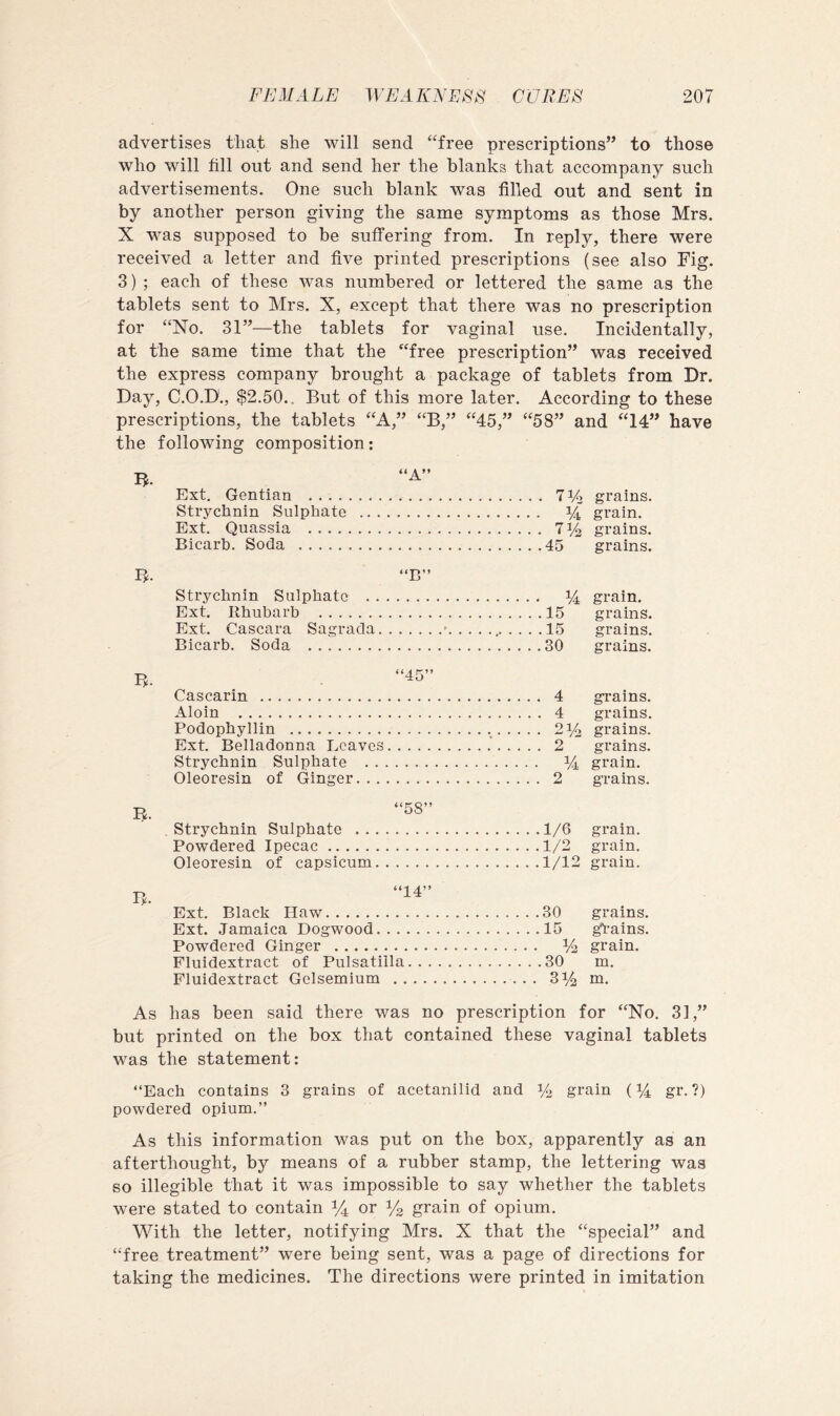 advertises that she will send “free prescriptions” to those who will fill out and send her the blanks that accompany such advertisements. One such blank was filled out and sent in by another person giving the same symptoms as those Mrs. X was supposed to be suffering from. In reply, there were received a letter and five printed prescriptions (see also Fig. 3) ; each of these was numbered or lettered the same as the tablets sent to Mrs. X, except that there was no prescription for “No. 31”—the tablets for vaginal use. Incidentally, at the same time that the “free prescription” was received the express company brought a package of tablets from Dr. Day, C.O.D., $2.50.. But of this more later. According to these prescriptions, the tablets “A,” “B,” “45,” “58” and “14” have the following composition; B. B. B- B- B. “A” Ext. Gentian . . . 7Vj grains. Strychnin Sulphate .. . , . . % grain. Ext. Quassia grains. Bicarb. Soda “B” . . .45 grains. Strychnin Sulphate . . . . - 1/4 grain. Ext. Rhubarb . . .15 grains. Ext. Cascara Sagrada. . . .15 grains. Bicarb. Soda “45” , . .30 grains. Cascarin , . . 4 grains. Aloin ... 4 grains. Podophyllin ... 21/0 grains. Ext. Belladonna Leaves, . . . 2 grains. Strychnin Sulphate . . . ■ . % grain. Oleoresin of Ginger. . . . “58” . . 2 grains. Strychnin Sulphate . . . . ..1/6 grain. Powdered Ipecac . .1/2 grain. Oleoresin of capsicum. . “14” . .1/12 grain. Ext. Black Haw . .30 grains. Ext. Jamaica Dogwood.. . .15 gl-ains. Powdered Ginger . . 1/2 grain. Fluidextract of Pulsatilla . . .30 m. Fluidextract Gelsemium .. 31/2 m. As has been said there was no prescription for “No. 31,” but printed on the box that contained these vaginal tablets was the statement: “Each contains 3 grains of acetanilid and % grain (% gr. ?) powdered opium.” As this information was put on the box, apparently as an afterthought, by means of a rubber stamp, the lettering was so illegible that it was impossible to say whether the tablets were stated to contain or 1/2 grain of opium. With the letter, notifying Mrs. X that the “special” and “free treatment” were being sent, was a page of directions for taking the medicines. The directions were printed in imitation