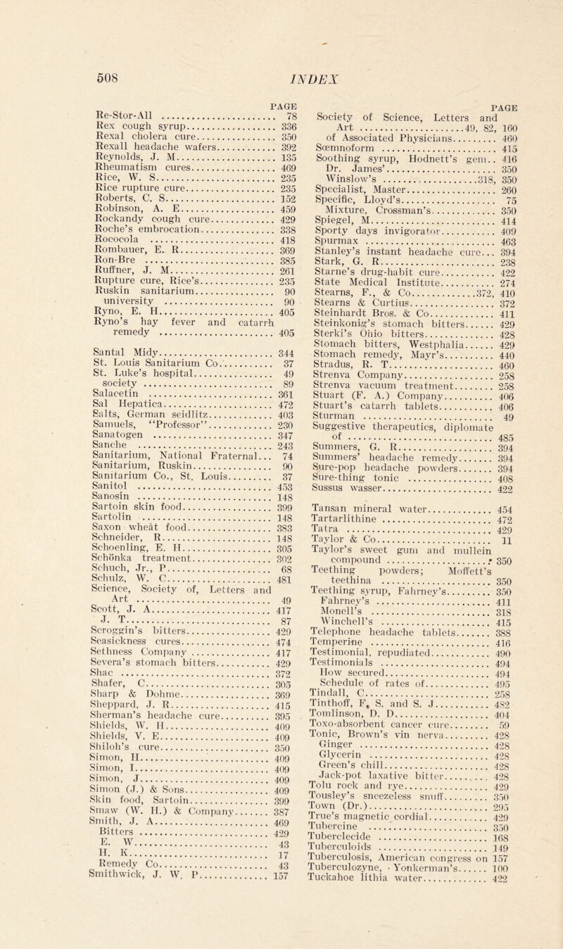 PAGE Re-Stor-All 78 Rex cough syrup 336 Rexal cholera cure 350 Rexall headache wafers 392 Reynolds, J. M 135 Rheumatism cures 469 Rice, W. S 235 Rice rupture cure 235 Roberts, C. S 152 Robinson, A. E 459 Rockandy cough cure 429 Roche’s embrocation 338 Rococola 418 Rombauer, E. R 369 Ron-Bre 385 Ruffner, J. M 261 Rupture cure. Rice’s 235 Ruskin sanitarium 90 university 90 Ryno, E. H 405 Ryno’s hay fever and catarrh remedy 405 Santal Midy 344 St. Louis Sanitarium Co. 37 St. Luke’s hospital 49 society 89 Salacetin 361 Sal Hepatica 472 Salts, German seidlitz 403 Samuels, “Professor” 230 Sanatogen 347 Sanche 243 Sanitarium, National Fraternal... 74 Sanitarium, Ruskin 90 Sanitarium Co., St. Louis 37 Sanitol 453 Sanosin 148 Sartoin skin food 399 Sartolin 148 Saxon wheat food 383 Schneider, R 148 Schoenling, E. H 305 Schonka treatment 302 Schuch, Jr., P 68 Schulz, W. C 481 Science, Society of. Letters and Art 49 Scott, J. A 417 J- T 87 Scroggin’s bitters 429 Seasickness cures 474 Sethness Company 417 Severn’s stomach bitters 429 Shac 372 Shafer, C 303 Sharp & Dohme 369 Sheppard, J. R 415 Sherman’s headache cure 395 Shields, W. H 409 Shields, V. E 409 Shiloh’s cure 350 Simon, H ; 409 Simon, 1 409 Simon, J 409 Simon (J.) & Sons 409 Skin food, Sartoin 399 Smaw (W. H.) & Company 387 Smith, J. A 469 Bitters 499 E. W ■■ 43 n. K Remedy Co 43 Smithwick, J. W. P 157 PAGE Society of Science, Letters and Art 49, 82, 160 of Associated Physicians 460 Soemnoform 415 Soothing syrup, Hodnett’s gem.. 416 Dr. James’ 350 Winslow’s 318, 350 Specialist, Master 260 Specific, Lloyd’s 75 Mixture, Crossman’s 350 Spiegel, M 414 Sporty days invigorator 409 Spurmax 463 Stanley’s instant headache cure... 394 Stark, G. R 238 Starne’s drug-habit cure 422 State Medical Institute 274 Stearns, F., & Co 372, 410 Stearns & Curtius 372 Steinhardt Bros. & Co 411 Steinkoni.g’s stomach bitters 429 Sterki’s Ohio bitters 428 Stomach bitters, Westphalia 429 Stomach remedy, Mayr’s 440 Stradus, R. T 460 Strenva Company 258 Strenva vacuum treatment 258 Stuart (F. A.) Company 406 Stuart’s catarrh tablets 406 Sturman 49 Suggestive therapeutics, diplomate of 485 Summers, G. R 394 Summers’ headache remedy 394 Sure-pop headache powders 394 Sure-thing tonic 408 Sussus wasser 422 Tansan mineral water 454 Tartarlithine 472 Tatra 429 Taylor & Co n Taylor’s sweet gum and mullein compound .• 350 Teething powders; Moffett’s teethina 359 Teething syrup, Fahrney’s 350 Fahrney’s 411 Monell’s 318 Winchell’s 415 Telephone headache tablets 388 Temperi-ne 416 Testimonial, repudiated 490 Testimonials 494 How secured 494 Schedule of rates of 495 Tindall, C 258 Tinthoff, F» S. and S. J 4S2 Tomlinson, D. D 404 Toxo-absorbent cancer cure 59 Tonic, Brown’s vin nerva 428 Ginger 428 Glycerin 428 Green’s chill 428 Jack-pot laxative bitter ,..428 Tolu rock and rye 429 Tousley’s sncezeless snuff 3.50 'kown (Dr.) 295 True’s magnetic cordial 429 Tubercine 350 Tuberclecide I6S Tuberculoids 149 Tuberculosis, American congress on 157 Tuberculozyne, • Yonkerman’s 100 Tuckahoe lithia water 422