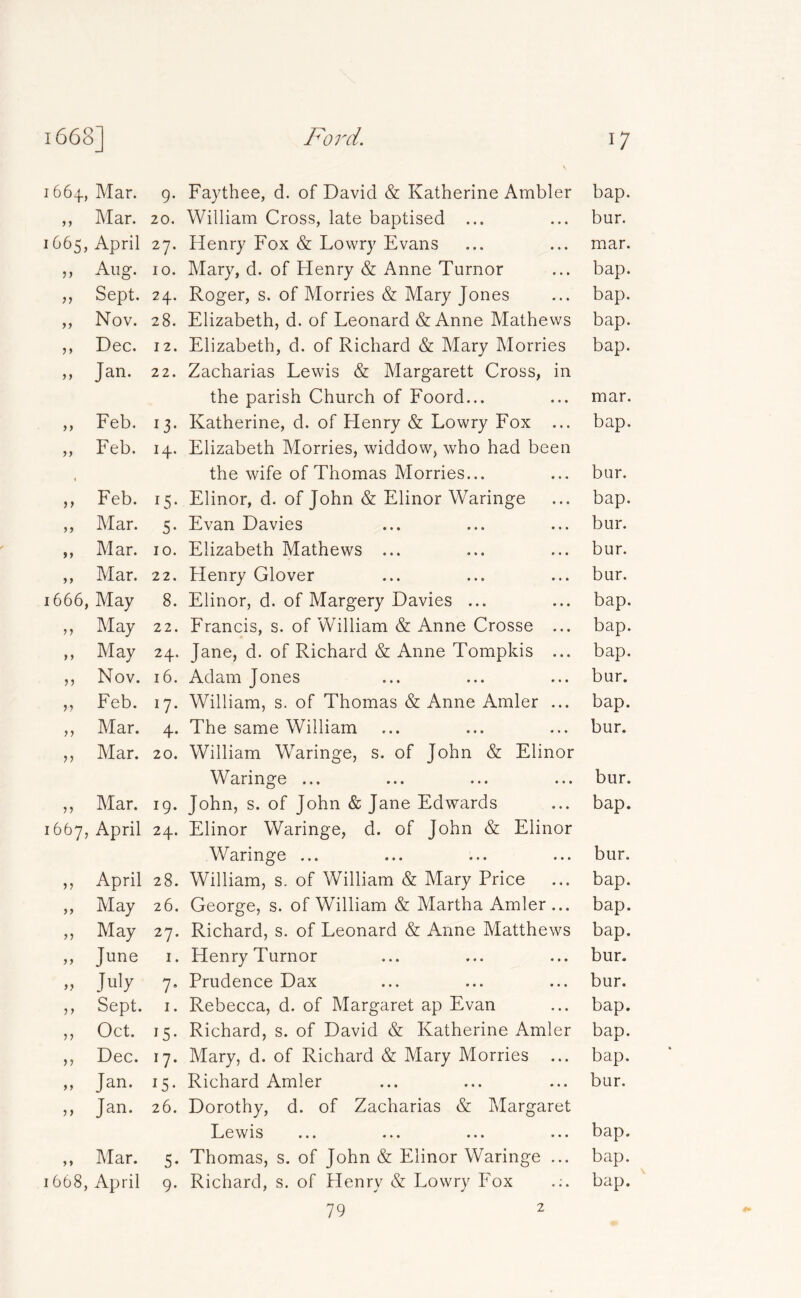 1664., Mar. 9- > 9 Mar. 20. 1665, April 27. Aug. 10. » Sept. 24. yy Nov. 28. yy Dec. 12. y y Jan. 22. y y Feb. 13* yy Feb. H* yy Feb. r5- yy Mar. 5- yy Mar. 10. y y Mar. 22. 1666, May 8. > y May 22. t > May 24. >> Nov. 16. r> Feb. I7- >> Mar. 4- Mar. 20. Mar. 19. 1667, April 24. >> April 28. >> May 26. >> May 27. >> June 1. >> July 7* 5 > Sept. 1. j > Oct. J5- Dec. J7- >> Jan. J5- Jan. 26. »♦ Mar. 5- 1668, April 9- Faythee, d. of David & Katherine Ambler William Cross, late baptised ... Henry Fox & Lowry Evans Mary, d. of Henry & Anne Turnor Roger, s. of Morries & Mary Jones Elizabeth, d. of Leonard & Anne Mathews Elizabeth, d. of Richard & Mary Morries Zacharias Lewis & Margarett Cross, in the parish Church of Foord... Katherine, d. of Henry & Lowry Fox ... Elizabeth Morries, widdow, who had been the wife of Thomas Morries... Elinor, d. of John & Elinor Waringe Evan Davies Elizabeth Mathews ... Henry Glover Elinor, d. of Margery Davies ... Francis, s. of William & Anne Crosse ... Jane, d. of Richard & Anne Tompkis ... Adam Jones William, s. of Thomas & Anne Amler ... The same William William Waringe, s. of John & Elinor Waringe ... John, s. of John & Jane Edwards Elinor Waringe, d. of John & Elinor Waringe ... William, s. of William & Mary Price George, s. of William & Martha Amler... Richard, s. of Leonard & Anne Matthews Henry Turnor Prudence Dax Rebecca, d. of Margaret ap Evan Richard, s. of David & Katherine Amler Mary, d. of Richard & Mary Morries ... Richard Amler Dorothy, d. of Zacharias & Margaret Lewis Thomas, s. of John & Elinor Waringe ... Richard, s. of Henry & Lowry Fox .;. 79 bap. bur. mar. bap. bap. bap. bap. mar. bap. bur. bap. bur. bur. bur. bap. bap. bap. bur. bap. bur. bur. bap. bur. bap. bap. bap. bur. bur. bap. bap. bap. bur. bap. bap. bap. 2