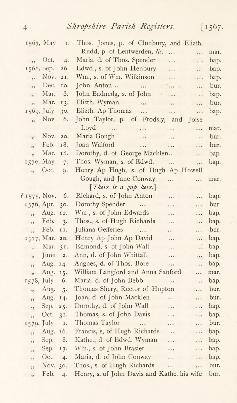 1567, May I, Thos. Jones, p. of Clunbury, and Elizth, Rudd, p. of Lentwerden, lie. ... • • • mar. ,, Oct. 4- Maria, d. of Thos. Spender . • • bap. 1568, Sep. 26. Edwd , s. of John Henbury . - bap. ,, Nov. 21. Wm., s. of Wm. Wilkinson • • • bap. ,, Dec. 10. John Anton... • • • bur. ,, Mar. 8. John Badnedg, s. of John « . bap. „ Mar. 13- Elizth. Wyman * « « bur. 1569, July 30- Elizth. Ap Thomas « • • bap. „ Nov. 6. John Taylor, p. of Frodsly, and Joise Loyd • • • mar. „ Nov. 20. Maria Gough bur. „ Feb. 18. Joan Walford • • • bur. „ Mar. 18. Dorothy, d. of George Macklen... * . , bap. 1570, May 7- Thos. Wyman, s. of Edwd. • • . bap. ,, Oct. 9- Henry Ap Hugh, s. of Hugh Ap Howell Gough, and Jane Conw^ay • • • mar. \There is a gap here.\ ? 1575, Nov. 6. Richard, s. of John Anton * • • bap. 1576, Apr, 30- Dorothy Spender ... bur „ Aug. 12. Wm., s. of John Edwards • • • bap. „ Feb. 3- Thos., s. of Hugh Richards • • « bap. ,, Feb. II. Juliana Gefferies • * • bur. 1577, Mar. 20. Henry Ap John Ap David • • • bap. ,, jMar. 31- Edmond, s. of John Wall . . . bap. „ June 2. Ann, d. of John Whittall * • « bap. n Aug. 14. Angnes, d. of Thos. Bore bap. M Aug. 15- William Langford and Anna Sanford « • • mar. 1578, July 6. Maria, d. of John Bebb . . . bap. M Aug. 3- Thomas Shery, Rector of Hopton bur. n Aug. 14. Joan, d, of John Macklen t • • bur. „ Sep. 25- Dorothy, d. of John Wall « • • bap. „ Oct. 31- Thomas, s. of John Davis • • • bap. 1579. July I. Thomas Taylor • • • bur. „ Aug. 16. Francis, s, of Hugh Richards • • • bap. „ Sep. 8. Kathe., d. of Edwd. Wyman • « • bap. „ Sep. 17- Wm., s. of John Brasier * • • bap. ,, Oct. 4- Maria, d. of John Conway • • • bap. „ Nov. 30- Thos., s. of Hugh Richards • • » bur. 4-