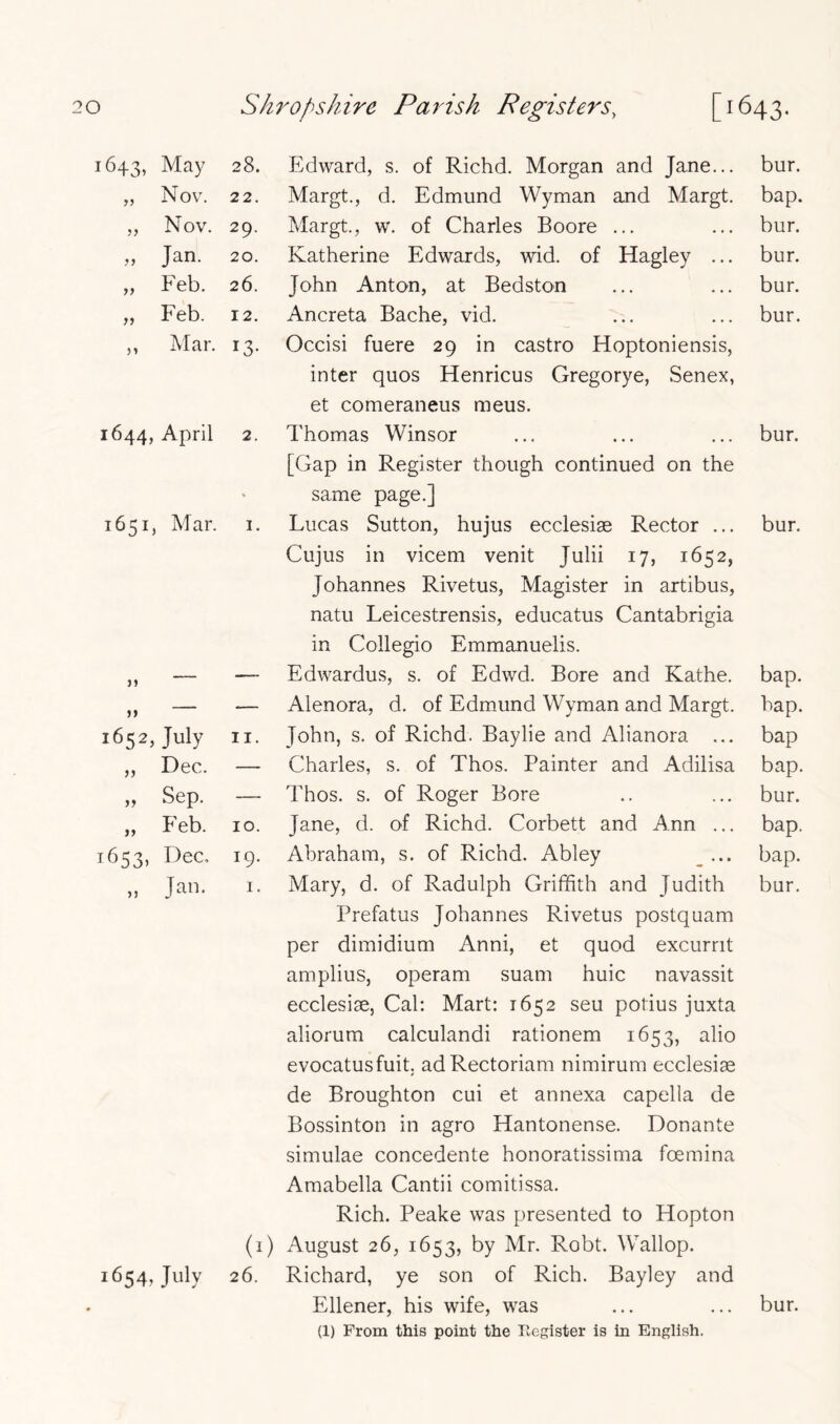 n May 28. Edward, s. of Richd. Morgan and Jane... bur. Nov. 22. Margt., d. Edmund Wyman and Margt. bap. Nov. 29. Margt., w. of Charles Boore ... bur. Jan. 20. Katherine Edwards, wid. of Hagley ... bur. Feb. 26. John Anton, at Bedston bur. Feb. 12. Ancreta Bache, vid. bur. Mar. 13- Occisi fuere 29 in castro Hoptoniensis, 1644, April 2. 1651, Mar. I — 1652, July II. „ Dec. — „ Sep. — „ Feb. 10. 1653, Dec, 19. „ Jan. I. 1654, July 26. inter quos Henricus Gregorye, Senex, et comeraneus mens. Thomas Winsor ... ... ... bur. [(}ap in Register though continued on the same page.] Lucas Sutton, hujus ecclesias Rector ... bur. Cujus in vicem venit Julii 17, 1652, Johannes Rivetus, Magister in artibus, natu Leicestrensis, educatus Cantabrigia in Collegio Emmanuelis. Edwardus, s. of Edwd. Bore and Kathe. bap. Alenora, d. of Edmmnd Wyman and Margt. hap. John, s. of Richd. Baylie and Alianora ... bap Charles, s. of Thos. Painter and Adilisa bap. Thos. s. of Roger Bore .. ... bur. Jane, d. of Richd. Corbett and Ann ... bap. Abraham, s. of Richd. Abley ^ ... bap. Mary, d. of Radulph Griffith and Judith bur. Prefatus Johannes Rivetus postquam per dimidium Anni, et quod excurrit amplius, operam suam huic navassit ecclesiae, Cal: Mart: 1652 seu potius juxta aliorum calculandi rationem 1653, alio evocatusfuit. adRectoriam nimirum ecclesiae de Broughton cui et annexa capella de Bossinton in agro Hantonense. Donante simulae concedente honoratissima foemina Amabella Cantii comitissa. Rich. Peake was presented to Hopton (1) August 26, 1653, by Mr. Robt. Wallop. Richard, ye son of Rich. Bayley and Ellener, his wife, was ... ... bur. (1) From this point the Ilcgister is in English.