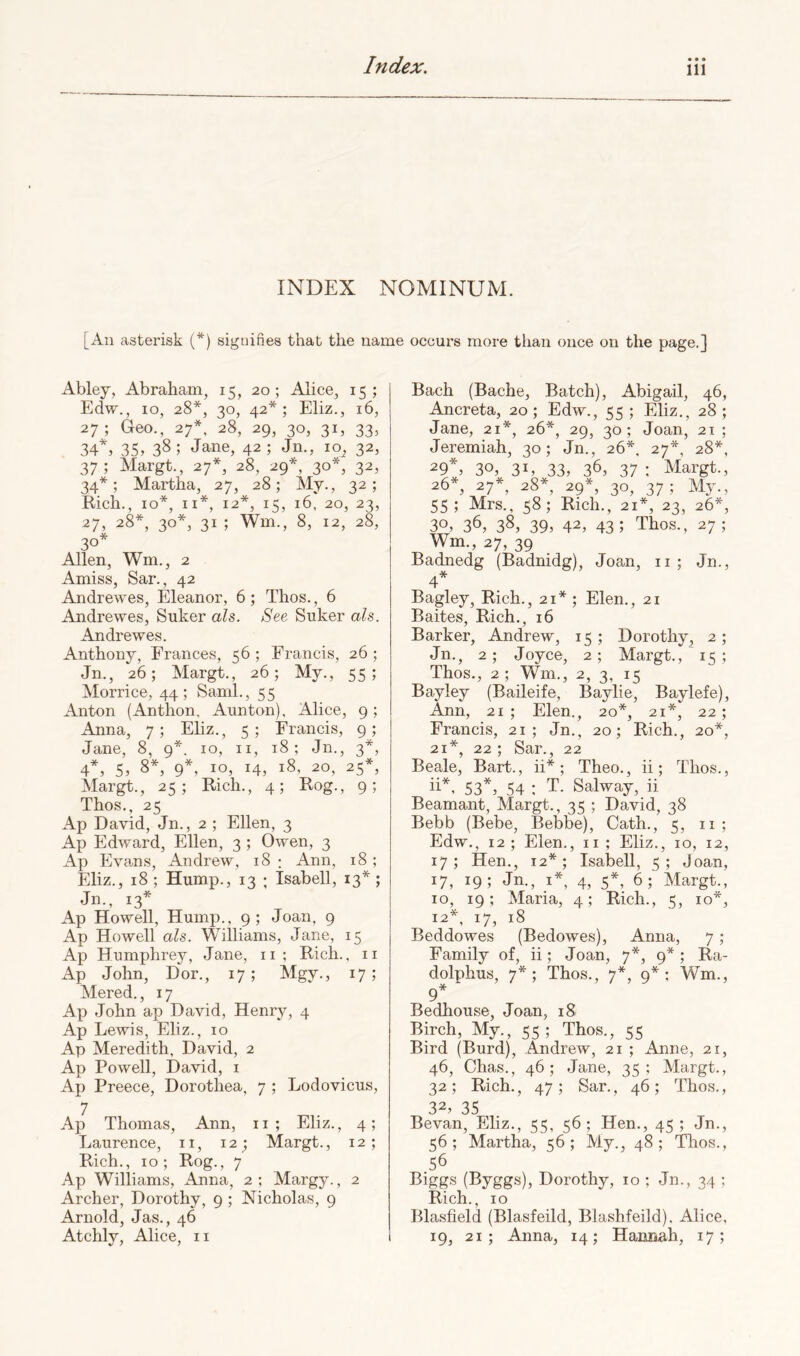 INDEX NOMINUM. [All asterisk (*) signifies that the name occurs more tliaii once on the page.] Abley, Abraham, 15, 20; Alice, 15; Edw., 10, 28*, 30, 42*; Eliz., 16, 27; Geo., 27*, 28, 29, 30, 31, 33, 34, 35, 38; Jane, 42; Jn., 10^ 32, 37; Margt., 27*, 28, 29*, 30*, 32, 34*; Martha, 27, 28; My., 32; Rich., 10*, II*, 12*, 15, 16, 20, 23, 27, 28*, 30*, 31 ; Wm., 8, 12, 28, 30* Allen, Wm., 2 Amiss, Sar., 42 Andrewes, Eleanor, 6; Thos., 6 Andrewes, Suker aZs. aS'cc Suker al8. Andrewes. Anthony, Frances, 56 ; Francis, 26 ; Jn., 26; Margt., 26; My., 55; Morrice, 44; Sami., 55 Anton (Anthon. Aunton). Alice, 9; Anna, 7; Eliz., 5 ; Francis, 9; Jane, 8, 9*. 10, ii, 18; Jn., 3*, 4, 5, 8*, 9*, 10, 14, 18, 20, 25*, Margt., 25; Rich., 4; Rog., 9; Thos., 25 Ap David, Jn., 2 ; Ellen, 3 Ap Edward, Ellen, 3 ; Owen, 3 Ap Evans, Andrew, 18 ; Ann, 18; Eliz., 18 ; Hump., 13 ; Isabell, 13* ; Jn., 13* Ap Howell, Hump., 9; Joan, 9 Ap Howell aU. Williams, Jane, 15 Ap Humphrey, Jane, ii; Rich., ii Ap John, Dor., 17; Mgy., 17; Mered., 17 Ap John ap David, Henry, 4 Ap Lewis, Eliz., 10 Ap Meredith, David, 2 Ap Powell, David, i Ap Preece, Dorothea, 7 ; Lodovicus, 7 Ap Thomas, Ann, 11 ; Eliz., 4; Laurence, 11, 12; Margt., 12; Rich., 10; Rog., 7 Ap Williams, Anna, 2; Margy., 2 Archer, Dorothy, 9 ; Nicholas, 9 Arnold, Jas., 46 Atchly, Alice, ii i Bach (Bache, Batch), Abigail, 46, Ancreta, 20; Edw., 55 ; Eliz., 28 ; Jane, 21*, 26*, 29, 30; Joan, 21 ; Jeremiah, 30; Jn., 26*. 27*, 28*. 29*, 30, 3L 33, 36, 37 ; Margt., 26*, 27*, 28*, 29*, 30, 37; My., 55; Mrs., 58; Rich., 21*, 23, 26*, 30, 36, 38, 39, 42, 43; Thos., 27; Wm., 27, 39 Badnedg (Badnidg), Joan, ii ; Jn., Bagley, Rich., 21* ; Elen., 21 Baites, Rich., 16 Barker, Andrew, 15 ; Dorothy, 2; Jn., 2 ; Joyce, 2 ; Margt., 15; Thos., 2 ; Wm., 2, 3, 15 Bayley (Baileife, Baylie, Baylefe), Ann, 21 ; Elen., 20*, 21*, 22; Francis, 21; Jn., 20; Rich., 20*, 21*, 22; Sar., 22 Beale, Bart., ii*; Theo., ii; Thos., ii*, 53*, 54 : T. Salway, ii Beamant, Margt., 35 ; David, 38 Bebb (Bebe, Bebbe), Gath., 5, ii ; Edw., 12; Elen., ii ; Eliz., 10, 12, 17; Hen., 12*; Isabell, 5; Joan, 17, 19; Jn., I*, 4, 5*, 6;' Margt., 10, 19; Maria, 4; Rich., 5, 10*, 12*, 17, 18 Beddowes (Bedowes), Anna, 7 ; Family of, ii; Joan, 7*, 9*; Ra- dolphus, 7*; Thos., 7*, 9*; Wm., 9* * Bedhouse, Joan, 18 Birch, My., 55; Thos., 55 Bird (Burd), Andrew, 21 ; Anne, 21, 46, Chas., 46; Jane, 35; Margt., 32; Rich., 47; Sar., 46; Thos., 32, 35 Bevan, Eliz., 55, 56; Hen., 45 ; Jn., 56; Martha, 56; My., 48; Tlios., 56 Biggs (Byggs), Dorothy, 10 ; Jn., 34 ; Rich., 10 Blasfield (Blasfeild, Blashfeild). Alice, 19, 21; Anna, 14; Hannah, 17;