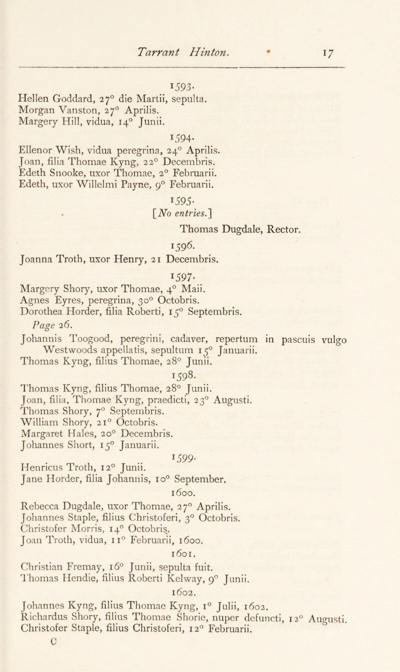 1593- Hellen Goddard, 27° die Martii, sepulta. Morgan Vanston, 27° Aprilis. Margery Hill, vidua, 14° Junii. 1394- Ellenor Wish, vidua peregrina, 24° Aprilis. Joan, filia Thomae Kyng, 22° Decembris. Edeth Snooke, uxor Thomae, 2° Februarii. Edeth, uxor Willelmi Payne, 9° Februarii. [No entries.'] Thomas Dugdale, Rector. 1596. Joanna Troth, uxor Henry, 21 Decembris. 1397- Margery Shory, uxor Thomae, 4° Maii. Agnes Eyres, peregrina, 30° Octobris. Dorothea Horder, filia Roberti, 13° Septembris. Page 26. Johannis Toogood, peregrini, cadaver, repertum in pascuis vulgo Westwoods appellatis, sepultum 13° Januarii. Thomas Kyng, filius Thomae, 28° Junii. 1598. Thomas Kyng, filius Thomae, 28° Junii, Joan, filia, Thomae Kyng, praedicti, 23° Augusti, Thomas Shory, 7° Septembris. William Shory, 21° Octobris. Margaret Hales, 20° Decembris. Johannes Short, 13° Januarii. 1399* Henricus Troth, 12° Junii. Jane Horder, filia Johannis, 10° September. 1600. Rebecca Dugdale, uxor Thomae, 27° Aprilis. Johannes Staple, filius Christoferi, 3° Octobris. Christofer Morris, 14° Octobris. Joan Troth, vidua, 11° Februarii, 1600. 1601. Christian Fremay, 16° Junii, sepulta fuit. I'homas Hendie, filius Roberti Kelway, 9° Junii. 1602. Johannes Kyng, filius Thomae Kyng, 1° Julii, 1602. Richardus Shory, filius Thomae Shorie, nuper defuncti, 12° Augusti. Christofer Staple, filius Christoferi, 12° Februarii. C