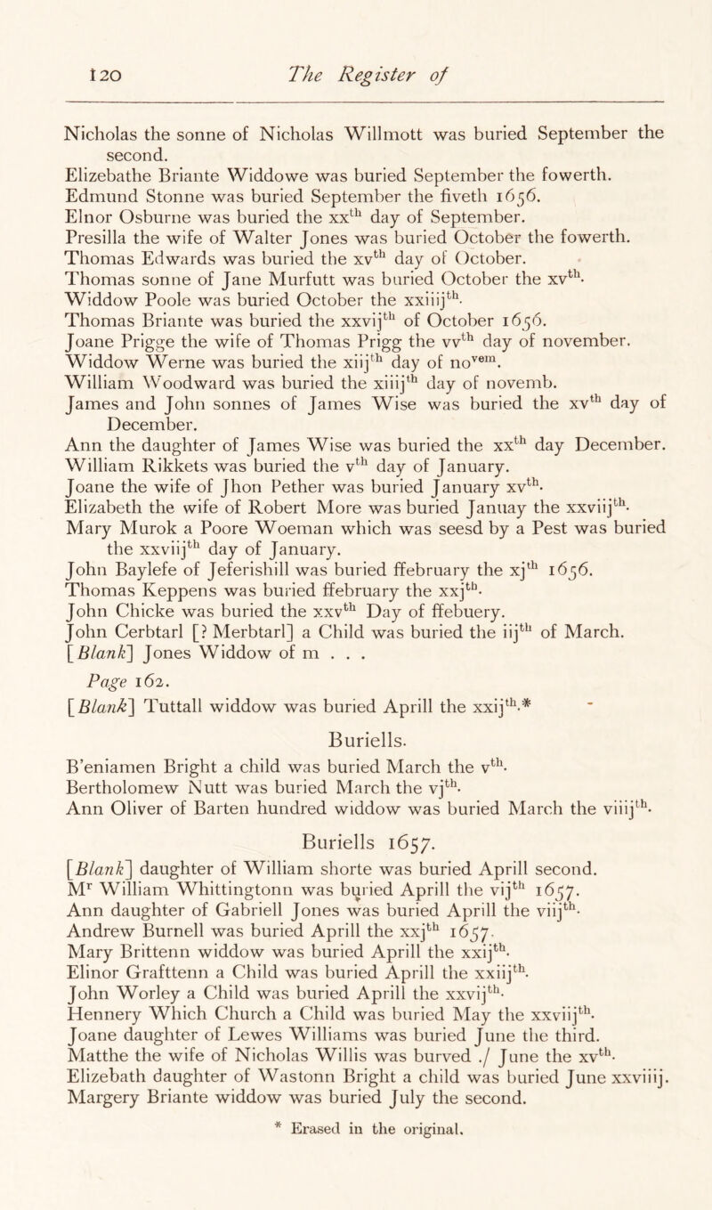 Nicholas the sonne of Nicholas Willmott was buried September the second. Elizebathe Briante Widdowe was buried September the fowerth. Edmund Stonne was buried September the fiveth 1656. Elnor Osburne was buried the day of September. Presilla the wife of Walter Jones was buried October the fowerth. Thomas Edwards was buried the xv^^^ day of October. Thomas sonne of Jane Murfutt was buried October the xv^^^- Widdow Poole was buried October the xxiiij^^- Thomas Briante was buried the xxvij^^^ of October 16 56. Joane Prigge the wife of Thomas Prigg the day of november. Widdow Werne was buried the xiij^^^ day of no'®™. William Woodward was buried the xiiij^^ day of novemb. James and John sonnes of James Wise was buried the xv^'^ day of December. Ann the daughter of James Wise was buried the xx^^ day December. William Rikkets was buried the day of January. Joane the wife of Jhon Pether was buried January xv^^- Elizabeth the wife of Robert More was buried Januay the xxviij^*^- Mary Murok a Poore Woernan which was seesd by a Pest was buried the xxviij^^ day of January. John Baylefe of Jeferishill was buried ffebruary the xj‘^ 1^36. Thomas Keppens was buried February the xxj*^*^- John Chicke was buried the xxv*^^^ Day of ffebuery. John Cerbtarl [? Merbtarl] a Child was buried the iij^'* of March. \_Blank~\ Jones Widdow of m . . . Page 162. Tuttall widdow was buried Aprill the xxij^^-* Buriells. B’eniamen Bright a child was buried March the v^^- Bertholomew Nutt was buried March the Ann Oliver of Barten hundred widdow was buried March the viiij^^- Buriells 1657. \^Blank~\ daughter of William shorte was buried Aprill second. M’^ William Whittingtonn was buried Aprill the vij^*^ 1^.57* Ann daughter of Gabrieli Jones was buried Aprill the viij^^- Andrew Burnell was buried Aprill the xxj*'^ Mary Brittenn widdow was buried Aprill the xxij^^- Elinor Grafttenn a Child was buried Aprill the xxiij^k John Worley a Child was buried Aprill the xxvij^^^- Hennery Which Church a Child was buried May the xxviij^^- Joane daughter of Lewes Williams was buried June the third. Matthe the wife of Nicholas Willis was burved ./ June the xv^^‘- Elizebath daughter of Wastonn Bright a child was buried June xxviiij. Margery Briante widdow was buried July the second.