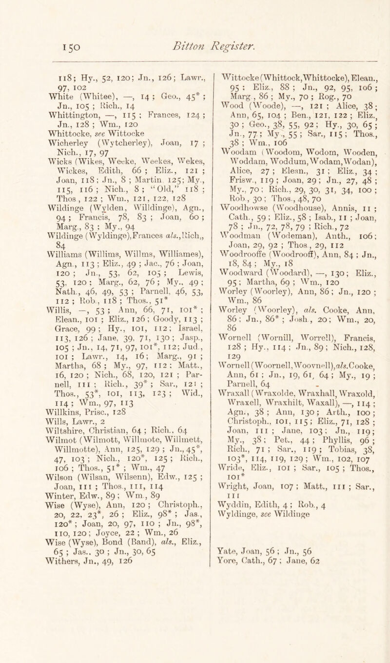 118; Hy., 52, 120; Jn., 126; Lawr., 97, 102 White (Whitee), —, 14 ; Geo., 45* ; Jn., 105 ; Rich., 14 Whittington, —, 115 - Frances, 124; Jn., 128 ; Wm., 120 Whittocke, s,ee Wittocke Wicherley (Wytcherley), Joan, 17 ; Nich., 17, 97 Wicks fWikes, Weeke, Weekes, Wekes, Wickes, Edith, 66 ; Eliz., 121 ; Joan, 118; Jn., 8 ; Martin 125; My., 115, 116; Nich., 8; “Old,” 118; Thos , 122 ; Wm., 121, 122, 128 Wildinge (Wylden, Willdinge), Agn., 94 ; Francis, 78, 83 ; Joan, 60 ; Marg., 83 ; My., 94 Wildinge (Wyldinge),Frances a/.s.,llich„ 84 Williams (Willims, Willms, Williames), Agn., 113 ; Eliz., 49 ; Jac., 76 ; Joan, 120 ; Jn., 53, 62, 105 ; Lewis, 53, 120 ; Marg., 62, 76 ; My., 49 ; Nath., 46, 49, 53 ; Parnell, 46, 53, 112 ; Hob., 118 ; Thos., 51* Willis, —, 53; Ann, 66, 71, loi* ; Elean., loi ; Eliz., 126; Goody, 113 ; Grace, 99; Hy., loi, 112; Israel, 113, 126; Jane, 39, 71, 130; Jasp., 105 ; Jn., 14, 71, 97, lOi*. 112; Jud., loi ; Lawr., 14, 16; Marg., 91 ; Martha, 68; My., 97, 112: Matt., 16, 120 ; Nich., 68, 120, 121 ; Par- nell, III ; Rich., 39*; Sar., 121 ; Thos., 53*, loi, 113, 123; Wid., 114 ; Wm., 97, 113 Willkins, Prise., 128 Wills, Lawr., 2 Wiltshire, Christian, 64 ; Rich.. 64 Wilmot (Wilmott, Willmote, Willmeit, Willmotte), Ann, 125, 129; Jn., 45* 47, 103 ; Nich., 120*, 125 ; Rich., 106 ; Thos., 51* ; Wm., 47 Wilson (Wilsan, Wilsenn), Edw., 125 ; Joan, III ; Thos., iii, 114 Winter, Edw., 89 ; Wm., 89 Wise (Wyse), Ann, 120 ; Christoph., 20, 22, 23*, 26 ; Eliz., 98* ; Jas., 120*; Joan, 20, 97, no ; Jn., 98*, no, 120; Joyce, 22 ; Wm., 26 Wise (Wyse), Bond (Band), aZs., Eliz., 65 ; Jas.. 30 ; Jn., 30, 65 Withers, Jn., 49, 126 Wittocke (Whittock, Whittocke), Elean., 95 ; Eliz., 88 ; Jn., 92, 95, 106 ; Marg., 86 ; My., 70 ; Rog., 70 Wood (Woode), —, 121 ; Alice, 38; Ann, 65, 104 ; Ben., 121, 122 ; Eliz.^ 30 ; Geo., 38, 55, 92; Hy., 30, 65 Jn., 77 ; My., 55 ; Sar., 115 ; Thos., 38 ; Wm., 106 Woodam (Woodom, Wodom, Wooden, Woddam, Woddum, Wodam, Wodan), Alice, 27 ; Elean., 31 ; Eliz., 34 ; Frisw., 119; Joan, 29; Jn., 27, 48 ; My., 70; Rich., 29, 30, 31, 34, 100 ; Rob , 30 ; Thos., 48, 70 Woodhowse (Woodhouse), Annis, ii ; Cath., 59 ; Eliz., 58 ; Isab., n ; Joan, 78 ; Jn., 72, 78, 79 ; Rich., 72 Woodman (Wodeman), Anth., 106; Joan, 29, 92 ; Thos , 29, 112 Woodrooffe (Woodrooff), Ann, 84 ; Jn., 18, 84 ; My., 18 Woodward (Woodard), —, 130; Eliz., 95 ; Martha, 69 ; Wm., 120 Worley (Woorley), Ann, 86; Jn., 120 ; Wm., 86 Worley (Woorley), ah. Cooke, Ann, 86; Jn., 86*; Josh , 20; Wm., 20, 86 Worn ell (Wornill, \Vorrell), Francis, 128 ; Hy., 114; Jn., 89; Nich., 128, 129 W orn ell (W oorn ell, Woovnell ),aZs. C ooke, Ann, 61 ; Jn., 19, 61, 64 ; My., 19 ; Parnell, 64 Wraxall (Wraxolde, Wraxhall, Wraxold, Wraxell, Wraxhilt, Waxall), —, 114 ; Agn., 38; Ann, 130; Arth., 100; Christoph., lOi, 115; Eliz., 71, 128 ; Joan, III ; Jane, 103; Jn., 119; My., 38; Pet., 44 ; Phyllis, 96 ; Rich., 71; Sar., 119; Tobias, 38, 103*, 114, 119, 129; Wm., 102, 107 Wride, Eliz., loi ; Sar., 105 ; Thos., lOI* Wright, Joan, 107; Matt., iii ; Sar., Ill Wyddin, Edith, 4 ; Rob., 4 Wyldinge, zee Wildinge Yate, Joan, 56 ; Jn., 56 Yore, Cath., 67 ; Jane, 62