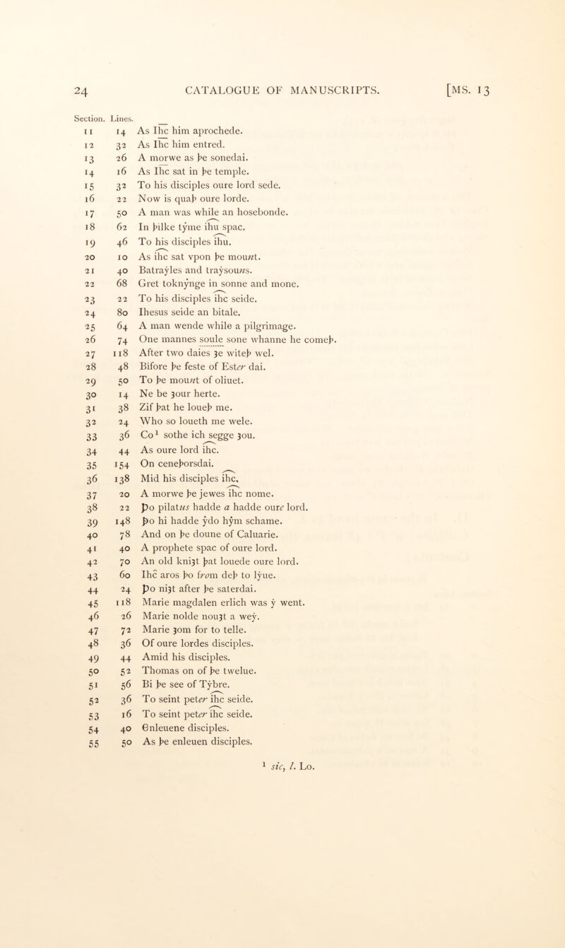 Section. Lines. 11 14 12 32 13 26 14 16 15 3^ 16 22 17 50 18 62 19 46 20 10 21 40 22 68 23 22 24 80 25 64 26 74 27 118 28 48 29 50 30 14 31 38 32 24 33 36 34 44 35 154 36 138 37 20 38 22 39 148 40 00 41 40 42 70 43 60 44 24 45 ti8 46 26 47 72 48 36 49 44 50 52 51 56 52 36 53 16 54 40 55 50 As Ihc him aprochede. As Ihc him entred. A morwe as he sonedai. As Ihc sat in he temple. To his disciples oure lord sede. Now is quah oure lorde. A man was while an hosebonde. In hdke tyme ihu spac. To his disciples ihu. As ihc sat vpon he mou^zt. Batrayles and traysouzzs. Gret toknynge in sonne and mone. To his disciples ihc seide. Ihesus seide an bitale. A man wende while a pilgrimage. One mannes soule sone whanne he comeh- After two daies 30 witeh wel. Bifore he feste of EsLr dai. To he mouzzt of oliuet. Ne be 3our herte. Zif hat he loueh me. Who so loueth me wele. Co ^ sothe ich segge 30U. As oure lord ihc. On cenehorsdai. Mid his disciples ihc, A morwe he jewes ihc nome. po pilatzz^ hadde a hadde our^ lord, po hi hadde ydo hym schame. And on he doune of Caluarie. A prophete spac of oure lord. An old kni3t hat louede oure lord. Ihc aros ho iro'ox deh to lyue. po ni3t after he saterdai. Marie magdalen erlich was y went. Marie nolde nou3t a we}^ Marie 30m for to telle. Of oure lordes disciples. Amid his disciples. Thomas on of he twelue. Bi he see of Tybre. To seint peter ihc seide. To seint peLr ihc seide. Gnleuene disciples. As he enleuen disciples. ^ sic, L Lo.