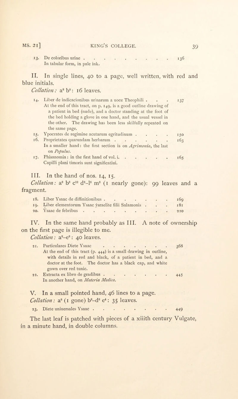 13. De coloribus urine ......... 136 In tabular form, in pale ink. II. In single lines, 40 to a page, well written, with red and blue initials. Collation: a® : 16 leaves. 14. Liber de indicacionibus urinarum a uoce Theophili . At the end of this tract, on p. 149, is a good outline drawing of a patient in bed (nude), and a doctor standing at the foot of the bed holding a glove in one hand, and the usual vessel in the other. The drawing has been less skilfully repeated on the same page. 137 15- Ypocrates de regimine acutarum egritudinum .... 150 16. Proprietates quarundam herbarum ...... In a smaller hand: the first section is on Agrinionia, the last on Populus. 163 17- Phisanomia : in the first hand of vol. i. . . . . . Capilli plani timoris sunt significatiui. 165 III. In the hand of nos. 14, 15. Collation: a® b® c^^ d®-h m^ (i nearly gone): 99 leaves and fragment. 18. Liber Ysaac de difirnitionibus ....... 169 19. Liber elementorum Ysaac ysraelite filii Salamonis . 181 20. Ysaac de febribus ......... 220 IV. In the same hand probably as III. A note of ownership on the first page is illegible to me. Collation; a®-e®: 40 leaves. 21. Particulares Diete Ysaac ....... 368 At the end of this tract (p. 444) is a small drawing in outline, with details in red and black, of a patient in bed, and a doctor at the foot. The doctor has a black cap, and white gown over red tunic. 22. Extracta ex libro de gradibus ....... 445 In another hand, on MaUria Medica. V. In a small pointed hand, 46 lines to a page. Collation: a® (i gone) b®-d® e^: 35 leaves. 23. Diete uniuersales Ysaac ........ 449 The last leaf is patched with pieces of a xiiith century Vulgate, in a minute hand, in double columns.