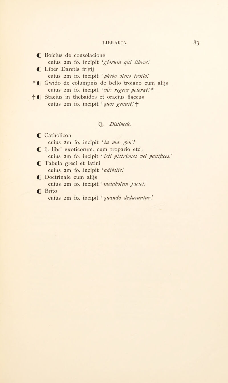 C Boicius de consolacione cuius 2m fo. incipit 'glorum qtti libros! C Liber Daretis frigij cuius 2m fo. incipit 'phebo oleno troilol * C Gwido de columpnis de bello troiano cum alijs cuius 2m fo. incipit ‘ vix regere poteratl * tc Stacius in thebaidos et oracius flaccus cuius 2m fo. incipit ‘ qiws genuit! Q. Distiticcio. C Catholicon cuius 2m fo. incipit ‘ in ma. gen'! C ij. libri exoticorum. cum tropario etc’. cuius 2m fo. incipit ' isti pistriones vel pa^iijices' C Tabula greci et latini cuius 2m fo. incipit ' adibilis! C Doctrinale cum alijs cuius 2m fo. incipit ‘ metabolem faciet' Brito
