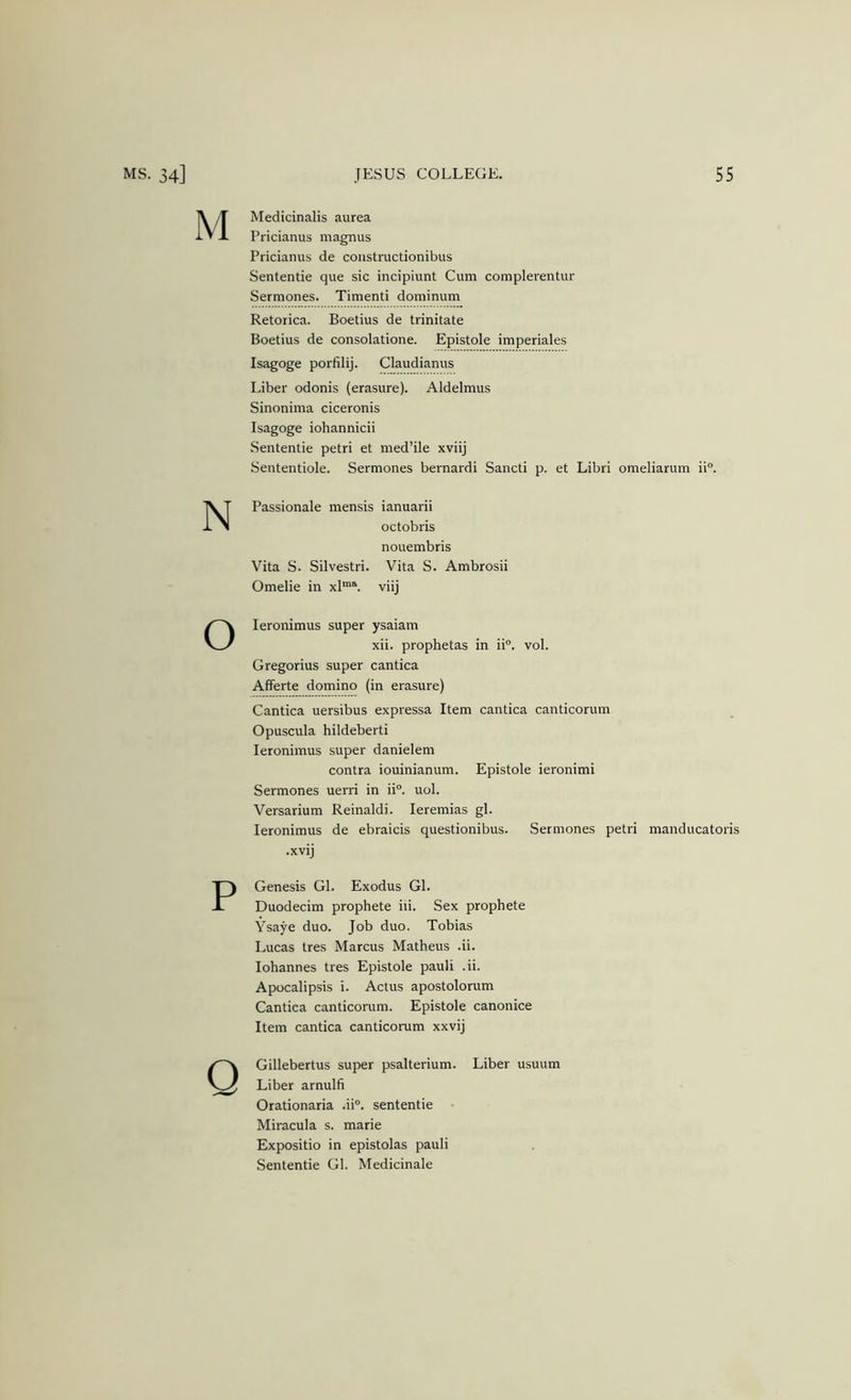 Medicinalis aurea Pricianus magnus Pricianus de coiistructionibus Sententie que sic incipiunt Cum complerentur Sermones. Timenti dominum Retorica. Boetius de trinitate Boetius de consolatione. Epistole imperiales Isagoge porfilij. Claudianus Liber odonis (erasure). Aldelmus Sinonima ciceronis Isagoge iohannicii Sententie petri et med’ile xviij Sententiole. Sermones bernardi Sancti p. et Libri omeliarum ii”. N Passionale mensis ianuarii octobris nouembris Vita S. Silvestri. Vita S. Ambrosii Omelie in xl‘^ viij o leronimus super ysaiam xii. prophetas in ii“. vol. Gregorius super cantica Afferte domino (in erasure) Cantica uersibus expressa Item cantica canticorum Opuscula hildeberti leronimus super danielem contra iouinianum. Epistole ieronimi Sermones uerri in ii®. uol. Versarium Reinaldi. leremias gl. leronimus de ebraicis questionibus. Sermones petri manducatoris .xvij P Genesis Gl. Exodus Gl. Duodecim prophete iii. Sex prophete Ysaye duo. Job duo. Tobias Lucas tres Marcus Matheus .ii. lohannes tres Epistole pauIi .ii. Apocalipsis i. Actus apostolorum Cantica canticorum. Epistole canonice Item cantica canticorum xxvij Gillebertus super psalterium. Liber usuum Liber arnulfi Orationaria .ii°. sententie Miracula s. marie Expositio in epistolas pauIi Sententie Gl. Medicinale