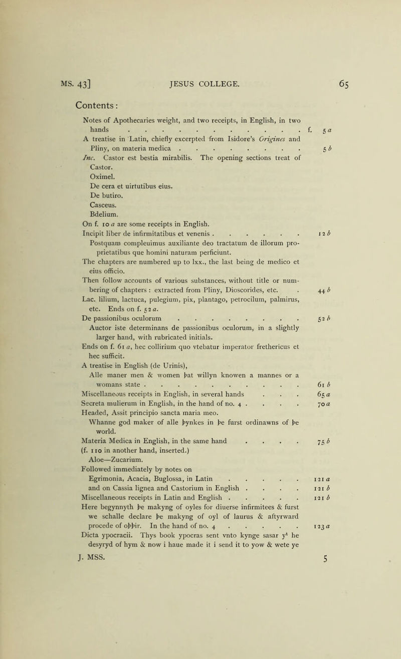 Contents: Notes of Apothecaries weight, and two receipts, in English, in two hands . . . . f. 5 a A treatise in Latin, chiefly excerpted from Isidore’s Origines and Pliny, on materia medica 5 ^ Inc. Castor est bestia mirabilis. The opening sections treat of Castor. Oximel. De cera et uirtutibus eius. De butiro. Casceus. Bdelium. On f. 10 a are some receipts in English. Incipit liber de infirmitatibus et venenis \ib Postquam compleuimus auxiliante deo tractatum de illorum pro- prietatibus que homini naturam perficiunt. The chapters are numbered up to Ixx., the last being de medico et eius officio. Then follow accounts of various substances, without title or num- bering of chapters ; extracted from Pliny, Dioscorides, etc. . 44 b Lac. lilium, lactuca, pulegium, pix, plantago, petrocilum, palmirus, etc. Ends on f. 52 a. De passionibus oculorum . ^^b Auctor iste determinans de passionibus oculorum, in a slightly larger hand, with rubricated initials. Ends on f. 61 a, hec collirium quo vtebatur imperator frethericus et hec sufficit. A treatise in English (de Urinis), Alle maner men & women hat willyn knowen a mannes or a womans state 61 ^ Miscellaneous receipts in English, in several hands . . . 65 a Secreta mulierum in English, in the hand of no. 4 . . . . 70 a Headed, Assit principio sancta maria meo. Whanne god maker of alle hynkes in he furst ordinawns of he world. Materia Medica in English, in the same hand . . . . 75 3 (f. no in another hand, inserted.) Aloe—Zucarium. P'ollowed immediately by notes on Egrimonia, Acacia, Buglossa, in Latin 121a and on Cassia lignea and Castorium in English . . . . 121^ Miscellaneous receipts in Latin and English \ii b Here begynnyth he makyng of oyles for diuerse infirmitees & furst we schalle declare he makyng of oyl of laurus & aftyrward procede of ohhir. In the hand of no. 4 Dicta ypocracii. Thys book ypocras sent vnto kynge sasar y‘ he desyryd of hym & now i haue made it i send it to yow & wete ye J. MSS. 5