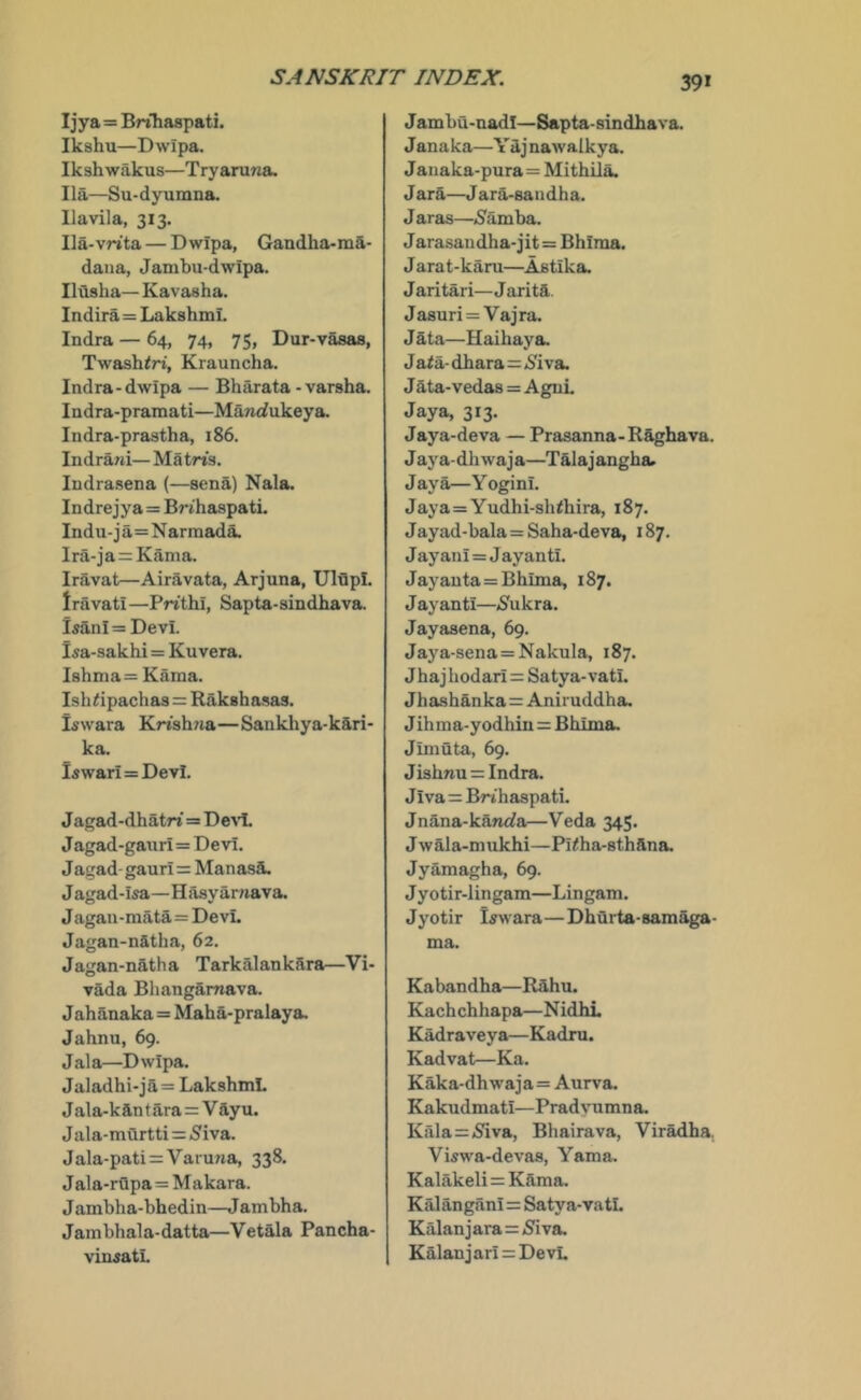 39* Ijya=Brthaspati. Ikshu—Dwipa. Ikshwakus—Tryaruna. Ila—Su-dyurana. llavila, 313. Ila-vn'ta — Dwipa, Gandha-mS- dana, Jambu-dwipa. Ilusha— Kavasha. Indira=Lakshml. Indra — 64, 74, 75, Dur-vasas, Twash^rt, Krauncha. Indra-dwipa — Bharata - varsha. Indra-pramati—Manrfukeya. Indra-prastha, 186. Indrani— Matn's, Indrasena (—aena) Nala. Indrejya=Bi’ihaspatL Indu-ja=Narraada. Ira-ja=Kama. Iravat—Airavata, Arjuna, UlflpL Iravati—Prithi, Sapta-sindhava. lsanl= Devi, isa-sakhi = Kuvera. Ishma= Kama. Ishdpachas = Rak8haaa3. iswara Knahna—Sankhya-kari- ka. liwari = Devi. J agad-dhatn = De>’L Jagad-gauri=Devi. Jagad-gauri=Manasa. Jagad-isa—Hasyarnava. Jagan-mata=DevL Jagan-natha, 62. Jagan-natha Tarkalankara—Vi- vada Bliangamava. J ahanaka=Maha-pralaya. Jahnu, 69. Jala—Dwipa. Jaladhi-ja = LakshmL Jala-k an t ara=Vay u. J ala-murtti=A^iva. Jala-pati = Varuna, 338. Jala-rQpa=M akara. J ambha-bhedin—J ambha. Jambhala-datta—Vetala Pancha- vin^atL J ambu-nadi—Sapta- sindhava. Janaka—Yajnawalkya. Jauaka-pura= Mithila. Jara—Jara-saudha. J aras—»Samba. Jarasaudha-jit=Bhinia. J arat-kani—Astika. Jaritari—Jarita. Jasuri = Vajra. J ata—Haihaya. J aia- dhara=A^iva. J ata-vedas = AgnL Jaya, 313. Jaya-deva — Prasanna-Raghava. Jaya- dh waj a—Tala j angha. Jaya—Yogini. Jaya=Yudhi-sh^hira, 187. Jayad-bala = Saha-deva, 187. J ayani=Jay anti. Jayanta=Bhima, 187. J ayanti—iS'ukra. Jayasena, 69. Jaya-sena = Nakula, 187. Jhajhodari = Satya-vati. Jhashanka=Aniruddha. J ih ma-yodhin=Bhima. Jimuta, 69. Jishnur: Indra. Jiva=Brihaspati. Jnana-karu^a—Veda 345. Jwala-mukhi—Pi^ha-sthana. Jyamagha, 69. Jyotir-lingam—Lingam. Jyotir iswara—Dhurta-samaga- ma. Kabandha—Rahu. Kachchhapa—NidhL Kadraveya—Kadru. Kadvat—Ka. Kaka-dhwaja=Aurva. Kakudmati—Pradvumna. Kala=A8iva, Bhairava, Viradha. Viswa-devas, Yama. Kalakeli=Kama. Kalangani=Satya-vatL Kalan jara=/Si va. Kalanjari = Devi.
