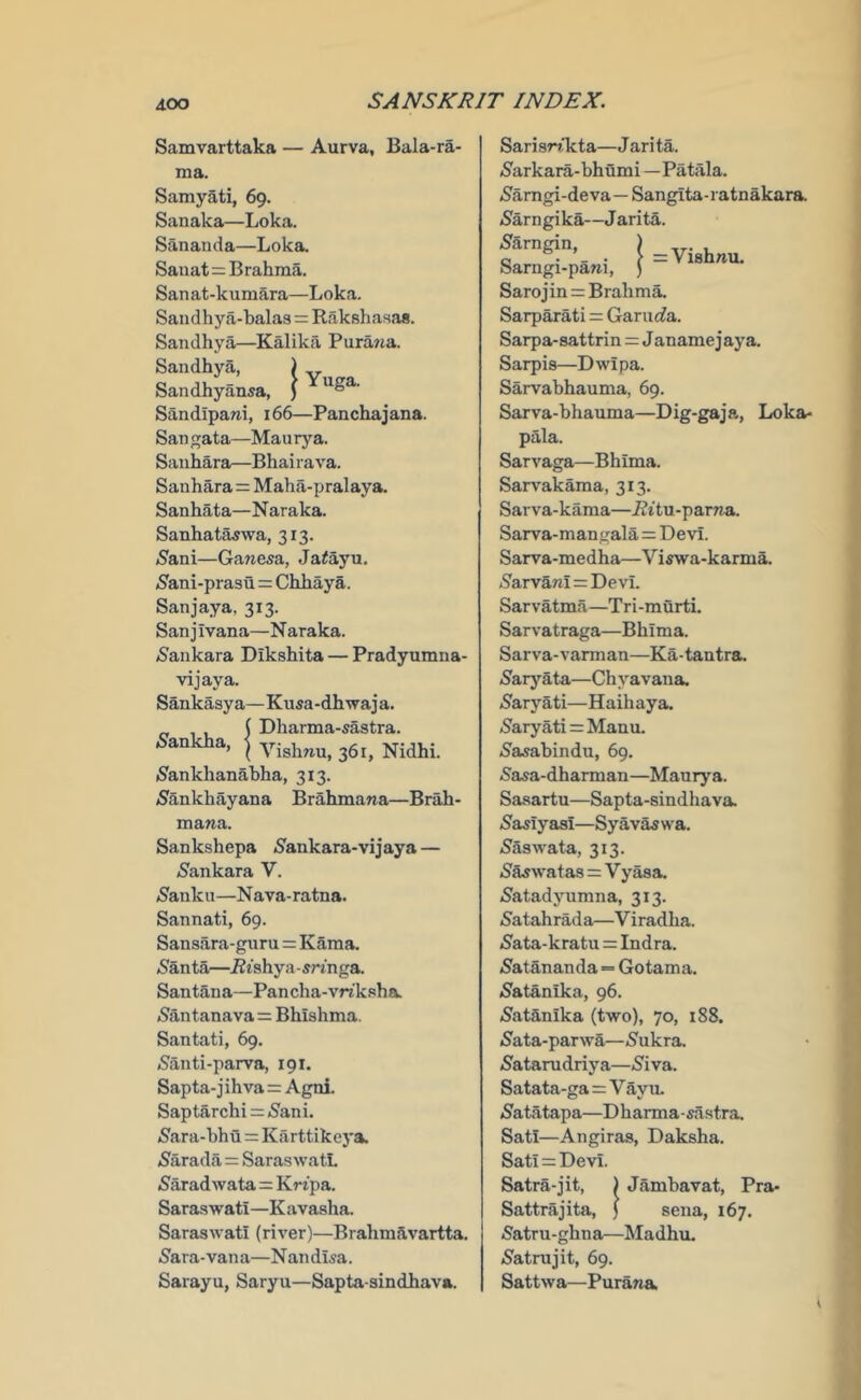 Samvarttaka — Aurva, Bala-ra- ma. Samyati, 69. Sanaka—Loka. Sananda—Loka. Sanat=Brahma. Sanat-kumara—Loka. Sandhya-balas = Rakshasas. Saiidhya—Kalika Pura«a. Sandhya, ) Sandhyansa, ) ® Sandipani, 166—Panchajana. San gata—Maurya. Sauhara—Bhai rava. Sanhara=Maha-pralaya. Sanhata—Naraka. Sanhata^wa, 313. Sani—Ganesa, Ja^ayu. 5^ani-pra9u = Chhaya. Sanjaya, 313. Sanjivana—Naraka. /Sankara Dikshita — Pradyumiia- vijaya. Sankasya—Kusa-dhwaj a. ( Dharma-sastra. 5'ankha, ^ iSankhanabha, 313. /Sankhayana Brahmana—Brah- mana. Sankshepa Sankara-vijaya — /Sankara V. (Sanku—Nava-ratna. Sannati, 69. Sansara-guru=Kama. Santa—iJtahya-srrnga. Santana—Pancha-vnk.sha. Santanava=Bhishma. Santati, 69. Santi-parva, 191. Sapta-jihva=Agni. Saptarchi = Sani. Sara-hhu=Karttikcya. Sarada SaraswatL SaradAvata=Krrpa. Saraswati—Kavasha. Saraswatl (river)—Brahmavartta. Sara-van a—Nan disa. Sarayu, Saryu—Sapta-sindhava. Sarisn'kta—J arita. Sarkara-bhumi —Patala. Samgi-deva—Sangita-ratnakara. Sarngika—J arita. Sdrngin ) ^ Sarngi-pam, ) Sarojin = BrahmA Sarparati = Gariirfa. Sarpa-sattrin = J anamejaya. Sarpis—Dwipa. Sarvabhauma, 69. Sarva-bhauma—Dig-gaja, Loka* pala. Sarvaga—Bhima. Sarvakama, 313. Sarva-kama—i2ttu-parria. Sarva-mangala=Devi. Sarva-medha—Viswa-karmA Sarvani = Devi. Sarvatma—Tri-murti. Sarvatraga—Bhima. Sarva-A'arman—Ka-tantra. Saryata—Chyavana. Saryati—Haihaya. Saryati = Manu. Sasabindu, 69. Sasa-dharman—Maurya. Sasartu—Sapta-sindhava. Sasiyasi—Syava^ wa. SasAA'ata, 313. Skswatas = V yasa. Satadyumna, 313. Satahrad a—V iradha. Sata-kratu = Indra. Satananda = Gotama. Satanika, 96. Satanika (two), 70, 188. Sata-parwa—Sukra. Satarudriya—Siva. Satata-ga=V ayu. Satatapa—Dharma-sastra, Sati—Angiras, Daksha. Sati = Devi. Satra-jit, ) Jambavat, Pra* Sattrajita, ) sena, 167, Satru-ghna—Madhn. Satnijit, 69. Sattwa—Parana,