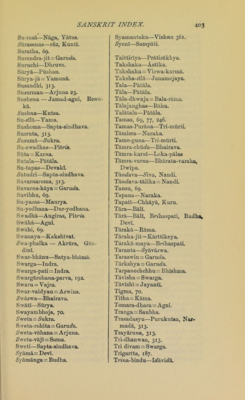 Su-rasS.—Naga, Yatus. .Suraseuas—162, KuntL Suratha, 69. Surendra-jit = Garurfa. Siiruchi—Dhruva. Surya—Pushiin. Surj’a-ja=Y amuna. Susandhi, 313. Susarmau—Arjuna 23. Sushena — Jamad-agui, Rchu- ka. 6'ushwa—Kutaa. Su-sila—Yam a. Sushoma—Sapta-siudhava. Susruta, 313. i^usuma—(Sukra. Su-s\vadhas—Pitns. Suta=Karna. Su tala—Pa tala. Su-tapas—DevakL (S^utudri—Sapta-sindhava. Suvamaroma, 313. Suvar7?a-kaya=GarutZa. Suvibhu, 69. Su-yasas—Maury a. Su-yod liana—Dur-yodhana. Swadha—Angiras, Pitrta SM'aha—Agni, Swahi, 69. S svanaya—Kakshi vat. .Swa-phalka — Akrura, GSn- dinl. Swar-bhanu—Satya-bbama. Swarga—Indra. S warga-pati = Indra. Swargarohana-parva, 192. Swaru = Vajra. Swar-vaidyau = Aswins. (Swa^wa—Bbairava. Swati—Surya. Swayambhoja, 7a ^^weta=<S’ukra, S weta-rohita=Garurfa. iS'weta-vahana=Arj una. 5weta-vajl = Soma. Sweti—Sapta-sindhava. 5j-ama=Devi. S’yiiraanga=Budba. Syamantaka—Vishnu 361. jSyeni—Sampati. Taittiriya—Pratisakbya. Takshaka—Asti ka. T akshaka=Viswa-karma. Taksha-sila—Jauamejaya. Tala—Patflla. Tala—Pa tala. Tala-dhwaja=: Bala-rania. Tala j anghas—Bahu. T alatala—Patala. Tamas, 69, 77, 246. Tamas-Pura/ia—Tri-murtL Tami-sra—Naraka. Tamo-guna—Tri-murti. Tamra-cbucfa—Bbairava. Tam ra-karrai—Loka-palas Tamra-var/ia—Bharata-varsha, Dwipa. T.ancfava—Siva,, Nandi. Tam3fava-talika=Nanili Tansu, 69. Tapana—Naraka. Tapati—Chhaya, Kuru, Tara—Bali. Tara—Bali, Brihaspati, Budhi^ Devi. Taraka—Rama. Taraka-jit=Karttikej’a. Taraka-maya—Bn'baspati. Taranta—Syhyaswa,. Taraswin = Garurfa. Tarkshya=Garurfa. Tarpanechchhu = Bhishma. Tavisha=: Swarga. Tavishi = J ayantL Tigma, 70. Titha=Kama. Tomara-dhara = Agni. Tranga=Saubha. Trasadasyu—Purukutsa, Nar* mada, 313. TraySruna, 313. Tri-dhanwan, 313. Tri divamz: Swarga. Trigartta, 187. Tnna-bindu—Icfavic^A