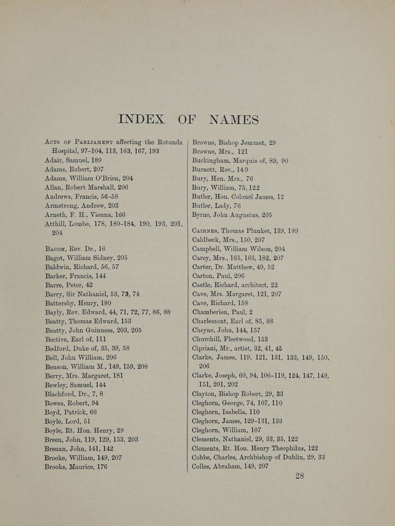 Acts oF ParuiameEnt affecting the Rotunda Hospital, 97-104, 113, 163, 167, 193 Adair, Samuel, 189 Adams, Robert, 207 Adams, William O’Brien, 204 Allan, Robert Marshall, 206 Andrews, Francis, 56-58 Armstrong, Andrew, 203 Arneth, F. H., Vienna, 166 Atthill, Lombe, 178, 180-184, 190, 193, 201, 204 Bacon, Rev. Dr., 16 Bagot, William Sidney, 205 Baldwin, Richard, 56, 57 Barker, Francis, 144 Barre, Peter, 42 Barry, Sir Nathaniel, 53, 73, 74 Battersby, Henry, 180 Bayly, Rev. Edward, 44, 71, 72, 77, 86, 88 Beatty, Thomas Edward, 153 Beatty, John Guinness, 203, 205 Bective, Harl of, 111 Bedford, Duke of, 35, 39, 58 Bell, John William, 206 Benson, William M., 149, 159, 208 Berry, Mrs. Margaret, 181 Bewley, Samuel, 144 Blachford, Dr., 7, 8 Bowes, Robert, 94 Boyd, Patrick, 66 Boyle, Lord, 51 Boyle, Rt. Hon. Henry, 29 Breen, John, 119, 129, 153, 203 Brenan, John, 141, 142 Brooke, William, 149, 207 Brooks, Maurice, 176 Browne, Bishop Jemmet, 29 Browne, Mrs., 121 Buckingham, Marquis of, 89, 90 Burnett, Rev., 149 Bury, Hon. Mrs., 76 Bury, William, 75, 122 Butler, Hon. Colonel James, 12 Butler, Lady, 76 Byrne, John Augustus, 205 Carrnes, Thomas Plunket, 139, 189 Caldbeck, Mrs., 150, 207 Campbell, William Wilson, 204 Carey, Mrs., 165, 166, 182, 207 Carter, Dr. Matthew, 49, 52 Carton, Paul, 206 Castle, Richard, architect, 22 Cave, Mrs. Margaret, 121, 207 Cave, Richard, 158 Chamberlen, Paul, 2 Charlemont, Earl of, 85, 88 Cheyne, John, 144, 157 Churchill, Fleetwood, 153 Cipriani, Mr., artist, 32, 41, 45 Clarke, James, 119, 121, 131, 133, 149, 150, 206 Clarke, Joseph, 60, 94, 106-119, 124, 147, 149, 151, 201, 202 Clayton, Bishop Robert, 29, 33 Cleghorn, George, 74, 107, 110 Cleghorn, Isabella, 110 Cleghorn, James, 129-131, 133 Cleghorn, William, 107 Clements, Nathaniel, 29, 33, 35, 122 Clements, Rt. Hon. Henry Theophilus, 122 Cobbe, Charles, Archbishop of Dublin, 29, 33 Colles, Abraham, 149, 207 28