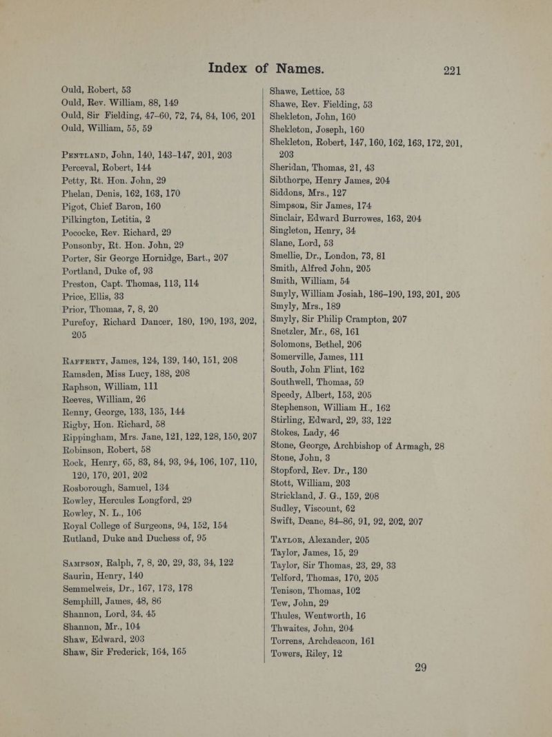 Ould, Rev. William, 88, 149 Ould, Sir Fielding, 47-60, 72, 74, 84, 106, 201 Ould, William, 55, 59 PENTLAND, John, 140, 143-147, 201, 203 Perceval, Robert, 144 Petty, Rt. Hon. John, 29 Phelan, Denis, 162, 163, 170 Pigot, Chief Baron, 160 Pilkington, Letitia, 2 Pococke, Rev. Richard, 29 Ponsonby, Rt. Hon. John, 29 Porter, Sir George Hornidge, Bart., 207 Portland, Duke of, 93 Preston, Capt. Thomas, 113, 114 Price, Ellis, 33 Prior, Thomas, 7, 8, 20 Purefoy, Richard Dancer, 180, 190, 193, 202, 205 Rarrerty, James, 124, 139, 140, 151, 208 Ramsden, Miss Lucy, 188, 208 Raphson, William, 111 Reeves, William, 26 Renny, George, 133, 135, 144 Rigby, Hon. Richard, 58 Rippingham, Mrs. Jane, 121, 122, 128, 150, 207 Robinson, Robert, 58 120, 170, 201, 202 Rosborough, Samuel, 134 Rowley, Hercules Longford, 29 Rowley, N. L., 106 Royal College of Surgeons, 94, 152, 154 Rutland, Duke and Duchess of, 95 Sampson, Ralph, 7, 8, 20, 29, 33, 34, 122 Saurin, Henry, 140 Semmelweis, Dr., 167, 173, 178 Semphill, James, 48, 86 Shannon, Lord, 34, 45 Shannon, Mr., 104 Shaw, Edward, 2038 Shaw, Sir Frederick, 164, 165 221 Shawe, Rev. Fielding, 53 Shekleton, John, 160 Shekleton, Joseph, 160 Shekleton, Robert, 147, 160, 162, 163, 172, 201, 203 Sheridan, Thomas, 21, 43 Sibthorpe, Henry James, 204 Siddons, Mrs., 127 Simpson, Sir James, 174 Sinclair, Edward Burrowes, 163, 204 Singleton, Henry, 34 Slane, Lord, 58 Smellie, Dr., London, 78, 81 Smith, Alfred John, 205 Smith, William, 54 Smyly, William Josiah, 186-190, 198, 201, 205 Smyly, Mrs., 189 Smyly, Sir Philip Crampton, 207 Snetzler, Mr., 68, 161 Solomons, Bethel, 206 Somerville, James, 111 South, John Flint, 162 Southwell, Thomas, 59 Speedy, Albert, 153, 205 Stephenson, William H., 162 Stirling, Edward, 29, 33, 122 Stokes, Lady, 46 Stone, George, Archbishop of Armagh, 28 Stone, John, 3 Stopford, Rev. Dr., 180 Stott, William, 208 Strickland, J. G., 159, 208 Sudley, Viscount, 62 Swift, Deane, 84-86, 91, 92, 202, 207 Taytor, Alexander, 205 Taylor, James, 15, 29 Taylor, Sir Thomas, 23, 29, 33 Telford, Thomas, 170, 205 Tenison, Thomas, 102 Tew, John, 29 Thules, Wentworth, 16 Thwaites, John, 204, Torrens, Archdeacon, 161 Towers, Riley, 12 29