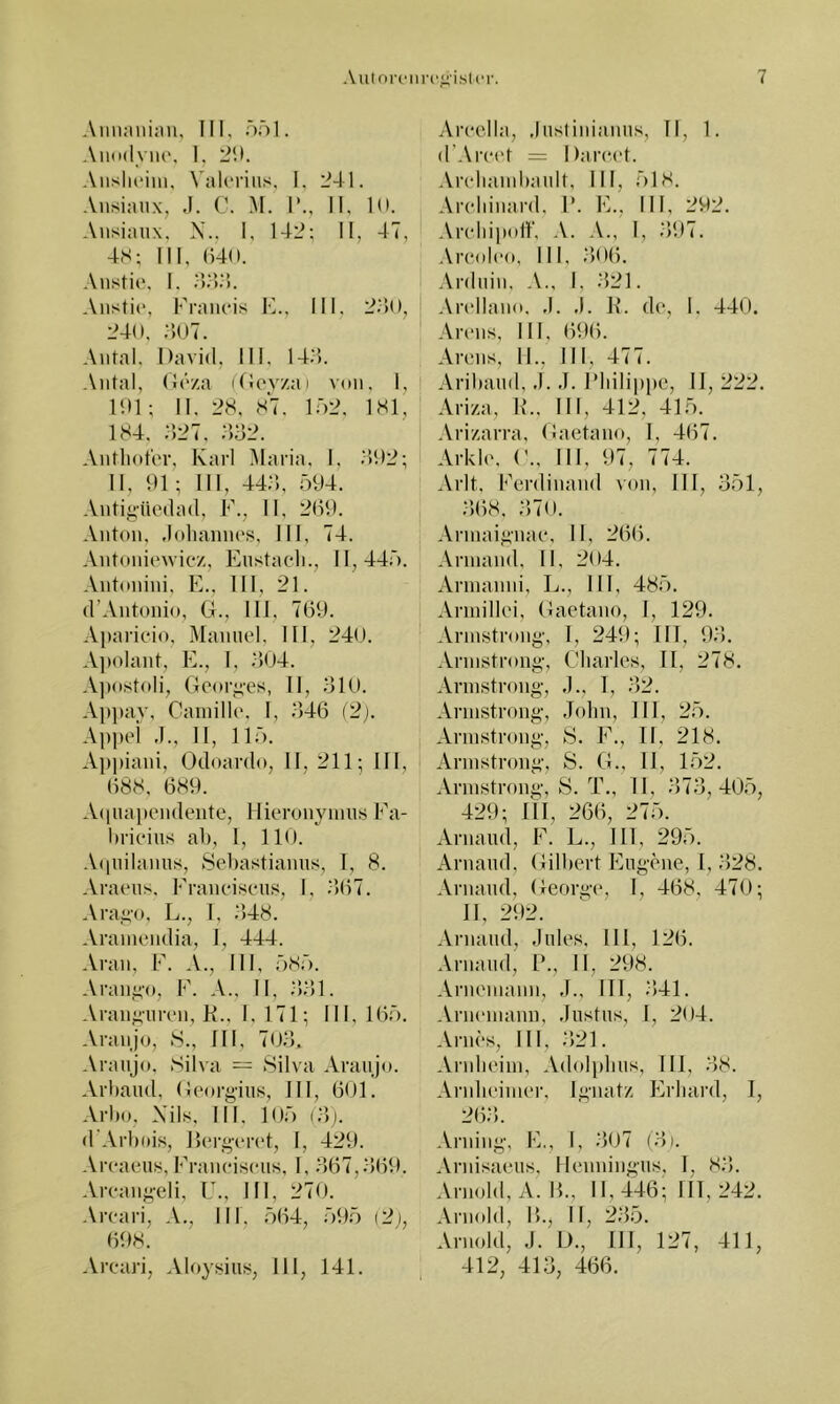Aimnniim, III, ööl. AimkIviu', I, 2‘.). Aiislu‘iin, Valc'riiis, I, 1^41. Ansiaiix, J. C. M. 1*., II, K). Ansiaux. X.. I, 142; II, 47, 4S; III, ()40. Aiistio, I. nn;:. Aiistic, Francis F., III, 24t), 24t), ;)t,)7. Antal. David, III. 142). Antal, Dcza iDovzai vnn. I, 1111: II. 2H. Hl. 1Ö2. IHl, \H4. 427. 442. Antliot'or, Karl Maria. I, 2)1)2; II. 1)1- III, 444, 594. Antiyüedad, F., II, 2(59. Anton, .lohaniu's, III, 74. Antoniowicz, Enstacli., 11,445. Antonini, E., III, 21. (l’Antonio, G., III, 769. Aparicio, Manuel. III, 24t). A])olant, E., I, 404. Ai)ostoli, Gcor^'es, II, 410. A})pay, Camille. I, 446 (2). Appei ,1., II, 115. A])])iani, Odoardo, 11,211; III, 68H, 6H9. A(iuapendeiite, Hieronymus Fa- hrieius ab, 1, 110. A(pdlanus, Sebastianus, I, 8. Araeus. Franeiseus, I, 2)67. Ara.n’o, L., I, 2)48. Aramendia, 1, 444. Aran, F. A., III, 5H5. Aran^'o, F. A., II, 441. Aranjiuren, K., 1.171; III, 165. Araiijo, .S., III, 7)J4, Aratijo, Sih a — Silva Araujo. Arbaud, Georgäiis, III, 601. Arbo, X'ils, III, lt)5 (4). d'Arbois, Ilerg-eret, I, 429. Areaeus, Franeiseus, 1, 467,469. Areany-eli, U., III, 270. Areari, A., III, 564, 595 (2;, 69K. Areari, Aloysitis, 111, 141. Areclla, .lusliiuanus, II, 1. d’Aivc't = l)ar(*.et. Areliambault, III, 51S. Aiadnnard. I*. E., III, 292. Arcddpott’, A. A., I, 497. Areoleo, III, 4t)6. Arduin, A., I, 421. Andlamt. .1. .1. K. de, I. 440. Arcms, III, 696. Arens, II., III, 477. Aribaud, .1. .1. IMulippc, II, 222. Ariza, K., III, 412, 415. Arizarra, Gaetano, 1, 467. Arkle. C.. III, 97, 774. Arlt. Ferdinand von, III, 451, 468, 470. Armaipiae, 11, 266. Armand, II, 204. Armanni, L., III, 485. Armillei, Gaetano, I, 129. Armstrong-, I, 249; IIT, 92). Armstrong, Charles, II, 278. Armstrong, .)., 1, 42. Armstrong, John, III, 25. Armstrong, S. F., II, 218. Armstrong, S. G., 11, 152. Armstrong, S. T., II, 474,405, 429; lll, 266, 275. Arnaud, F. L., Hl, 295. Arnaud, Gilbert Eugene, 1, 428. Arnaud, George, I, 468, 470; 11, 292. Arnaud, .lules, 111, 126. Arnaud, P., II, 298. Arnemann, ,T., III, 441. Arnemann, Justus, I, 2t)4. Arnes, III, 421. Arnbeim, Adoli)bus, III, 48. Arnbeinier, Ignatz Erhard, I, 264. Arning, E., I, 4t)7 (4i. Arnisaeus, Ilemnngus, T, 84. Arnold, A. H., 11,446; 111,242. Arnold, Ib, II, 245. Arnold, J. D., 111, 127, 411, 412, 414, 466.