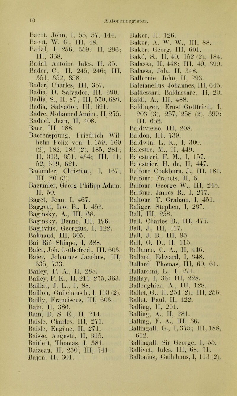 UiU'ot, Jolin, I, 55, 57, 144. l’.acüt, AV. (i., Iir, 4H. Hadal, I, l55(i, ;;5»); II, ld)0; III, ym. Hadal, Aiitdine .luU's, II, ;>5. Uadcr, (A, II, 245, 24H; III, 451, 452, 458. Hader, ('liarles, III, 457. Hadia, 1). »Salvador, III, dlH». Badia, S., 11,87; 111,570,689. Hadia, Salvador, III, 691. Hadrc, AHdianied Amine, 11,275. Hadiiel, Jean, II, 408. Hacr, TU, 188. Haerensjnaing-, Friedideh AA41- Iielm Felix von, I, 159, 160 i2), 182, 184 (2), 185, 281; II, 414, 451, 444; III, 11, 52, 619, 621. Haeunder, (Jiristian, 1, 167; IlT, 20 (4). Haenmler, Georj;- Hhili})}» Adam, fl, 50. Ha^et, Jean, I, 467. Hag'gett, Ino. H., I, 456. Haginskv, A., III, 68. Bagänsky, Benno, III, 196. Baj;-livius, Georgius, I, 122. Balmand, III, 405. Bai Eid Shinjx), I, 488. Baier, Joli. Gotliofred., III, 604. Baier, .loliannes Jaeobns, III, 645, 744. Bailey, F. A., II, 288. Bailey, F. K., II, 211, 275, 464. Baillat, ,1. L., I, 88. Bailloii, Gnilelnms le, I, 114(2). Bailly, Franeisens, III, 604. Hain, II, 486. Hain, I). S. E., II, 214. Baisle, Gliarles, III, 271. Haide, Eugene, II, 271. Baisse, Angnste, M, 415. Baitlett, d'liomas, I, 481. Baizean, II, 240; III, 741. Bajon, II, 401. Baker, II, 126. Baker, A. AV. AV., III, H8. Baker, Georg, III, 601. Bakd, S., II, 40, 152 (2i, 184. Balassa, II, 448; III, 49, 499. Balassa, ,Ioli., II, 448. Balbirnie, Jolin, II. 294. Balcianelliis, Joliannes, III, 645. Baldessari. Baldassare, II. 20. Baldi, A., III, 488. Baldinger, Ernst GotttVieil, I, 204 (4), 257,'258 (2i, 499; III, 652. Baldivielso, III, 208. Baldon, III, 749. Baldwin, L. K., I, 400. Balestre, AI., TI, 449. Balestreri, F. AI., I, 157. Balestrier, II. de, II, 447. Balfonr Coeklnirn, J., III, isl. Baltüur, Francis, II, 6. Baltbur, George AV., III, 245. Haltbar, James B., I, 277. Balfonr, T. Graham, I, 451. Baliger, Stephen, I, 247. Ball, III, 2.58. Ball, Charles B., III, 477. Ball, J., 111, 417. Ball, J. B., 111, 95. Ball, O. I)., II, 115. Ballance, C. A., 11, 446. Ballard, Edward, 1, .448. Ballard, Thomas, III, 60, 61. Ballardini, L., I, 271. Ballay, I, .46; III, 228. Ballenghien, A., III, 128. Ballet, G., II, 254 (2i; III, 256. Ballet. Banl, 11, 422. Balling, II, 20l. Balling; A., II, 281. Balling, F. A., III, .‘>6. Ballingall, G., I,.‘)75; 111,188, 612\ Ballingall, Sir George, I, 55. Ballivet, .Inles, III, 68, 71. Ballonins, Gnilehmis, I, 11,-) (2).
