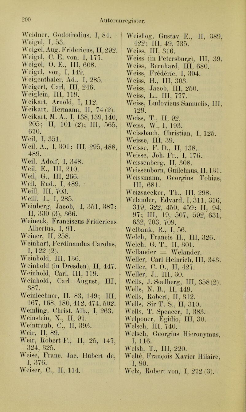 Weidiior, TilodolVodins, I, 84. Weii;cl, I, f)-}. Woi^-cl, An^^ Fridoric'us, 11,292. AN'ci^'cl, C. PL von, I, ITT. Weisel, (). PL, IIT, ßUH. A'ciy-el, von, 1, 149. Woiycntlialer, Ad., I, 285. Weig-ert, Carl, III, 246. Weii;lein, III, 119. Weikart, Arnold, T, 112. Wcikart, Ilcnnann, II, T4(2). Wcikart, M. A., I, 1,48,1,49,140, 205; II, 101 (2); III, .56,5, 6T0. Weil, I, 451. Weil, A., 1,401; III, 295,488, 489. Weil, Adolf, I, 448. Weil, PL, III, 210. Weil, fl., III, 266. Weil, End., I, 489. Wein, III, T04. Weill, J., I, 285. Weinberg-, .Jacob, I, 451,48T; II, 440 (4), 466. AVeineck, Franciscus P5-idericns Albertus, I, 91. Weiner, II, 258. Weinhart, P''erdinandiis Carolus, I, 122 (2). Weiidiold, III, 146. Weinhold (in Dresden), II, 44T. Weinbold, Carl, III, 119. Weinhold, Carl Aiig-ust, III 48T. Wcinlechner, II, 84, 149; III, 16T, 168, 180, 412, 4T4, 502. Weinling-, Christ. Alb., I, 264. Weinstein, N., II, 9T. Weintraub, C., II, 494). Weil-, II, 89. Weil-, Robert PL, II, 25, 14T, 424, 425. Weise, P'rane. ,lae. Hubert de, I, 4T6. Weiser, (5, II, 114. Weisilog-, flustav PL, II, 489, 422; III, 49, T4.5. AV'eiss, HI, 416. Weiss fin Petersburg-), III, 49. Weiss, Eernhard, III, 680. Weiss, P5-cderie, I, 404. Weiss, II., III, 404. Weiss, .laeob, III, 250. AV^eiss, L., III, TTT. AVeiss, Ludovieus 8aniuelis, III, T29. AVeiss, T., II, 92. AA^eiss, AAL, I, 194. AA^issbach, Christian, I, 125. AA^eisse, III, 49. AA'cisse, PL D., II, 148. AA^eisse, Joh. PL-., I, 1T6. AA'eissenberg-, II, 408. AA'eissenborn, Guilehnus, II, 141. AA'^eissinann, Georg-ius Tobias, III, 681. AATizsaecker, Th., III, 298. AVelander, Pldvard, 1,411, 416, 419, 422, 450, 459; II, 94, 9T; III, 19, 50T, 592, 641, 642, T04, T09. AA’'elbank, R., 1, 56. AATlch, P'raneis H., III, 426. AATlch, G. T., II, 401. AA^ellander = AATlander. AATller, Carl Heinrieh, III, 444. AATIler, C. 0., II, 42T. AATller, J., III, 40. AATlls, ,1. Soelberg-, 111,458(2). AATlls, N. B., II, 449. AATlls, Rol)ert, II, 412. AATdIs, Sir T. S., II, 410. AATlls, T. Spencer, I, 484. AATlponer, Egidio, III, 40. AATlseh, III, T40. AATlsch, Georg-ius llieronvinus, I, 116.  AATlsh, T., III, 220. AATdle, PL-anyois Xavier Hilaire, I, 90. AATIz, Rol)ei-t von, I, 2T2(4).