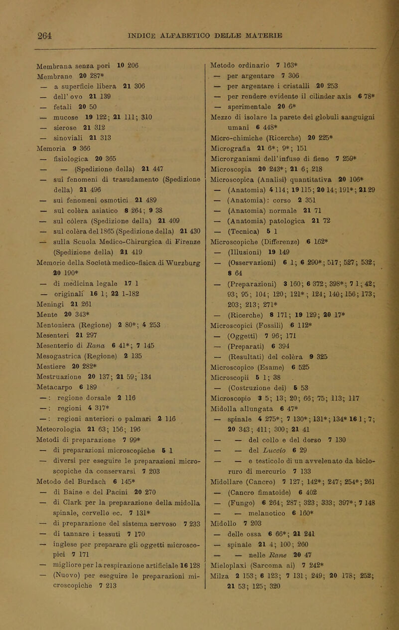 Membrana senza pori 10 206 Membrane 20 287* — a superficie libera 21 306 — deir evo 21 139 — fetali 20 50 — mucose 19 122; 21 111; 310 — sierose 21 312 — sinoviali 21 313 Memoria 9 366 — fisiologica 20 365 — — (Spedizione della) 21 447 — sui fenomeni di trasudamento (Spedizione della) 21 496 — sui fenomeni osmotici 21 489 — sul colèra asiatico 8 264 ; 9 38 — sul còlerà (Spedizione della) 21 409 — sul colèra del 1865 (Spedizione della) 21 430 — sulla Scuola Medico-Chirurgica di Firenze (Spedizione della) 21 419 Memorie della Società, medico-fisica di Wurzburg 20 190* — di medicina legale 17 1 — originali 16 1 ; 22 1-182 Meningi 21 261 Mente 20 343* Mentoniera (Regione) 2 80*; 4 253 Mesenteri 21 297 Mesenterio di Rana 6 41*; 7 145 Mesogastrica (Regione) 2 135 Mestiere 20 282* Mestruazione 20 137; 21 59; 134 Metacarpo 6 189 — : regione dorsale 2 116 — : regioni 4 317* — : regioni anteriori o palmari 2 116 Meteorologia 21 63; 156; 196 Metodi di preparazione 7 99* — di preparazioni microscopiche 6 1 — diversi per eseguire le preparazioni micro- scopiche da conservarsi 7 203 Metodo del Burdach 6 145* — di Baine e del Bacini 20 270 — di Clark per la preparazione della midolla spinale, cervello ec. 7 131* — di preparazione del sistema nervoso 7 233 — di tannare i tessuti 7 170 — inglese per preparare gli oggetti microsco- pici 7 171 — migliore per la respirazione artificiale 16 128 — (Nuovo) per eseguire le preparazioni mi- croscopiche 7 213 Metodo ordinario 7 163* — per argentare 7 306 — per argentare i cristalli 20 253 — per rendere evidente il cìlinder axis 6 78* — sperimentale 20 6* Mezzo di isolare la parete dei globuli sanguigni umani 6 448* Micro-chimiche (Ricerche) 20 225* Micrografia 21 6*; 9*; 151 Microrganismi dell’infuso di fieno 7 259* Microscopia 20 243*; 21 6; 218 Microscopica (Analisi) quantitativa 20 106* — (Anatomia) 4114; 19115; 20 14; 191*; 2129 — (Anatomia): corso 2 351 — (Anatomia) normale 21 71 — (Anatomia) patologica 21 72 — (Tecnica) 6 1 Microscopiche (Differenze) 6 162* — (Illusioni) 19 149 — (Osservazioni) 6 1 ; 6 290* ; 517 ; 527 ; 532 ; 8 64 — (Preparazioni) 3 160 ; 6 372 ; 398* ; 7 1 ; 42; 93; 95; 104; 120; 121* ; 124; 140; 156; 173; 203; 213; 271* — (Ricerche) 8 171; 19 129; 20 17* Microscopici (Fossili) 6 112* — (Oggetti) 7 96; 171 — (Preparati) 6 394 — (Resultati) del colèra 9 325 Microscopico (Esame) 6 525 Microscopii 6 1 ; 38 — (Costruzione dei) B 53 Microscopio 3 5; 13; 20; 66; 75; 113; 117 Midolla allungata 6 47* — spinale 4 275*; 7 130*; 131*; 134* 16 1 ; 7; 20 343; 411; 300 ; 21 41 — — del collo e del dorso 7 130 — — del Luccio 6 29 — — e testicolo di un avvelenato da biclo- ruro di mercurio 7 133 Midollare (Cancro) 7 127; 142*; 247; 254*; 261 — (Cancro fimatoide) 6 402 — (Fungo) 6 264; 287; 323; 333; 397*; 7 148 — — melanotico 6 160* Midollo 7 203 — delle ossa 6 66*; 21 241 — spinale 21 4; 100; 260 — — nelle Rane 20 47 Mieloplaxi (Sarcoma ai) 7 242* Milza 2 153; 6 123; 7 131; 249; 20 178; 252; 21 53; 125; 320