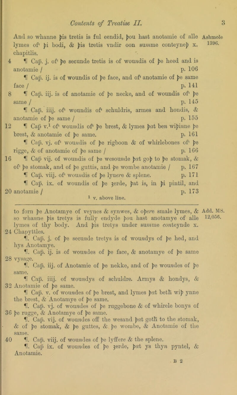 And so whanne fis tretis is ful eendid, Jjou hast aiiotamie of alle lynies of* J)i bodi, & J)is tretis vndir oon suwaue couteyne)) x. chapitlis. 4 H Cap. j. of* fe secunde tretis is of wou?idis of J)e heed and is anotainie / p. 106 H Cap. ij. is of woundis of fio face, and of* anotamie of fe same face / p. 141 8 IT Cap. iij. is of anotamie of jje necke, and of woundis of* )je same / p. 145 11 Cap. iiij. of* woundis of' schuldris, armes and hondis, & anotamie of Jie same / p. 155 12 11 Cap v.i of wou/idis of* J)e brest, & lymes fat bew wifi^me fe brest, & anotamie of fe same. p. 161 H Cap. yj. of* wou?<dis of fe rigboon & of whirlebones of* fe rigge, & of anotamie of fe same / p. 166 16 H Cap vij. of woundis of fe wesoiwde fat gof to fe stomak, A' of* fe stomak, and of fe guttis, and fe wombe anotamie / p. 167 H Cap. viij. of* wouadis of fe lyue?’e & splene. p. 171 H Cap. ix. of Avoundis of fe 3erde, fat is, in fi pintil, and 20 anotamie / p. 173 ^ V. above line. to forn fe Anotamye of veynes & synwes, & ofere smale lymes, & so wha/zne fis tretys is fully endyde fou hast anotamye of alle lymes of thy body. And fis tretys under su?nme co?iteynde x. 24 Chapyttles. 11. Cap. j. of fe secimde tretys is of wou7jdys of fe hed, and hys Anotamye. H. Cap. ij. is of woundes of fe face, & anotamye of fe same 28 vysage. H. Cap. iij. of Anotamie of fe nekke, and of fe Avou77des of fe same. H Cap. iiij. of Avou77dys of schuldre. Armys & hondys, A 32 Anotamie of fe same. H Cap. V. of woimdes of fe brest, and lynies fat beth wif ynne the brest, & Anotamye of fe same. H. Cap. vj. of wou77des of fe ruggebone & of whirele bonys of 36 fe rugge, & Anotamye of fe same. H. Cap. vij. of wouTides off the ivesand fat goth to the stomak, & of fe stomak, & fe guttes, & fe Avombe, & Anotamie of the same. 40 11. Cap. viij. of Avoimdes of fe lyffere & the splene. 11. Cap ix. of Avoimdes of fe 3erde, fat ys thyTz pyntel, & Anotamie. B 2 Ashmole 139G. Add. Ua. 12,056.