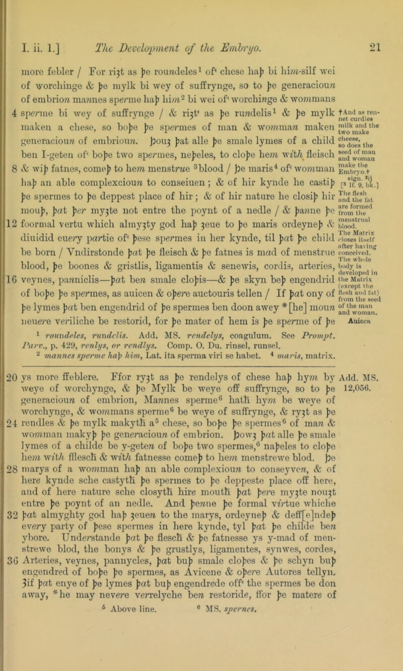 more feblcr / For rijt as ))e roimdeles^ of* chose haj) hi him-silf wei of ^yo^chinge & ))e mylk hi wey of suffrynge, so to ])e generacioun of erabriow ma7mes spenne liaj) him^ bi wei of* worchi/zge & wo??imans 4 speniie bi wey of suffrynge / & ri3t^ as ])e ruradelis^ & fe mylk makeu a chese, so bo))e J)e spet’ines of man & wo^nraaw maken generaciouw of embriouw. jJou^ jjat alle J)e smale lymes of a child ben I-geten of* bofe two spennes, nefeles, to clo))e hem wft/i fleisch 8 & wijj fatnes, come]) to hem menstrwe ^blood / pe maris^ of* wo7nman haj) an able complexciouw to conseiuen; & of hir kynde he cast!]) J)e spennes to pe deppest place of hir; & of hir nature he closij) hir mouj), ])at \er my3te not entre the poynt of a nedle / & J)a?nie ])(' 12 foormal vertu which alniy3ty god ha]) 3eue to J)o maris ordeynej) diuidid eue)y partie of* fese spemes in her kynde, til \at J)e child be born / Vndirstonde fat pe fleisch & J)e fatnes is mad of menstrue blood, J)e boones & gristlis, ligamentis & senewis, cordis, arteries, IG veynes, panniclis—\ai bew smale clofis—& pe skyn be]) engendrid of boJ)e ])e spennes, as auicen & o^pere auctouris tellen / If fat ony of fe lymes fat ben engendrid of f e spennes ben doon awey * [he] moun neno’e vodliche be restorid, for fe mater of hem is fe sperme of fe 1 ronudules, nmdiTis. Add. MS. rendehjs, coagulum. See Prompt. Pitri\, p. 429, renlys, or rendhjs. Comp. O. Du. rinsel, runsel. ^ mannes sperme ha\> him, Lat. ita pperma viri se habet. * maris, matrix. fAiul as ren- net curdles milk and the tivo make cheese, 80 does tile seed of man and woman make the Embryo.t sign. *ij [» if. 9. hk.l Tile flesli and tile fat are formed from tile menstrual blood. The Matrix closes itself after liaving conceived. The wliole body is developed in the Matrix (except the llesh and fat) from the seed of the man and woman. Auicca 20 ys more Ifeblere. Ffor ry3t as fe rendelys of chese haf hy7W by Add. MS. weye of worchynge, <fe fe ^lylk be weye off suffrynge, so to fe 12,056. generaciouw of embrion, Diannes sperme® hath hym be weye of worchynge, & wommans sperme® be weye of suffrynge, & ry3t as fe 24 rendles ik fe mylk makyth a® chese, so bofe fe spennes® of maw Sc womnian makyf fe generaciouw of embrion. )?ow3 fat alle fe smale lymes of a childe be y-getew of bofe two spermes,® nafeles to clofe he?w W7t7t fflesch & yvith fatnesse comef to hew menstrewe blod. jpe 28 marys of a womman haf an able complexiouw to conseyvew. Sc of here kynde sche castyth fe spennes to fe deppeste place off here, and of here nature sche closyth hire mouth fat fe?-e my3te nou3t entre fe poynt of an netlle. And ferine fe formal vfHue whiche 32 fat almyghty god haf 3euew to the marys, ordeynef Sc deff[e]ndef every party of fese spennes in here kynde, tyl fat fe childe bew ybore. Understande fat fe flesch Sc fe fatnesse ys y-mad of men- strewe blod, the bonys Sc fe grustlys, ligamentes, synwes, cordcs, 3G Arteries, veynes, pannycles, fat buf smale clofes Sc fe schyn buf engendred of bofe fe spermes, as Avicene & ofere Autores tellyn. 3if fat enye of fe lymes fat buf engendrede off* the spennes be don away, *he may nevere verrelyche bew restoride, ffor fe matere of ® Above line. ® MS. spernes.