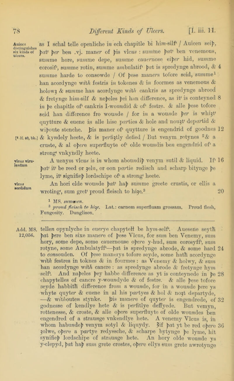 Auice/t distill )'uishes six kinds of ulcers. t» If. 40, bk.] vlcus viru* lejttum VlCK* Bordidum as I schal telle openliche m ech chapitle bi hi?n-silf' / Auiceii seif>, jiat' per ben .vj. maiier of J)is vlczis : su??ime ben vcnemoiis, 8u??nne bore, su»^nle depe, sii7?inie caue7’nose eiper bid, simmo corosif, 8u??ime rotin, 8u?nme a?nbulatif‘ pat is spredynge abrood, & 4 su??/me barde to consowde / Of fiese inane?’S tofore seid, su??ime^ ban acordynge with festris in tokenes & in foornies as veneinous & bolow^ & simine ban acordynge with cankris as spi'edynge abrood & fretynge bi??z-silf & nejjcles |7ei ban difference, as ib is conteyned 8 in pe cbapitle of* cankris I-wou7idid & of festre. & alle |jese tofore seid ban difference fro -vvou/ide / for i7i a wou/^de per is wbi3f qnytture & euene in alle bise p«7*ties & bole and non3f dept<?'tid & wijjoute stenebe. }5is maner of qnytture is engendrid of goodnes 12 & kyridely beete, & is pe7-fi3tly defied / But A'enym rctynes a cruste, & al oper& superfluyte of olde wou7ulis be?7 engendrid of a strong’ vnkyndly beete. A ueny7?i vlcn*' is i77 wbom abou77di)5 venym sutil & liquid. If 16 J)af if be reed or 3ebi, or oon portie rediseb and sebarp bitynge )7e lyme, if signifiej) lordscbipe of a strong’ beete. An bori elde \vou77de Jjaf baj) suTTinie greete crustis, or ellis a wroting’, sum gref proud fleiscb to bi3e.^ 20 * MS. snmvten. 3 2>roiid fieueh to hi^e. Lat.: camera superfluani grossam. Proud flesh, Fungosity. Dunglison. Add. MS. telleTi opynlycbe in eue?*ye cbapyteH be by?7i-self. Auesene seytb - 12,056. pat peve ben sixe manere of Jjese Vlcus, for su77i ben Venemy, su7?i bory, some depe, some cauernouse opere y-bud, su77i corosyff, su7?i rotyne, some Ambulatyff—fiat is spredynge abrode, & some liard 24 to coTisouden. Of ))ese manerys tofore seyde, some batb acordynge with festres in toknes & in fotirmes: as Venemy & bolwy, & su7>i ban acordynge wit/i cancre : as s]iredynge abrode & fretynge lly77^ self. And nafieles )7ey babbe differe7ice as yt is conteynede in pe 28 cbapytelles of cancre y-\vou??dyde & of festre. & alle fese tofore seyde babbitb difference fro77i a wou77de, for in a wouride f)ere ys Avhyte quyter & euene in al bis pa7-tyes & bol A no3t departyde, —& w7t.//oute77 stynke. jpis manere of quyte?- is engendrede, of 32 godnesse of kendlye bete & is perfitlye deffyede. But vemyn, rottenesse, & croste, & alle ofjer^ supe7-lluyte of olde wou7?.des ben engendred of a strauTige vnkendlye bete. A -venemy Vlcus is, in whom babimdef) venym sotyl A litpiydy. 3if )?«t yt be red ofe7-e 30 3olwe, opere a pa7-tye redyssebe, A sebarpe bytynge ]je lyme, bit synifief) lordscbipe of stnurrege bete. An bory olde Avou77de j's y-clepyd, fiat baf su?7i grete crostes, opere ellys eu7?7 grete awrotynge