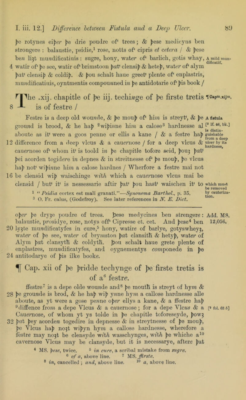 pe rotynes c\\er J)o drie poudre of^ trees; & jjese niedieyns ben strongere : balaustie, psidie,^ rose, iiotts of* cipris et cetera / & feso be« Hit mu/idificatiuis : sugre, honv, water of* barlich, gotis whay, Amiidimm. ^ 1 • o 1 c. ■) dificatif, 4 watir of* fe see, watir of* brimstoon |)at* clensij) & hete)), water of* alym ))at* clensi]) & coldij?. & |)ou schalt haue greet* plente of* enplastris, mu?^di^icatil^is, oyntraentis coinpouMned in J)e antidotarie of* fis book / .xij. chapitle of pe iij. teclii//ge of pe firste tretis noapm^jm. 8 A ig Qf festre / Festre is a deep old wouwde, & fe mouj) of* him is streyt*, & jje gi’Oimd is brood, & he baj) ^wifjinne him a calose® hardnesse al aboute as if were a goos penne or ellis a kane / & a festre ha|) 12 difference from a deep vlcus & a cauernose / for a deep vlcus & cauernose of* wliom if is toold in J>e chapitle tofore seid, Jjouj ))af jjei acorden togidere in depnes & in streitnesse of* fe mouf), J)e vlcus ha)? nof wi))mne him a calose hardnes / Wlierfore a festre mai not 16 be clensid wi)? waischinge wztA which a cauernose vlcus mai be clensid / buf if is nessessarie aftir ))af )jou hasf waischen if to ^ “ P.mlia corte.K est mali granati.”—Sijiionovia Bartliol., p. 35. 2 O. Fr. cal us, (Godefroy). See later references in N. E. Diet. A fistula [* If. 48, bk.] is distin- guisliable from a deep alter by its biirdiiess, which must be removed by cauteriza- tion. ojjer )?e dryje poudre of trees. ))es0 medycines ben strengere: Add. MS. balaustie, prosidye, rose, notys off* Cipresse et. cet. And Jjese^ ben 12,056. 20 ly3te mundilicatyfes in cure,^ bony, watire of barlye, gotyswhey^, water of ])e see, water of brjmiston jjat clansith <fe hety)?, wate?* of Alym )?at clansyth & coldyth. ]3ou schalt haue grete plente of enplastres, muwdificatyfes, and oygnementys componede in fe 24 antitodarye of )jis ilke booke. ^ Cap. xii of pe Jiridde tecliynge of jie firste tretis is of a® festre. ffestre'^ is a depe olde wourede and® ))e mouth is streyt of hym & 28 grouTide is brod, & he ha]? wi]? ywne hy?fi a callose hardnesse alle aboute, as yt were a gose penne o))er ellys a kane, & a ffestre ha)? ®difEence fro??i a depe Vlcus & a cauernose; for a depe Vlc?« & a [»foi.m*] CaueTTiose, of whom yt ys tolde in )>« chapitle toforeseyde, Jjowj 32 )>nt ))ey acorden togedire in depnesse & in streytnesse of ))e mou]?, ))e Vlcus ha)) no^t wi))yn hym a callose hardnesse, wherefore a festre may no^t be clensyde with wassebynges, with )?e whiche a^° cavernose Vlcus may be clansyde, but it is necessarye, aftere ))at * MS. ]>ese, twice. ® in evre, a scribal mistake from »vgre. ® of a, above line. ^ MS. ® in, cancelled ; and, above line. a, above line.