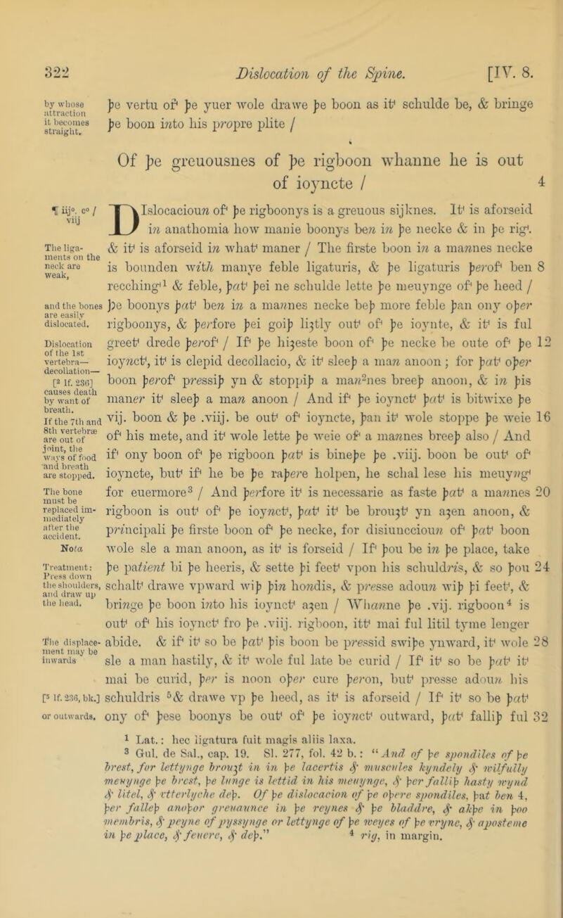 by whose be vertu of* be vuer vvole drawe be boon as if scbulde be, & bringe attniclion ^ r J r jo stmighT* boon i?jto liis p?'opre plite / Of ])e greuousues of f>e rigboon wliamie lie is out of ioyiicte / 4 % ujo. CO / viij Tlie liga- ments on the neck are weak, and the bones are easily dislocated. Dislocation of the 1st vertebra— decollation— [2 If. 23(i] causes death by want of breath. If the 7th and 8th vertebriE are out of joint, the ways of food ami breath are stopped. The bone must be replaced im- mediately after the accident. Nota Treatment: Press down the slionlders, and draw up tlie head. 'flic displace- ment may be inwards [5 If. 233, bk.] or outwards. DIslocaciouw of pQ rigboonys is a greuous sijlcnes. If is aforseid m anatlioinia how manie boonys be?i hi pe necke & in fie rig*. & if is aforseid in whaf maner / The firste boon in a mawnes necke is boiinden wft/i manye feble ligaturis, & fe ligaturis ferof ben 8 recching*^ & feble, faf fei ne scbulde lette fie nieuynge of fe heed / ]3e boonys faf here in a inainies necke bef more feble fan ony ofer rigboonys, & ferfore fei goif li3tly ouf of fe ioynte, & if is fid greef drede ferof / If fe hi^este boon of fe necke be oute of fe 12 ioy?icf, if is clepid decollacio, & if sleef a inaii anoon; for faf ofe?’ boon ferof pj'essif yu & stoppif a maii^iies breef anoon, & i?i fis maner if sleef a maw anoon / And if fe ioyncf fof is bitwixe fe vij. boon & fe .viij. be ouf of ioyncte, fan if wole stoppe fe weie 16 of his mete, and if wole lette f e weie of a mawnes breef also / And if ony boon of fe rigboon faf is binefe fe .viij. boon be ouf of ioyncte, buf if he be fe rafere holpen, he schal lese his meuyjig* for euermore^ / And ferfore if is necessarie as faste faf a mainies 20 rigboon is ouf of fe ioywcf, faf if be brou3f yn a3en anoon, & prfncijiali fe firste boon of fe necke, for disiuucciouw of faf boon wole sle a man anoon, as if is forseid / If fou be m fe place, take fe -^vdient hi fe heeris, & sette fi feef vpon his sclmldn's, & so fou 24 schalf drawe vpward wif fiw hoiidis, & prrsse adouw wif fi feef, & briwge fe boon iwto his ioyncf a3eu / Whawne fe .vij. rigboon^ is ouf of his ioyncf fro fe .viij. rigboon, itf mai ful litil tyme lenger abide. & if if so be faf fis boon bo p?*essid swife ynward, if wole 28 sle a man hastily, A if wole ful late be curid / If if so be faf if mai be curid, fer is noon ofer cure feron, buf presse adouii his schuldris drawe vp fe heed, as if is afor.seid / If if so be faf ony of fese boonys be ouf of fe ioy^jcf outward, faf fallif ful 32 ^ Lat.: hec ligatura fait niagis aliis laxa. 3 Gul. de Sal., cap. 19. SI. 277, fol. 42 b.: “d«/f of \>e spondiles of \>e brest, for lettynge broufb in in pe lacertis mnsciilos kyndely y wilfully meuynye j^e brest, )pe lunge is lettid in his meuynge, 4' j^erfullip hasty wynd 4' litel, 4' vtferlyche de]j. Of i>e dislocaeion of pe o\>('re spondiles, \nit ben 4, per fallep anopor greuaunce in pe reynes 4' bladdre, 4' ^hpe in poo meoibris, 4’poyne of pyssynge or lettynge of pe weyes of pe rryne, 4’ aposteme in pe place, 4'fcucre, 4' dep. * rig, in margin.