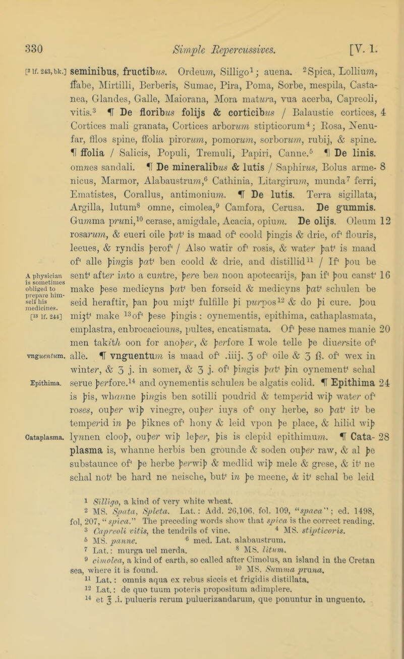 830 Simple Rcpercussives. [V. 1. [Mf. 2i3,bk.] seminibus, fructib?/.?. Ordeu?w, Silligo^; auena. ^gpica^ LoIHuot, Itabe, Berberis, Sumac, Pira, Poma, Sorbe, mespila, Casta- nea, Glandes, Galle, Maiorana, Mora matw?*a, vua acerba, Capreoli, vitis.^ IF De floribws folijs & corticib?/.s- / Balaustie cortices, 4 Cortices mali granata. Cortices arborw??i stipticoruni'^; Rosa, Nenu- far, fllos spine, ffolia pironwz, pomorM??i, sorborw/w, rubij, & spine. 11 ffolia / Salicis, Populi, Tremuli, Papiri, Canue.^ H De linis. omwes sandali. H De mineralibws & lutis / Saphirz^*’, Bolus arme- 8 nicus, Marmor, Alabaustrum,® Cathinia, Litargiru???, inunda^ ferri, Ematistes, Corallus, antimonium. IF De lutis. Terra sigillata, Argilla, lutum® omne, cimolea,® Camfora, Cerusa. De gummis. Gujnma prwni,^® cerase, amigdale. Acacia, opiu??i. De olijs. Oleum 12 rosarmw, & eueri oile is maad of* coold |)ingis & drie, of flouris, leeues, & ryjidis l^erof / Also watir of rosis, & water ))af is maad of alle Jjingis J^af ben coold & drie, and distillid^^ / If pou be A physician sciif after i/zto a curetre, here be?i noon apotecarijs, ban if bou cansf 16 is sometimes le-nc obliged to make bese medicvns baf ben lorseid & medicyns bat* schulen be l)i ep;ue him- •’ J i j r medicines heraftii’, fan fou mi^f fulfille fi p?/.rpos^“ & do fi cure. )2ou [13 If.-244] mi^f make ^^of fese fingis : oynementis, epithima, catbaplasmata, emplastra, enbrocaciouws, pultes, encatismata. Of fese names manie 20 men takit/i oon for anofer, & fe?’fore I wole telle fe diue/’site of vnguentum. alle. IF vnguentu»2 is maad of .iiij. 3 of oile & 3 f?- of wex in winter, & 3 j. in somer, & 3 j. of fi?2gis f«f fin oynement* scbal Epithima. sei’ue fcrfore.^'^ and oynementis schule72 be algatis colid. IF Epithima 24 is fis, wba??ne fi?«gis ben sotilli poudrid & temperid wif wate?' of ro6’es, oufer wif viuegre, oufer iuys of ony herbe, so faf if be temperid \n fe fiknes of bony & leid vpon fe place, & liilid wif Catapiasma, ly?jnen cloof, oufer wif lefer, fis is clepid epitliimu?>7. IF Cata- 28 plasma is, whanne herbis ben grounde A soden oufer raw, & al fe substaunce of fe berbe ferwif & medlid wif mele & grese, & if ne scbal nof be bard ne neiscbe, buf i/i fe meene, ik if scbal be leid 1 Silligo, a kind of very white wheat. 2 MS. Sjxita, Spleta. Lat. : Add. 2(),10fi, fob 109, ed. 1498, fol, 207, “ spica. The preceding words show that sjrica is the correct reading. 3 C/ipri-oli vitis, the tendrils of vine. * MS. st'ndicoris. 6 IMS. ® med. Lat. alabaustruni. ^ Lat.: murga uel merda. ® MS. litum. 2 cimolea, a kind of earth, so called after Ciniolus, an island in the Cretan sea, wiiere it is found. ^IS. <S«ni?«a j^ruzta. Lat.: omnis aqua ex rebus siccis et frigidis distillata. 12 Lat.: de quo tuum poteris propositum adiniplere.