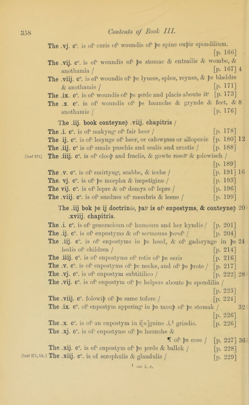 [Ie:it'i71] The .vj. C. is of* ciiris of* wouiidis of* J)c si)inc ou))ir spoiidiliuni. [p. IGO] The .vij. c. is of* woundis of* fe stoiiiac & entrailis & Avombe, & aiiotliamia / [P- The .viij. c”. is oP wouiidis oP pe l^uiere, 8111077, reyiies, & jie bladdre & uiiothaniie / [P- The .ix. c. is oP wouiidis oP pa ^erdo and placis aboute iP [p. 173] The .X. c. is oP wouiidis oP pa liauiiclie & gryiide & feet, & 8 aiiotbainiG / [P- 176] The .iij. hook conteyneji .viij. chapitris / The .i. c”. is oP luakyng' oP fair beer / [p. 178] The ij. c. is oP lesynge oP beer, or calow^nes or allopucie [p. 180] 12 The .iij. o'* is oP sniale pusebis and scabs and crustis / [p. 188] The .iiij. c“ is oP cloo)) and fraclis, & gowte roseP ^olowiscb / [p. 189] The .V. C. is oP sniirtyTig^, scabbe, & icebe / [p. 191] 16 The. vj. c“, is oP ))e niorpbu & inipetigine / [p. 193] The vij. c. is oP lepre & oP domys oP lepre / [p. 196] The .viij. c”. is oP smelnes oP me??7bris & leene / [p. 199] The .iij bok jie ij doctrine, faP is oP enpostyms, & conteyne]? 20 .xviij. chapitris. The .i. c”, is oP generacioun oP buinours and her kyndis / [p. 201] The .ij. c”. is oP enpostyms & oP sennoiuis Jiei’oP / [p. 204] The .iij. c. is oP enpostyms i77 pe heed, & oP gaderyiige in pa 24 bedis oP cbildren / [p. 214] The .iiij. c“. is oP enpostyms oP rotis oP jie eeris [p. 216] The .V. c. is oP enpostyms oP J)e necke, and oP )5c frote / [p. 217] The .vj. c. is oP enpostym subtitilico / [p. 222] 28 The .vij. c”. is oP enpostym oP pa helpers aboute jie spondilia / [p. 223] The .viij. c. foloAviJi oP jje same tofore / [p. 224] The .ix. c. oP enpostym appering* i?t fc mouj? oP Jie stoniak / 32 [p. 226] The .X. c. is oP an enpostym in i[77]guine .i.^ griiidis. [p. 226] The .xj. c. is oP enpostynie oP jie baunche & H oP jie core / [p. 227] 36 The .xij. c”. is oP enpostym oP )je ^erde & ballok / [p, 228] [leal 271,bk.i The .xiij. c. is of scropbulis & glandulis / [p. 229] 1 = (. t'.