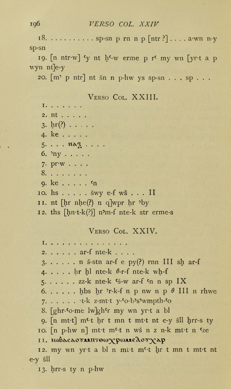 18 sp-sn p rn n p [ntr ?].... a*wn n-y sp-sn 19. [n ntr-w] 'y nt h'-w erme p my wn [yr-t a p Avyn nt]e-y 20. [m’ p ntr] nt sn n p-hw ys sp-sn . . . sp . . . Verso Col. XXIII. I 2. nt 3. bi-(?) 4. ke 5. . . . .... 6. ’ny 7. pr-w .... 8 9. ke 'n 10. hs swy e-f ws . • . II 11. nt [hr nhe(?) n q]wpr hr ’by 12. ths [hn-t-k(?)] n’m-f nte-k str erme-s Verso Col. XXIV. 1 2 ar-f nte-k .... 3 n s-stn ar-f e py(?) rnn III sh ar-f 4 hr hi nte-k 0-r-{ nte-k wh-f 5 zz-k nte-k 's-w ar-f n sp IX 6 hbs hr ’r-k-f n p nw n p 0 III n rhwe 7 -t-k z-mt t y-^o-b’s’wmpth-'o 8, [ghr-'o-me Iwjgh'r my wn yr-t a bl 9. [n mt-t] m^-t hr t mn t mt-t nt e-y sll hrr-s ty 10. [n p-hw n] mt-t m^-t n ws n z n-k mt-t n 'ze 11. iw£i&.cd.oirA».nTeu);)(^puiAJie‘\oT9(^ivp 12. my wn yr-t a bl n mt t m^-t hr t mn t mt-t nt e-y sll 13. hrr-s ty n p-hw