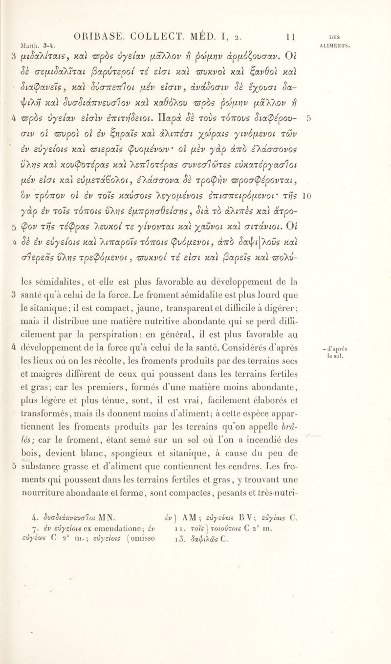 Maltli. 3-4. 3 ixiSoîKhaiçy Kcà ^spos vyzioLV \xaXkov η ρώμην άρμόζονσαν. Oi (5'ε σεμι^ώΧίται βαρύτεροι τε εισι κοά τατυκνο) κα) ζανθοί κοά ■ ^ια(ρανε7ξ y και ^ύσπεττίοι μεν είσιν, άνά^οσιν Sè εγουσι Sa- ·ψίλ)7 κα) ^υσ^ιάττνευσίον και καθολου 'zspoç ρώμην μαΧλον η 4 τΐίροξ υγείαν εΐσ\ν έπιτη'^ειοι. Παρά Sè τουζ τόπουζ Sia(pépov- σιν οΐ τΰυρο) οι εν ζηραίζ κα\ άλιπέσι γώραΐζ γινόμενοι των εν εύγείοιζ καϊ τΰίεραίζ φνομένων' οι μεν γάρ αϊτό ε'Κάσσονθ5 ύ'Κηζ κα] κου^οτεραζ κα) 'λεττΊοτεραβ συνεσΙώτε5 εύκατέργασΊοι μεν εισι και εύμετά^οΧοι y ε'λάσσονα Sè τροπήν ττίροσφέρονται, ον τρόττον οι εν το7$ καύσοι$ 'λεγομενοΐ5 εττισιτειρόμενοί' τη9 γάρ εν το7$ τόττοΐζ ϋ'ληζ εμπρησθείση$ y Sia το αλιττεζ κα) άτρο- 5 (pov τη$ τε(Ρρα$ λευκοί τε γίνονται κα) γαΰνοι κα) σιτάνιοι. Οι 4 ε’ν εύγείοιζ κα) 'λιιταρο7$ τοποί? (φυόμενοι y άττο ^'αψί|λθί;ί κα) σίερεάζ ύ'Κηζ τρεφόμενοι, τίτυκνοί τε εισι κα) βαρε7ζ κα) 'ΰΐοΚύ- 5 10 les sémiclalites, et elle est plus favorable au développement de la 3 santé qu’à celui de la force. Le froment sémidalite est plus lourd que le sitanique; il est compact, jaune, transparent et difficile à digérer; mais il distribue une matière nutritive abondante qui se perd diffi- cilement par la perspiration; en général, il est plus favorable au 4 développement de la force qu’à celui de la santé. Considérés d’après les lieux où on les récolte, les froments produits par des terrains secs et maigres diffèrent de ceux c[ui poussent dans les terrains fertiles et gras ; car les premiers, formés d’une matière moins abondante, plus légère et plus ténue, sont, il est vrai, facilement élaborés et transformés, mais ils donnent moins d'aliment; à cette espèce appar- tiennent les froments produits par les terrains qu’on appelle brû- lés; car le froment, étant semé sur un sol où l’on a incendié des bois, devient blanc, spongieux et sitanique, à cause du peu de 5 substance grasse et d’aliment que contiennent les cendres. Les fro- ments cj[ui poussent dans les terrains fertiles et gras, y trouvant une nourriture abondante et ferme, sont compactes, pesants et très-nutri- 4. ^υσ^ιάττνευσίοι MN. 7. èv ευγείοιί ex emendatione; εν ευγέωζ C 2® m. ; ευγείοιζ (omisso εν'j AM; εΰγείαιζ BV; εΰγίαιζ C. 1 I. 7θΐζλ τοιούτοΐζ C 2^* m. J i3. C. ALIMENTS. - d’après le sol.
