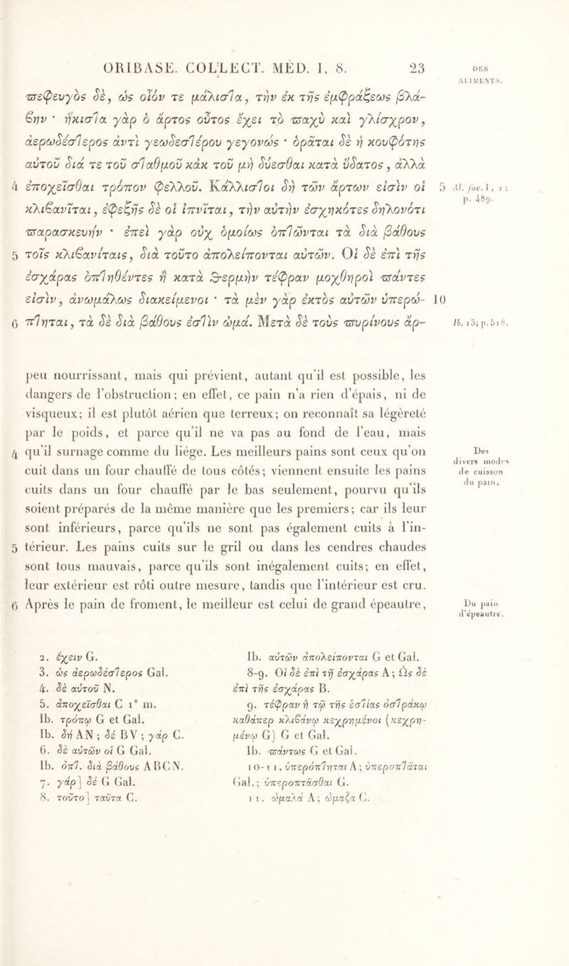 AI.IMKNTS, ύ zse(pevyos Sky ώ$ olbv τε μαλισΊα, την εκ τη? έμ(ρράζεω$ βλά- βην • ηκισΊα yàp ό άρτοζ gvtos εγεί το τΰαχυ xcà y'λίσχρov, άερω^εσίεροζ άντ\ yεωSεσΊεpoυ yεyovωs ' όραται οε η κουβότηζ αυτόν Sià τε τον σΙαθμον κάκ τον μη ^ύεσθαι κατά ν^ατο$, άλλα 4 εττοχ^εΐσθαι τρόπον βε'λ'λον, ΚαΧλίσΙοί Sj) των άρτων είσ)ν οΐ 5 κ'Κίζαν'ίταί, ε^εζηζ Sè οΐ ΐπνΊται, την αντην έσχ^ηκότεζ ^η'Κονότι Ίΰαρασκενην · επε\ yap ονχ^ ομοίω$ οπΊώνταί τα Slol βάθου§ 5 το'ϊ$ JcXiGavnati, Sià τοντο απολείπονται αυτών. Oi <5'ε επ\ τηζ έσγάραζ οπίηθεντεζ η κατά Β-ερμην τεβραν μογβηρο) 'Ζΰάντε9 εΐσ\ν y άνωμαλωζ ^ιακείμενοι ' τα μεν yap ε’κτό$ αυτών νπερώ- 10 ο πίηται, τα §ε Sià βάθονζ εσΤιν ωμά. Μετά Sk τoυs zsvpivovs âp- /t. ι3; [-.Ois. ΛΙ, fac. -i , a p. 489. peu nourrissant, mais qui prévient, autant qu’il est possible, les dangers de l’obstruction; en effet, ce pain n’a rien d’épais, ni de visqueux; il est plutôt aérien que terreux; on reconnaît sa légèreté par le poids, et parce qu’il ne va pas au fond de l’eau, mais 4 qu’il surnage comme du liège. Les meilleurs pains sont ceux qu’on cuit dans un four chauffé de tous côtés ; viennent ensuite les pains cuits clans un four chauffé par le bas seulement, pourvu qu’ils soient préparés de la même manière cjue les premiers ; car ils leur sont inférieurs, parce Cju’ils ne sont pas également cuits à l’in- 5 térieur. Les pains cuits sur le gril ou clans les cendres chaudes sont tous mauvais, parce qu’ils sont inégalement cuits; en effet, leur extérieur est rôti outre mesure, tandis que l’intérieur est cru. 0 Après le pain de froment, le meilleur est celui de grand épeautre. Des divers modes de cuisson du pain, Du pain d'épeaulre. 2. έχ^ειν G. 3. ώζ άερω§έσΊεροζ Gai. 4'. αΰτοΰ N. 5. άτΐοχ^εΤσθαι G m. Ib. τρόττω G et Gai. Ib. AN; Sé BV; ^ap G. 6. Sè αυτών ol G Gai. Ib. οπ7. Sià βάθουξ ABGN. 7. γάρ] Sé G Gai. Ib. αυτών άττολείπονται G et Gai. 8-9. Oi Sè ετΐί τη έσχάραζ A ; èè ετΐϊ τη s έσχάραζ B. 9. τέφραν y\ τώ τηζ έσΊίαζ οσΊράκω καθάτΐερ κλι^άνφ κεχρτημένοι [κεχρη- μένω G) G et Gai. Il), τΰάντωζ G et Gai. 10-11. ύκερότιΊηται A ; ύττεροτιίαται Lai.; ύτΐεροτΐτάσθαι G.