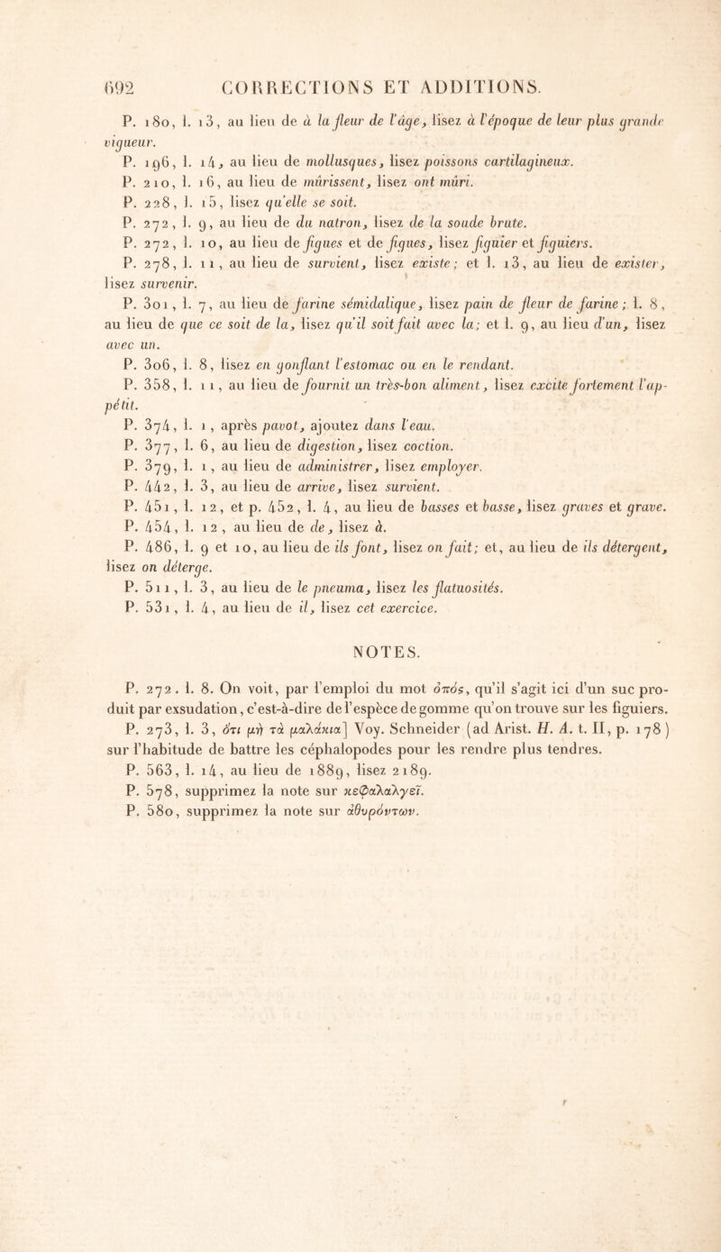 P. i8o, 1. i3, au lien de à la fleur de Vdge, lisez à l'époque de leur plus yrandc vigueur. P. iq6, 1. lÎi, au lieu de mollusques, lisez poissons cartilagineux. P, 2 10,1. i6, au lieu de mûrissent, lisez ont mûri. P. 228, 1. i5, lisez quelle se soit. P. 272, 1. 9, au lieu de du natron, lisez de la soude brute. P, 272, 1. 10, au lieu de figues et de fiigiies, lisez fiiguier et jiguiers. P. 278, 1. 11, au lieu de survient, lisez existe; et 1. 13, au lieu de exister, lisez survenir. P. 3oi, 1. 7, au lieu de farine sémidalique, lisez pain de fleur de farine ; 1. 8, au lieu de que ce soit de la, lisez qu’il soit fait avec la; et 1. 9, au lieu d’un, lisez avec un. P, 3o6, 1. 8, lisez en gonflant l’estomac ou en le rendant. P. 358, 1. 1 I, au lieu de fournit un très-bon aliment, lisez excite fortement l’ap- pétit. P. 374, 1. 1, après pavot, ajoutez dans ïeau. P. 377, 1. 6, au lieu de digestion, lisez coction. P. 379, 1. 1, au lieu de administrer, lisez employer. P. 442, 1. 3, au lieu de arrive, lisez survient. P. 45i, 1. 12, et p. 452, 1. 4, au lieu de basses et basse, lisez graves et grave. P. 454, 1. 12 , au lieu de de, lisez à. P. 486, 1. 9 et 10, au lieu de ils font, lisez on fait; et, au lieu de ils détergent, lisez on délerge. P. 5i 1, 1. 3, au lieu de le pneuma, lisez les flatuosités. P. 531, 1. 4, au lieu de il, lisez cet exercice. NOTES. P. 272. 1. 8. On voit, par l’emploi du mot ôttÔs, qu’il s’agit ici d’un suc pro- duit par exsudation, c’est-à-dire de l’espèce de gomme qu’on trouve sur les figuiers. P. 273, 1. 3, ότι μΰ τα μαλάκια] Voy. Schneider (ad Arist. fi. d. t. II, p. 178 ) sur l’habitude de battre les céphalopodes pour les rendre plus tendres. P. 563, 1. i4, au lieu de 1889, lisez 2189. P. 578, supprimez la note sur κεφα'λα'λγεϊ. P. 58o, supprimez la note sur άθυρόντων.