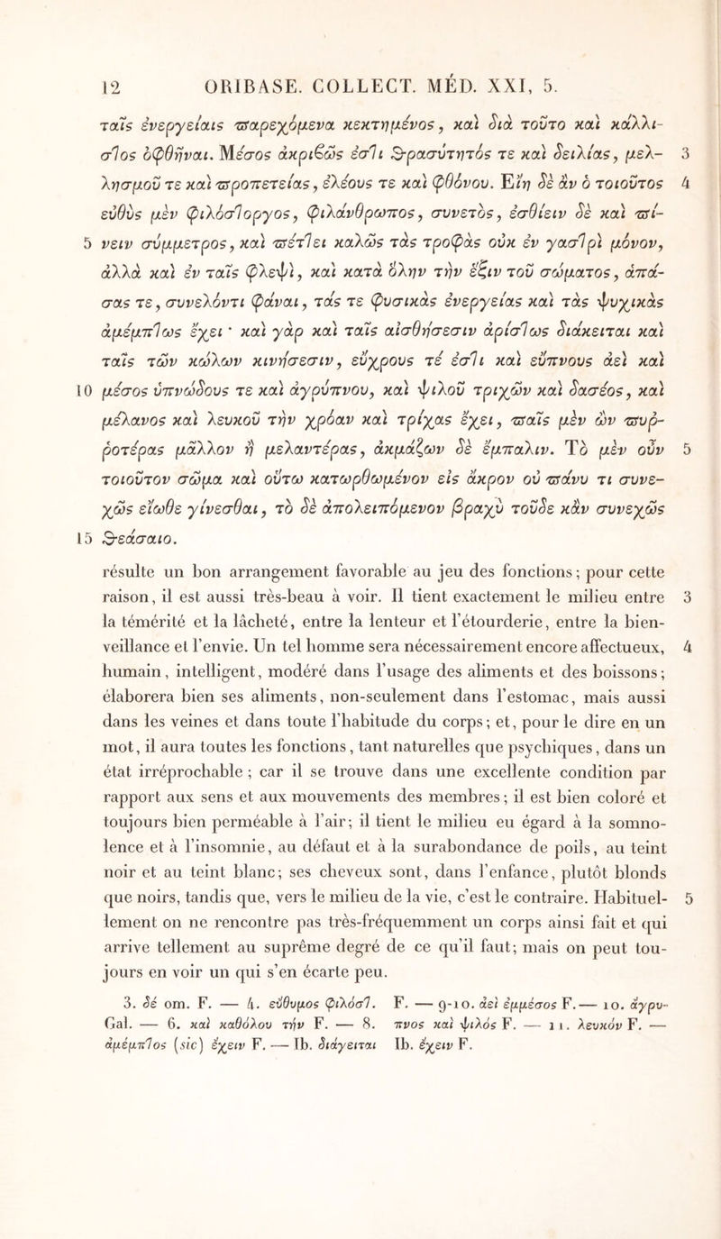 TOUS èvepyetous ζίαρεγ^όμενα κεκτημένο$, κολ Sià τούτο καϊ κοίλλι- alos άφθηναι. Μέσο? àxpiGcJS εσΊι ^ρασύτητ6$ τε κοά ^ειλία5, μελ- 3 λησμοΰ τε κοά 'δτροπετε/α?, èXéovs τε κοά φθόνου. Έίϊη Sè αν ο toiovtos 4 εύθυs μεν φίλ6σ1οργο$, φίλα,νθρω7Τ0$, συνετο$, εσθίειν Sk κα) tsI~ 5 νειν σύμμετροθy κα] τ^ετΊει καλώ$ τά? τροφά$ ούκ εν γασ1ρ] μόνον, άλλα κα] εν tous φλεφ], κα] κατά ολην την εζιν του σωματο$, άπα- σα$ τε, συνελόντι φάναι, τά$ τε φυσικά5 εvεpyεias κα] τά$ άμεμπ1ω$ εγει ' κοά γάρ κα] ταΐ$ αίσθησεσιν άρίσΊω5 ^ιάκειταί κα] Ta'îs των κώλων κινησεσιν, εύγ^ρου5 τε εσΐι κα] εϋ'πνου$ άε] κα] 10 μέσθ9 ύ7ΐνω^ου$ τε κοά άγρυπνου, κα] ψίλο£» τριγών κα] Saaéos, κοά μεkavos κα] λευκοΰ την χρόαν κα] Tpiyas εχει, Tsa'is μ^ν ων τΰυρ- pOTépas μάλλον η μελαντερα5, άκμάζων Sè εμπαλιν. Το μεν ούν 5 τοίοΰτον σώμα κα] οΰτω κατωρθωμενον εΪ9 άκρον ου τΰανυ tl συνε- χώ$ είωθε γίνεσθαι, το Sè άττολειττόμενον βρα,χυ τοΰ^ε καν συνεχώ5 15 Β-εάσαιο. résulte un bon arrangement favorable au jeu des fonctions; pour cette raison, il est aussi très-beau à voir. Il tient exactement le milieu entre 3 la témérité et la lâcbeté, entre la lenteur et l’étourderie, entre la bien- veillance et l’envie. Un tel bomme sera nécessairement encore alfectueux, 4 bumain, intelligent, modéré dans l’usage des aliments et des boissons; élaborera bien ses aliments, non-seulement dans l’estomac, mais aussi dans les veines et dans toute l’babitude du corps ; et, pour le dire en un mot, il aura toutes les fonctions, tant naturelles que psychiques, dans un état irréprochable ; car il se trouve dans une excellente condition par rapport aux sens et aux mouvements des membres ; il est bien coloré et toujours bien perméable à l’air; il tient le milieu eu égard à la somno- lence et à l’insomnie, au défaut et à la surabondance de poils, au teint noir et au teint blanc; ses cheveux sont, dans l’enfance, plutôt blonds que noirs, tandis que, vers le milieu de la vie, c’est le contraire. Habituel- 5 lement on ne rencontre pas très-fréquemment un corps ainsi fait et qui arrive tellement au suprême degré de ce qu’il faut; mais on peut tou- jours en voir un qui s’en écarte peu. 3. èé om. F. — 4. εύθυμοζ (pCkôal. F. — 9-10. άε\ εμμέσοζ F.— 10. άγρυ-^ Gai. — 6. xai καθόλου την F. — 8. tïvos και -φιλόζ F. — 11. λευκόν F. — άμέμττΙοζ [sic) έγειν F. — Tb. 8ιάγειται Ib. £χ^ειν F.