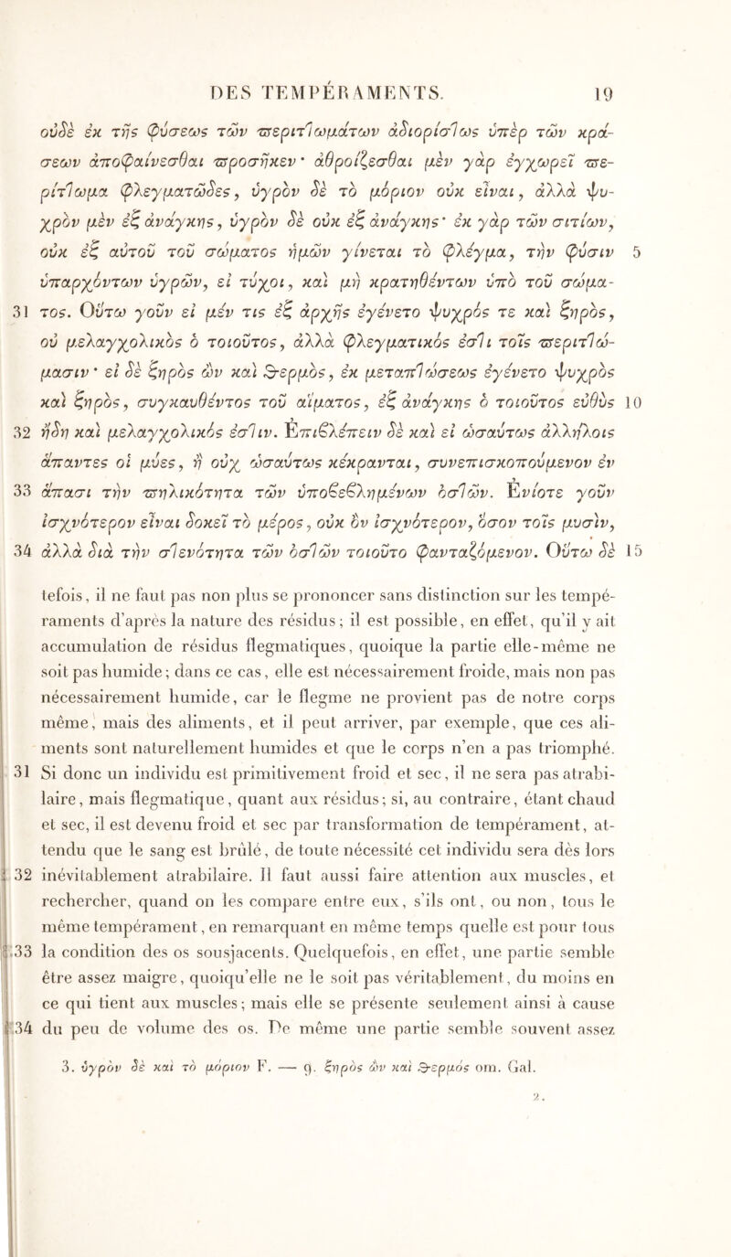 εκ της (ρύσεως των τ^εριτΊωβάτων ά^ιορίσίως ύττερ των κρά- σεων ά7το(ρα.ίνεσθσ.ί τΰροσηκεν * άθροίζεσθαί μεν γάρ εγχωρεΐ τΰε- ρίτΊωμα (ρλεγμάτωνες ^ υγρόν Sè το μόριον ούκ είναι y άλλα ψυ- χροί^ μέν έζ ανάγκης y υγρόν Sè ούκ έζ ανάγκης’ έκ γάρ των σiτίωVy ούκ εζ αύτοΰ του σώματος ημών γίνεται το φλέγμα y την (ρύσιν 5 ύτταργβντων υγρών y εί τύγply καΐ μη κρατηθεντων ύττο του σώμα- 31 τος. Ούτω γοΰν ει μεν τις εζ αργής εγενετο -φυγρός τε κα) ζηρος, ού μελαγγολικος ό τoιoΰτoςy άλλα φλεγματικός εσΐι το7ς ττίεριτίώ- μασιν' ει Sè ζηρος ών κα) ^-ερμος y έκ μεταττίώσεως εγενετο φυχρός και ζηρος y συγκαυθεντος του αίματος y έζ άνάγκης ο τοιούτος εύθύς 10 32 η^η κα) μελαγγολικός έσΊιν. ^ττι^λετΐειν Sè κα) ει ωσαύτως άλληλοις άτΐαντες οΐ μύεςy η ούγ ωσαύτως κέκρανται y συνεττισκοττούμενον èv 33 άττασι την τ^ηλικότητα τών ύιτο^ε^λημενών οσΊών. Ér/οτε γοΰν ίσγνότερον είναι §οκεΊ το μέρος y ούκ όν iσγv6τεp0Vy όσον τοίς μυσ)ν, * 34 άλλα Sia την σ1 ενότητα τών οσΙών τοιοΰτο φανταζόμενον. Οΰτω Si 15 tefois, il ne faut pas non plus se prononcer sans distinction sur les tempé- raments d’après la nature des résidus ; il est possible, en effet, qu’il y ait accumulation de résidus flegmatiques, cjuoique la partie elle-même ne soit pas humide ; dans ce cas, elle est nécessairement froide, mais non pas nécessairement humide, car le flegme ne provient pas de notre corps même, mais des aliments, et il peut arriver, par exemple, que ces ali- I ments sont naturellement humides et c[ue le corps n’en a pas triomphé. I 31 Si donc un individu est primitivement froid et sec, il ne sera pas atrabi- ! laire, mais flegmatique, quant aux résidus; si, au contraire, étant chaud ! et sec, il est devenu froid et sec par transformation de tempérament, at- I tendu que le sang est brûlé, de toute nécessité cet individu sera dès lors f 32 inévitablement atrabilaire. Il faut aussi faire attention aux muscles, et I j rechercher, quand on les compare entre eux, s’ils ont, ou non, tous le ' même tempérament, en remarquant en même temps quelle est pour tous i.33 la condition des os sousjacents. Quelquefois, en effet, une partie semble 1 être assez maigre, quoiqu’elle ne le soit pas véritablement, du moins en ! I ! ce qui tient aux muscles; mais elle se présente seulement ainsi à cause I 34 du peu de volume des os. De même une partie semble souvent assez I 3. vypov Sè και το μόριον F. — q. ζηρος ών κα'ι Q-ερμόζ orn. Gai.