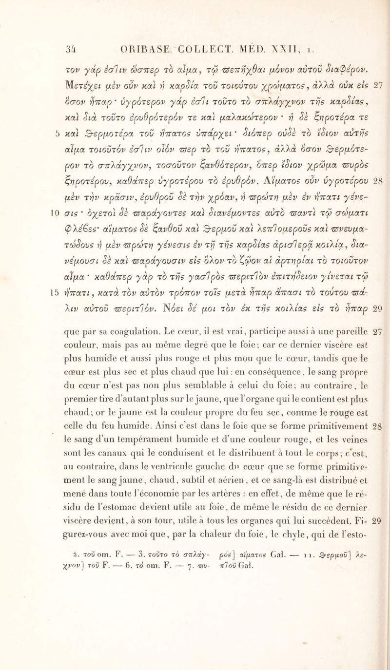 Ίον γάρ εσΐIV ώσπερ το αΙμα, τώ τπεπηγβαί μόνον αύτοΰ Sict<^épov. Μετεχεί μεν ούν και η xapSloi του τοιούτου γ^ρώματο?, αλλά ονκ ε/? 27 όσον ητταρ’ ύγρότερον γάρ έσΐι τούτο το σττλάγγνον τηζ naplias ^ κα] Sia τούτο ερυθρότερόν τε καί μαλακώτερον * η Sè ζηροτερα τε 5 κα] 3·ερμοτερα του ηπατοζ ύττάργει * Sι6πεp ovSe το ïSiov αύτηξ αίμα τοιοΰτόν έσΊιν οίόν τδερ το του ηπατοζ, άλλα όσον 3-ερμοτε- ρον το σπλά'γγνον, τοσοΰτον ζανθότερον, οττερ tSiov χρώμα propos ζηροτερου^ καθάπερ ύγροτερου το ερυθρόν. Αίματο? ούν ύγροτερου 28 μεν την κράσιν^ ερυθρού Sè την χρόαν, η πτρωτη μεν εν ηττατι γενε- 10 σΐζ ' οχετο\ Sè τΰαρά.χοντε^ και Sιavεμovτεζ αύτο τ^αντι τω σώματι Φλε^ε$' αίματοζ Sè ζανθού κα) S-ερμοΰ και λεπίομεροΰζ και π^νευμα- τωSoυζ η μèv τ^ρωτη γένεσίζ εν τγ τη$ KapSias άρισΊερα κοιλία., Sia- νεμουσι Sè κα] τ^αράγουσιν εΐζ ολον το ζωον αΐ άρτηρίαι το τοιούτον αιμα * καθάπερ γάρ το τη$ γασίροζ τΰεριτΊον ε7ΐιτηSειov γίνεται τω 15 ηττατι, κατά τον αυτόν τρόπον τοίζ μετά ήπαρ άπασι το τούτου τΰά- λιν αυτού πτεριτΙόν. Νοεί Sé μοι τον εκ τη$ κοιλίαζ εΐζ το ήπαρ 29 que par sa coagulation. Le cœur, il est vrai, participe aussi à une pareille 27 couleur, mais pas au même degré que le foie; car ce dernier viscère est plus humide et aussi plus rouge et plus mou que le cœur, tandis que le cœur est plus sec et plus chaud que lui : en conséquence, le sang propre du cœur n’est pas non plus semblable à celui du foie; au contraire, le premier tire d’autant plus sur le jaune, que l’organe qui le contient est plus chaud; or le jaune est la couleur propre du feu sec, comme le rouge est celle du feu humide. Ainsi c’est dans le foie que se forme primitivement 28 le sang d’un tempérament humide et d’une couleur rouge, et les veines sont les canaux qui le conduisent et le distribuent à tout le corps; c’est, au contraire, dans le ventricule gauche du cœur que se forme primitive- ment le sang jaune, chaud, subtil et aérien, et ce sang-là est distribué et mené dans toute l’économie par les artères : en effet, de même que le ré- sidu de l’estomac devient utile au foie, de même le résidu de ce dernier viscère devient, à son tour, utile à tous les organes qui lui succèdent. Fi- 29 gurez-vous avec moi que, par la chaleur du foie, le chyle, qui de l’esto- 2. του om. F. — 3, τούτο το στιλάγ- pos] αίματος Gai. — i i. Q-ερμοϋ] λε- χ^νον^ του F. — 6. το om. F. — η. τΰυ- π7οΰ Gai.