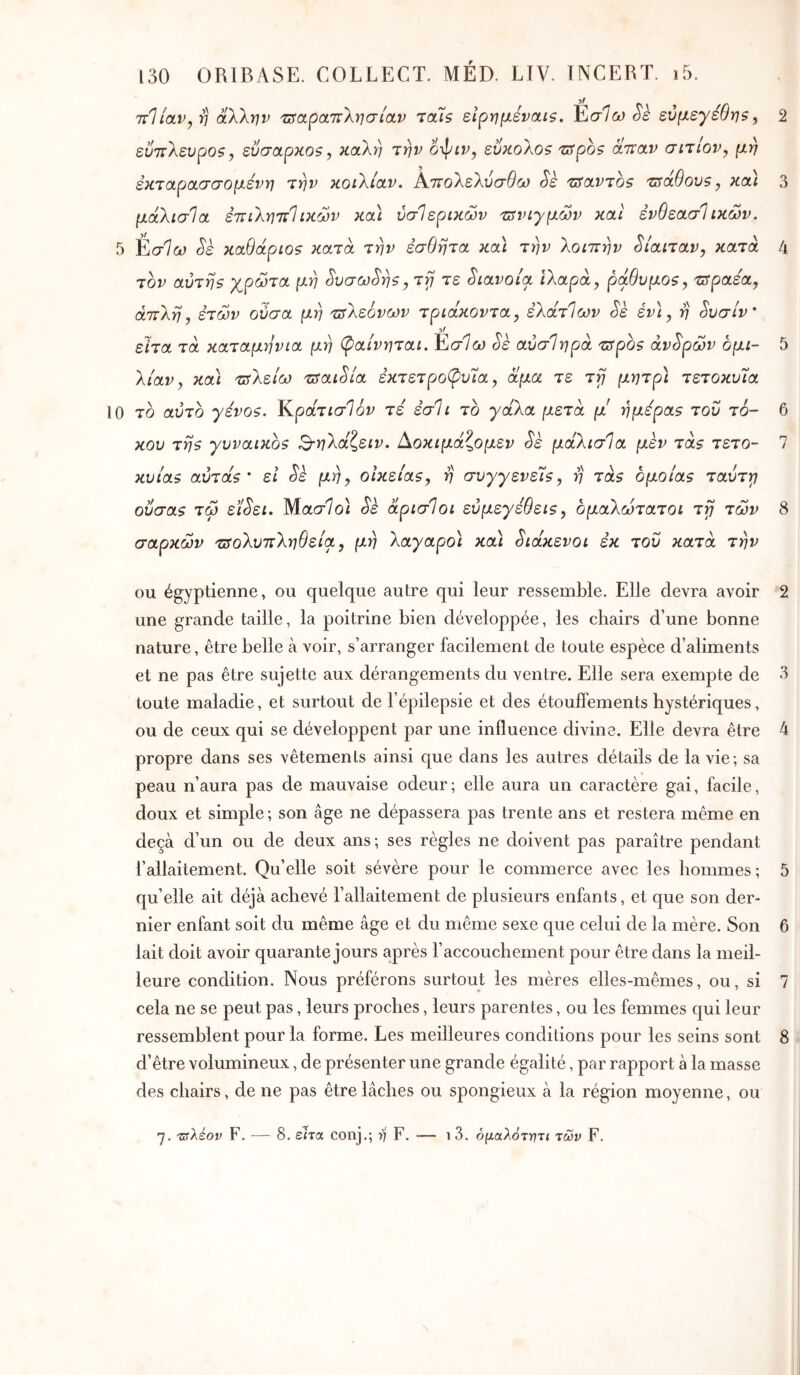 ττΐίαν^η άλλην τιταραπλησίαν τα7$ είρημέναΐζ. Έ^σΐω εύμεγέθη$, ευτΐλευροζ, εύσαρκοζ, καλή την ο-^ιν, εΰκολοζ 'zspoç άιναν σιτίον^ μη έκταρασσομένη την κοιλίαν. Αττολελυσθω Sè τ^αντος τΰάθουβ, κα) μάλισία έπιληττίικών κα) ύσίερικών τ^νιγμών και ένθεασΊικών. 5 Εσΐω Sè καθάριο? κατά την εσθητα κα) την λοιττην δίαιταν, κατά τον αύτη$ χρωτα μη Svaoj^r)?,τγ τε Siavoia ιλαράς ράθυμο?y τΰραεα, άττλη, ετών ούσα μη υΐλεόνων τριάκοντα, έλάτΙων Sè έν), η Suaiv' είτα τά καταμηνια μη φαίνηται. Εσΐω ôè αύσΙηρά 'Zffpb? άνόρών ομι- λίαν, κα) τΰλείω zsai^Îa εκτετρο(ρυ7α, άμα τε τγ μητρ) τετοκνΐα 10 το αυτό γε'νο?. Κράτισθόν τε εσ1ι το χάλα μετά μ! ήμερα? τον τό- κου τη? γυναικο? ^ηλάζειν. Αοκιμάζομεν Sè μάλισία μεν τά? τετο- κυία? αυτά?' ει Sè μη, οικεία?, η συγγενεί?, η τά? όμοια? ταυτγ ούσα? τω εί^ει. Μασ1ο) ^ε άρισΊοι εύμεγεθει?, ομαλωτατοι τγ των σαρκών τ^ολυτιληθεία, μη λαγαρό) κα) ^ιάκενοι εκ του κατά την ou égyptienne, ou quelque autre qui leur ressemble. Elle devra avoir une grande taille, la poitrine bien développée, les chairs d’une bonne nature, être belle à voir, s’arranger facilement de toute espèce d’aliments et ne pas être sujette aux dérangements du ventre. Elle sera exempte de toute maladie, et surtout de l’épilepsie et des étouffements hystériques, ou de ceux qui se développent par une influence divine. Elle devra être propre dans ses vêtements ainsi que dans les autres détails de la vie; sa peau n’aura pas de mauvaise odeur; elle aura un caractère gai, facile, doux et simple ; son âge ne dépassera pas trente ans et restera même en deçà d’un ou de deux ans; ses règles ne doivent pas paraître pendant l’allaitement. Quelle soit sévère pour le commerce avec les hommes; quelle ait déjà achevé l’allaitement de plusieurs enfants, et que son der- nier enfant soit du même âge et du même sexe que celui de la mère. Son lait doit avoir quarante jours après l’accouchement pour être dans la meil- leure condition. Nous préférons surtout les mères elles-mêmes, ou, si cela ne se peut pas, leurs proches, leurs parentes, ou les femmes qui leur ressemblent pour la forme. Les meilleures conditions pour les seins sont d’être volumineux, de présenter une grande égalité, par rapport à la masse des chairs, de ne pas être lâches ou spongieux à la région moyenne, ou 2 3 4 5 6 7 8 2 3 4 5 6 7 8 η. τΰλέον F. — 8. εΤτα conj.; F. — i3. όμαλότγιτι των F.