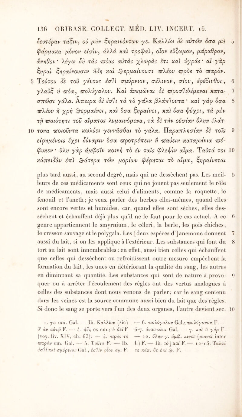 Δευτέραν τάζιν, ού μην ζηραινόντων γε. Καλλ/ω Sè αυτών οσα μη 5 (φάρμακα μόνον εισ]ν, άλλα κα\ Tpo(pa}, οΐον εΰζωμον^ μάραθρον, άνηθον · XéyOi) ^η τάζ τΰόαζ amas yXoôpas ετι κα) vypas * αί γάρ ζηροΛ ζηραίνουσιν η^η κα) ^ερμαίνουσι τΰΧέον τΰρο5 το τΰαρόν. 5 Ύοντου Sè του γενου$ εσΤι σμύρνιον, σεΧινον, σίον, ερέβινθοι, 6 γΧαΰζ η trroa, τ^ίοΧυγαΧον. Καί άνεμώναι Sè ζτροσΊίθέμεναί κατα- 7 σττώσι γάΧα. Απειρα Sé έσΐι τα το ydXa βΧάπΙοντα * καί yàp όσα 8 τΰΧεον η γ^ρη Β-ερμαίνει, κα) όσα ζηραίνει, και 0σα ψυχεί, τα μεν τγ τίοιότητι του αιματο$ Χυμαινόμενα^ τα ^'ε την ουσίαν όΧην ελατ- 10 τονα τΰοιουντα κωλυεί yεvvάσθaι τό yàXa, ΪΙαραπΧησίαν Sè τοί5 0 ειρημενοΐ5 εγει ^ύναμιν όσα τΰροτρέπειν η τΰαύειν καταμηνια τΰέ- ψυκεν ' ϋΧη yàp άμ(ρο7ν κοινή το εν τα7$ (ρΧε4άν αίμα. Ύαΰτά τοι 10 κάπει^άν επ) Β-άτερα των μορίων φέρηται το αίμα, ξηραίνεται plus tard aussi, au second degré, mais qui ne dessèchent pas. Les ineil- 5 leurs de ces médicaments sont ceux qui ne jouent pas seulement le rôle de médicaments, mais aussi celui d’aliments, comme la rocjuette, le fenouil et l’aneth ; je veux parler des herbes elles-mêmes, quand elles sont encore vertes et humides, car, quand elles sont sèches, elles des- sèchent et échauffent déjà plus qu’il ne le faut pour le cas actuel. A ce 6 genre appartiennent le smyrnium, le céleri, la berle, les pois chiches, le cresson sauvage et le polygala. Les [deux espèces d’] anémone donnent 7 aussi du lait, si on les applique à l’extérieur. Les substances qui font du 8 tort au lait sont innombrables : en effet, aussi bien celles qui échauffent que celles qui dessèchent ou refroidissent outre mesure empêchent la formation du lait, les unes en détériorant la qualité du sang, les autres en diminuant sa quantité. Les substances qui sont de nature à provo- 0 quer ou à arrêter l’écoulement des règles ont des vertus analogues à celles des substances dont nous venons de parler; car le sang contenu dans les veines est la source commune aussi bien du lait que des règles. Si donc le sang se porte vers l’un des deux organes, l’autre devient sec. 10 i. ye om. Gai. — Ib. Καλλ/ον (sic) ë’ âv αύτω F. — 4. vëyj ex em.; i) ëeï F (voy. Jiv. XIV, ch. G3). — 4. '^pos το Ίκαρόν om. Gai. — Γ). Τούτο F. — Ib. êaTi •ioil σμύρνίον Gai.; êoTn> oiov σμ. F — 6. τιτολυγαλον Gai.; τιτολυγονον F. — 6-7. άναστιωσι Gai. — 7. καί ô yàp F. — 12, ΰλην y. άμψ. κινεί [κοινεΐ inter 1.) F.·— Ib. To] }iai F.—- 1 2-1 3. Ύαϋτά -(£ κάη. ëè εηί Q-, F.